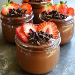 To make Greek yogurt chocolate pudding, gather these key ingredients: - 2 cups Greek yogurt (plain or vanilla) - 1/2 cup unsweetened cocoa powder - 1/3 cup maple syrup (adjust to taste) - 1 teaspoon vanilla extract - 1/4 teaspoon salt These ingredients create a rich and creamy pudding. The Greek yogurt adds a nice tang and protein. The cocoa powder gives it a deep chocolate flavor. Maple syrup sweetens it just right without being too much. Vanilla adds warmth, and a pinch of salt enhances all the flavors. Once your pudding is ready, you can add fun toppings. Here are some great ideas: - Dark chocolate shavings - Sliced strawberries - Crushed nuts Toppings add texture and taste. Dark chocolate shavings bring a nice crunch and more chocolate. Sliced strawberries offer freshness and brightness. Crushed nuts give it a satisfying bite. You can mix and match these toppings to suit your taste. This pudding is flexible. You can try different flavors and styles. Here are some fun variations: - Use almond or coconut yogurt for a different base. - Add a splash of espresso for a mocha twist. - Mix in peanut butter for a nutty flavor. Feel free to experiment! Each variation can bring something new to your pudding. Whether you want it classic or with a twist, this recipe adapts easily. To start, gather your ingredients. You need 2 cups of Greek yogurt, 1/2 cup of cocoa powder, 1/3 cup of maple syrup, 1 teaspoon of vanilla extract, and 1/4 teaspoon of salt. First, take a medium mixing bowl. Sift the cocoa powder into the bowl. This removes any lumps and makes it smooth. Next, add the Greek yogurt, maple syrup, vanilla extract, and salt into the bowl. Now, it’s time to mix! Use a whisk or an electric mixer. Blend the ingredients until the mixture is smooth and creamy. You want it to be thick but soft. Once mixed, taste the pudding. If it’s not sweet enough, add more maple syrup. Mix again until it is just right. After that, pour the pudding into individual serving cups or bowls. Put the cups in the fridge for at least 30 minutes. This helps the pudding firm up and chill. When you’re ready to serve, add your favorite toppings. Dark chocolate shavings, sliced strawberries, or crushed nuts work great. For a fancy look, serve the pudding in clear jars or dessert cups. Layer the toppings on top for a beautiful dessert! To get the best texture, use full-fat Greek yogurt. It adds creaminess. Make sure to sift the cocoa powder first. This helps prevent lumps. When mixing, whisk or use an electric mixer. Blend until smooth and creamy. If it feels too thick, add a splash of milk. This small change makes a big difference. Sweetness matters in this recipe. Start with 1/3 cup of maple syrup. After mixing, taste the pudding. If it needs more sweetness, add a bit more syrup. Just a tablespoon can change the flavor. You can also use honey or agave syrup if you prefer. Adjust until it feels just right for you. Store the pudding in airtight containers. It stays fresh for about 3 days in the fridge. If you want to make it ahead, that’s perfect! Just add toppings before serving. This keeps them crunchy and fresh. If you freeze it, let it thaw in the fridge overnight before eating. Enjoy every bite! {{image_2}} This Greek yogurt chocolate pudding is a tasty treat. Each serving has about 150 calories. The main ingredients are Greek yogurt and cocoa powder. These add flavor and nutrition. The maple syrup adds sweetness and some calories, too. Greek yogurt is a superfood. It has many health benefits. First, it is high in protein. This helps you feel full longer. Second, it is rich in probiotics. These good bacteria help your gut stay healthy. Lastly, it is low in fat, making it a smart choice for dessert. One serving of this pudding has about 10 grams of protein. Greek yogurt is a great source of protein. This can help with muscle repair and growth. It is a perfect addition for anyone who wants a healthy dessert. Plus, it keeps you satisfied longer than sugary snacks. If you want a dairy-free version, use coconut yogurt. It has a creamy texture and a nice taste. Almond milk yogurt is another option. Just make sure it's unsweetened. Both substitutes keep the pudding rich and delicious. You can change the flavor of your pudding easily. Add a pinch of cinnamon for warmth. Try a tablespoon of coffee for a mocha twist. For a fruity touch, mix in pureed bananas or berries. Each option brings a new taste to enjoy. To make this pudding healthier, swap maple syrup for honey or agave. You can also reduce the cocoa powder if you want a lighter chocolate flavor. For added nutrients, mix in chia seeds or ground flaxseed. These swaps will keep it tasty and nutritious. Yes, you can use flavored Greek yogurt. It adds a unique twist to the pudding. Just remember that flavored yogurt may make the pudding sweeter. You might want to cut back on the maple syrup. Experiment with different flavors like honey or vanilla. Each will change the taste, so have fun with it! This pudding stays fresh in the fridge for about 3 to 5 days. Store it in an airtight container to keep it creamy and tasty. If you add toppings, they may not last as long. I recommend adding toppings just before serving. This keeps them crunchy and fresh. If you don’t have maple syrup, you can use honey or agave nectar. Both will give a nice sweetness. You could also try sugar or sweetener of your choice. Just adjust the amount based on how sweet you want it. Always taste as you go to find your perfect balance! This article covered the key ingredients for your pudding, from main elements to optional toppings. I shared step-by-step instructions for making it perfectly. You learned tips for the right texture and sweetness, along with how to store it. Nutritional information highlighted Greek yogurt's benefits and protein content. Finally, we explored fun variations and answered common questions. Experimenting with these ideas can make your pudding unique and tasty. Enjoy your cooking!