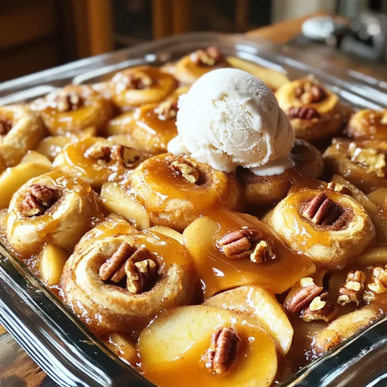 To make this tasty Cinnamon Roll Apple Cobbler, you will need: - 4 medium apples, peeled, cored, and sliced - 1 teaspoon cinnamon - 1/4 teaspoon nutmeg - 1 tablespoon brown sugar - 1 tablespoon lemon juice - 1 can (16 oz) refrigerated cinnamon roll dough - 1/2 cup chopped pecans (optional) - 1/4 cup caramel sauce - Vanilla ice cream for serving (optional) These ingredients blend well for a sweet and warm dessert. The apples bring tartness, and the cinnamon roll dough adds a soft, chewy touch. You can swap some ingredients if you need. Here are a few ideas: - Apples: Use any apple you like. Granny Smith gives a nice tart flavor. - Cinnamon Roll Dough: You can use biscuit dough as a base if you prefer. - Pecans: If you don't like pecans, try walnuts or leave them out. - Caramel Sauce: Chocolate sauce can work if you want a different flavor. These changes keep the recipe flexible and still delicious. Add some fun extras to make your cobbler special: - Chopped nuts: Sprinkle more nuts on top for crunch. - Dried fruits: Add raisins or cranberries for extra sweetness. - Spices: A pinch of ginger or cloves can spice things up. - Ice Cream: Serve with vanilla ice cream for a creamy finish. These options let you create a unique dish that fits your taste. Start by preheating your oven to 350°F (175°C). This step is key to getting a nice, golden brown finish. Next, grab four medium apples. Peel, core, and slice them. Once sliced, place the apples in a large bowl. Add one teaspoon of cinnamon, a pinch of nutmeg (1/4 teaspoon), one tablespoon of brown sugar, and one tablespoon of lemon juice. Toss everything together until the apples are well coated. Now, take a greased 9x13 inch baking dish. Spread the apple mixture evenly in the dish. This helps the apples cook evenly. Open the can of refrigerated cinnamon roll dough. Separate the rolls and cut each roll into quarters. Scatter the quartered rolls over the top of the apple mixture. If you want, sprinkle 1/2 cup of chopped pecans over the cinnamon rolls. This adds a great crunch! Drizzle 1/4 cup of caramel sauce over the cinnamon rolls. This will melt into the dish and add sweetness. Place the baking dish in your preheated oven. Bake for 30 to 35 minutes. Keep an eye on it! You want the rolls to turn golden brown and the apples to become tender. Once baked, remove the dish from the oven. Let it cool slightly before you dig in. For a special touch, serve your warm cobbler with a scoop of vanilla ice cream on top. The cold ice cream pairs perfectly with the warm cobbler. You could also drizzle some extra caramel sauce over each serving for added flavor. Enjoy this dessert fresh from the oven for the best experience! When picking apples for your cobbler, go for firm and crisp ones. Good choices include Granny Smith, Honeycrisp, or Fuji. These apples add a nice tartness and hold their shape well when baked. Avoid soft apples, as they can turn mushy. Fresh apples taste better and give more flavor to your dish. Cinnamon and nutmeg are key spices in this recipe. They brighten up the apples and make your cobbler smell amazing. You can also try adding a pinch of allspice or ginger for extra warmth. Mixing in a dash of vanilla extract can also deepen the flavors. Taste as you go to find what you love most. One mistake is not peeling the apples. The skin can be tough when baked. Another error is cutting the apples too small. They need enough size to hold their shape. Ensure you coat the apples well with spices. Lastly, don't skip the caramel drizzle; it adds sweetness. Follow these tips for a perfect cobbler every time! {{image_2}} For a gluten-free version, use gluten-free cinnamon roll dough. Many brands offer this option. You can find it in most grocery stores. Check the ingredients to ensure they fit your needs. The rest of the recipe stays the same. Enjoy the same warm, sweet taste without gluten! To make this dish vegan, choose a plant-based cinnamon roll dough. You can also use coconut oil instead of butter, if needed. Replace caramel sauce with a vegan alternative. Use coconut milk ice cream or another dairy-free option on top. You will still get the yummy flavors! Feel free to swap apples for other fruits. In summer, use peaches or berries. They add a fresh taste that’s great in warm weather. In fall, pears work nicely. Each fruit brings its own flavor. These changes keep the cobbler exciting and fun each season! To store your cinnamon roll apple cobbler, let it cool first. Place it in an airtight container. This keeps it fresh and tasty. You can store it in the fridge for up to three days. If you have extra, cover it tightly with plastic wrap. This way, it won’t dry out. When you're ready to enjoy your cobbler again, preheat your oven to 350°F (175°C). Place a portion in an oven-safe dish. Cover it with foil to keep it moist. Heat for about 15 minutes. You can also microwave it for 30 seconds to 1 minute. Just check if it’s warm enough before serving. If you want to freeze your cobbler, let it cool completely. Cut it into portions and wrap each piece in plastic wrap. Then, place the wrapped pieces in a freezer bag. Remove as much air as you can. You can freeze it for up to three months. To thaw, move it to the fridge overnight before reheating. Enjoy your delicious treat anytime! The best apples for cobbler are firm and sweet. I love using Granny Smith apples. They add a nice tartness. Honeycrisp is another great choice. It gives a sweet, crisp bite. You can mix different types too. This gives your cobbler a range of flavors. Avoid soft apples, as they turn mushy in baking. Yes, you can use homemade cinnamon rolls! This can add a personal touch. Just make sure they are fully baked first. Cut them into small pieces before adding them to the apples. They will soak up the apple juices well. This makes your cobbler even more delicious. To make cinnamon roll apple cobbler ahead, prepare the apple mix first. Toss the apples with spices and sugar. Place them in a greased dish. Cut the cinnamon rolls and keep them separate. Cover both parts and store them in the fridge. When you are ready, scatter the rolls on top. Bake as directed. This way, you save time and still enjoy fresh cobbler! This blog post covered the key ingredients and steps to make a delicious cinnamon roll apple cobbler. We explored substitutes for ingredients, tips for choosing apples, and more. Remember to avoid common mistakes to make your cobbler shine. Whether you're gluten-free or vegan, variations keep it fun. Storage tips help you enjoy leftovers later. Bake this dish for a warm treat that fits any season. Enjoy the process and share it with others!