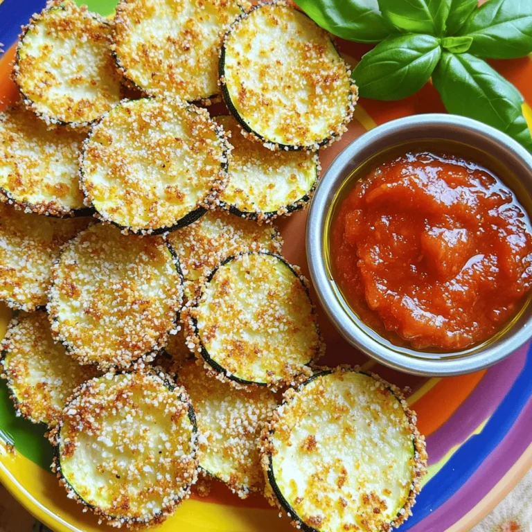 - 2 medium zucchinis, thinly sliced - 1 cup grated Parmesan cheese - 1/2 cup breadcrumbs (use gluten-free if desired) - 1 teaspoon garlic powder - 1 teaspoon onion powder - 1/2 teaspoon paprika - 1 large egg, beaten - Olive oil spray - Air fryer - Shallow bowls - Measuring cups and spoons When making Air Fryer Parmesan Zucchini Chips, having the right ingredients is key. First, you need fresh zucchini. Look for medium ones, as they slice well. Next is grated Parmesan cheese, which gives the chips a rich flavor. Breadcrumbs help them stay crisp; you can use gluten-free ones if needed. For flavor, garlic powder and onion powder add depth. Paprika gives a nice kick. You will also need one large egg to help the coating stick. A light spray of olive oil will give the chips a golden color and extra crunch. To prepare, gather your tools. An air fryer is essential for crispiness. Shallow bowls help with coating the zucchini. Measuring cups and spoons ensure you get the right amounts. Each ingredient plays a role in making these chips a tasty treat. To start, slice the zucchinis into thin rounds. Aim for about 1/8-inch thick slices. This size helps them cook evenly. Next, gather your ingredients. You will need two medium zucchinis, grated Parmesan cheese, breadcrumbs, garlic powder, onion powder, paprika, salt, pepper, and one large egg. In a shallow bowl, mix the dry ingredients. Combine the grated Parmesan, breadcrumbs, garlic powder, onion powder, paprika, salt, and pepper. Stir well until everything is even. In another bowl, beat the egg until it is smooth and mixed. This egg will help the coating stick to the zucchini. Now it’s time to coat the zucchini slices. First, dip each slice into the beaten egg, making sure to let the extra egg drip off. Then, roll the slice in the Parmesan mixture. Press gently to make sure the coating sticks well. Repeat this for all the zucchini slices. Once coated, arrange the zucchini chips in a single layer in your air fryer basket. This helps them crisp up nicely. Lightly spray the chips with olive oil for better crunch. Set the air fryer to 375°F (190°C) and cook for 8-10 minutes. Shake the basket halfway through to ensure even cooking. When they turn golden brown and crispy, they are ready to enjoy! To make these zucchini chips crispy, start with a solid egg coating. The egg helps the Parmesan mix stick to the zucchini. It creates a barrier that keeps moisture in check during cooking. Without it, your chips may turn out soggy. Using olive oil spray is also key. A light spray coats the chips and promotes even browning. This helps them get that golden crisp we all love. Don't overdo it; just a light mist will do. The thickness of your zucchini slices can change how crispy they get. Aim for slices about 1/4 inch thick. Thinner slices will crisp up faster, while thicker ones might need more time. Watch for signs that your chips are ready. They should look golden brown and feel firm. If they still seem soft, give them a minute or two more in the air fryer. For a tasty dip, serve the chips with marinara sauce. The rich flavor pairs perfectly with the cheese. You could also try ranch or a spicy mayo for a twist. Garnishing can elevate your dish. A sprinkle of fresh basil adds color and flavor. You could also add a squeeze of lemon for zest. Get creative with your presentation! {{image_2}} You can boost the taste of your zucchini chips by adding herbs. Try mixing in parsley or oregano with the Parmesan and breadcrumbs. This adds a fresh, herbal note. If you like heat, sprinkle in cayenne or chili powder for a spicy kick. These small changes can make a big difference in flavor. If you need a gluten-free option, use gluten-free breadcrumbs. This keeps the texture but makes it safe for those with gluten sensitivities. For a vegan version, swap the egg with a flaxseed mixture. Mix 1 tablespoon of ground flaxseed with 2.5 tablespoons of water. Let it sit for a few minutes to thicken. Use this as your binding agent. You can make these chips in the oven if you don't have an air fryer. Preheat your oven to 425°F (220°C) and place the zucchini chips on a baking sheet. Bake them for about 20-25 minutes, flipping halfway through. This method still gives you crispy results. If you want to bake instead of air fry, remember to check for doneness. The chips should be golden brown and firm. Adjust the cooking time based on the thickness of your slices. To keep your zucchini chips fresh, I suggest putting them in the fridge. Use an airtight container. This helps keep moisture out and keeps them crispy. If you have leftover chips, try to eat them within two days for the best taste. To enjoy your chips again, reheating is key. The air fryer is the best choice for keeping them crispy. Set it to 375°F (190°C) and heat for about 3-5 minutes. This method revives their crunch. You can also use a microwave, but this may make them soft. So, choose the air fryer for the best results. You can freeze zucchini chips, but timing matters. If you freeze them before cooking, lay them flat on a tray. Once frozen, put them in a bag. This keeps them from sticking together. If you freeze after cooking, cool them first. Store them in an airtight container. Remember, for both methods, use within a month for the best taste. For this recipe, I suggest using medium-sized zucchinis. They are easier to slice and cook evenly. Look for zucchinis that are firm and shiny. Avoid ones with soft spots or blemishes. The best zucchinis offer a nice balance of moisture and crunch, ensuring your chips stay crispy. Yes! You can skip the breadcrumbs if you want. Try using crushed nuts or seeds instead. Ground almonds or pumpkin seeds work well. They add a nice crunch and flavor. Just make sure to adjust the amount of cheese since you won’t have the breadcrumbs to balance it. These chips taste best when fresh. If stored properly, they can last up to three days. Keep them in an airtight container at room temperature. If they lose their crunch, you can reheat them in the air fryer for a few minutes to bring back their crispiness. Absolutely! You can use mozzarella, cheddar, or even pecorino. Each cheese brings a different flavor. Mozzarella will give a milder taste, while cheddar adds a sharp bite. Experiment to find your favorite! Just remember to adjust the amount as some cheeses are saltier than Parmesan. This blog post showed you how to make tasty zucchini chips. We talked about the main ingredients like zucchini and Parmesan cheese. I went over the important tools you need, step-by-step instructions, and tips for crispy chips. You can also try flavor variations and storage tips to keep your snacks fresh. Making these chips is fun and simple. You'll enjoy a healthy snack that’s easy to personalize. So, grab your air fryer and start creating delicious zucchini chips today!