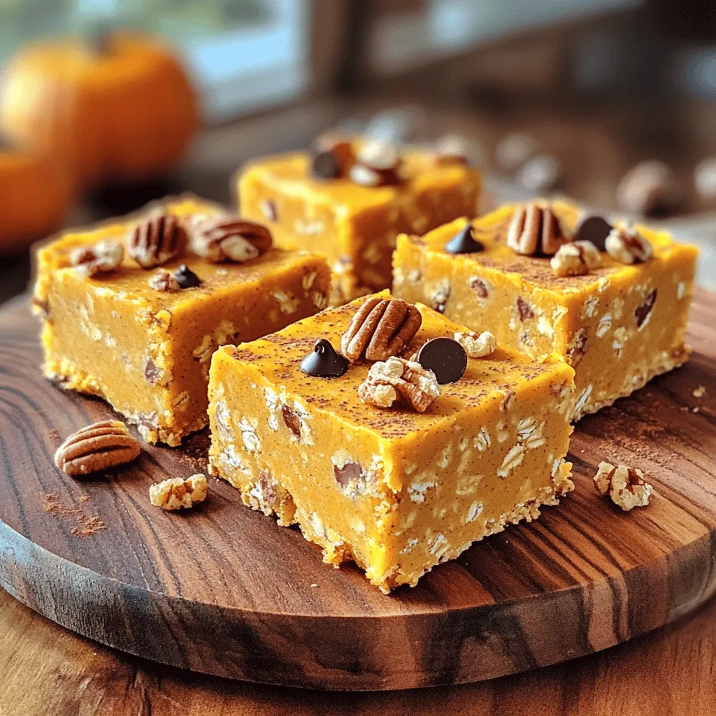To make these tasty bars, you will need: - 1 cup rolled oats - 1/2 cup pecans, chopped - 1/2 cup almond butter (or peanut butter) - 1/2 cup pure pumpkin puree - 1/4 cup maple syrup - 1 tsp vanilla extract - 1 tsp pumpkin pie spice - 1/4 tsp salt These ingredients work together to create a wholesome and satisfying snack. The oats provide great texture. The pecans add a nice crunch. The pumpkin puree makes it creamy and flavorful. You can add some fun twists to your bars by including: - 1/4 cup mini chocolate chips (optional) If you love chocolate, these chips give a sweet bite. You can also consider adding dried fruit or seeds for extra flavor and nutrition. Don’t have almond butter? You can use peanut butter instead. If you're allergic to nuts, try sunflower seed butter. You can swap maple syrup with honey or agave syrup if needed. For a gluten-free option, ensure your oats are certified gluten-free. These substitutions keep the spirit of the recipe while catering to your needs. Enjoy making these bars your own! To start, gather your ingredients. You will need rolled oats, chopped pecans, almond butter, pure pumpkin puree, maple syrup, vanilla extract, pumpkin pie spice, and salt. If you like, you can add mini chocolate chips for a sweet touch. Measure each item carefully for the best results. In a large bowl, combine the rolled oats and chopped pecans. Stir them together until they are well mixed. In another bowl, mix the almond butter, pumpkin puree, maple syrup, vanilla extract, pumpkin pie spice, and salt. Blend these until smooth. Next, pour the pumpkin mixture over the oat and pecan mix. Stir everything until the dry ingredients are coated and sticky. If you want, fold in the mini chocolate chips now for added flavor. Line an 8x8 inch baking dish with parchment paper. Make sure to leave some paper hanging over the sides for easy removal. Transfer the mixture to the dish and press it down firmly with a spatula or your hands. It should be tightly packed to hold its shape when you cut it. Refrigerate the dish for at least 2 hours. This will help the bars firm up nicely. Once set, lift them out using the parchment overhang and cut them into squares or rectangles. Enjoy your tasty treats! To get the best texture for your No-Bake Pumpkin Pecan Oat Bars, focus on the mixing. Combine the oats and pecans well before adding the wet mix. This step helps them soak up flavors. When you add the pumpkin mixture, ensure all dry parts are coated. The mixture should feel sticky but not too wet. Press it firmly into the dish. This helps the bars hold their shape when cut. You can easily enhance the flavor of your bars. Try adding a pinch of cinnamon for warmth. You can also use different nut butters. Almond butter gives a nutty taste, while peanut butter adds richness. For a twist, consider adding dried fruits like cranberries or raisins. They add sweetness and chewiness. If you love chocolate, fold in mini chocolate chips. They melt slightly and give a delightful surprise. For serving, presentation matters. Place the bars on a rustic wooden platter. Add pecan halves on top for crunch. A dusting of pumpkin pie spice looks inviting. These bars pair well with a warm cup of tea or coffee. For a fun twist, serve with a dollop of yogurt or whipped cream. Enjoy them as a snack or dessert. They are great for sharing at gatherings or enjoying solo. {{image_2}} To make these bars gluten-free, you can use certified gluten-free rolled oats. This small change ensures everyone can enjoy them. Look for oats labeled as gluten-free to avoid cross-contamination. The rest of the ingredients are naturally gluten-free, so you're set! These bars can easily fit a vegan diet. Use maple syrup instead of honey, as honey is not vegan. Almond butter or peanut butter works perfectly in this recipe. Just make sure your chocolate chips are dairy-free if you choose to add them. With these swaps, you have a delicious vegan treat! You can customize these bars with fun add-ins. Here are a few ideas: - Dried fruits: Add chopped dates or cranberries for a sweet touch. - Seeds: Mix in chia seeds or flaxseeds for extra nutrition. - Spices: Try adding a pinch of nutmeg or cinnamon for a flavor boost. - Chocolate: For extra richness, increase the mini chocolate chips or use dark chocolate chunks. Feel free to experiment with different flavors and textures. These bars are versatile, and you can make them your own! To keep your no-bake pumpkin pecan oat bars fresh, store them in the fridge. Use an airtight container to prevent them from drying out. This method keeps the bars firm and tasty. They will stay fresh for up to one week in the fridge. If you want them to last longer, consider freezing them. Choose a glass or plastic container with a tight seal. This helps keep the bars moist and protects them from odors. You can also use parchment paper to separate layers if stacking. This way, you avoid sticking and make them easier to grab. To freeze your bars, wrap them individually in plastic wrap. Then, place them in a freezer-safe bag. Make sure to label the bag with the date. This method preserves flavor and texture. The bars can last up to three months in the freezer. When ready to eat, thaw them in the fridge overnight. This keeps them soft and ready to enjoy! Yes, you can use different nut butters. Almond butter works well, but peanut butter is great too. Each butter gives a unique taste. You can also try sunflower seed butter for a nut-free option. These bars can last up to one week in the fridge. Store them in an airtight container to keep them fresh. If you want to keep them longer, consider freezing them for up to three months. If you need a substitute, use sweet potato puree or butternut squash puree. Both give a similar texture and flavor. They will keep your bars moist and tasty. Yes, these bars are great for kids! They are healthy and easy to eat. Plus, you can adjust the sweetness to suit their taste. Just be mindful of any nut allergies. In this post, we covered how to make delicious no-bake pumpkin pecan oat bars. We explored the essential and optional ingredients, step-by-step instructions, and tips for perfect texture and flavor. I shared variations, like gluten-free and vegan options, plus helpful storage advice. These bars are easy to make and fun to share. You can adjust them to your taste and dietary needs. Enjoy these treats whenever you want a quick and tasty snack!