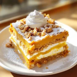 To make delicious pumpkin pie crumble bars, you need the right ingredients. Here’s a list of what you will need: - 2 cups all-purpose flour - 1 cup brown sugar - 1/2 cup granulated sugar - 1 cup unsalted butter, softened - 1 teaspoon baking powder - 1/2 teaspoon salt - 1 cup rolled oats - 1 can (15 oz) pumpkin puree - 1/2 cup sweetened condensed milk - 2 large eggs - 1 teaspoon vanilla extract - 1 teaspoon ground cinnamon - 1/2 teaspoon ground nutmeg - 1/4 teaspoon ground ginger For an extra touch of flavor, you can add crushed walnuts on top. They give a nice crunch and pair well with the soft filling. A sprinkle of powdered sugar can make them look fancy, too. Enjoy experimenting with these options to find your favorite twist! 1. Preheat your oven to 350°F (175°C). 2. Grease a 9x13 inch baking dish or line it with parchment paper. 3. In a large bowl, mix 2 cups of flour, 1 cup of brown sugar, 1/2 cup of granulated sugar, 1 teaspoon of baking powder, and 1/2 teaspoon of salt. Stir well. 4. Add 1 cup of softened butter to the dry mix. 5. Use your fingers or a pastry cutter to blend until it looks like coarse crumbs. 6. Stir in 1 cup of rolled oats. Set aside 1 cup of this mix for topping. 7. Press the rest of the mixture into the bottom of your baking dish. Bake for 10-12 minutes until it turns slightly golden. 1. In a new bowl, whisk together 1 can of pumpkin puree, 1/2 cup of sweetened condensed milk, 2 large eggs, 1 teaspoon of vanilla extract, 1 teaspoon of cinnamon, 1/2 teaspoon of nutmeg, and 1/4 teaspoon of ginger. Mix until smooth. 2. Pour this pumpkin filling over your baked crust. Spread it evenly across the surface. 1. Take the reserved crumble mixture and sprinkle it over the pumpkin layer. 2. Return the dish to the oven. Bake for 25-30 minutes until the filling is set and the crumble is golden brown. 3. Once done, remove the dish from the oven. Let it cool completely in the pan before slicing into bars. To get the right crumble, mix the butter well. You want it to feel like coarse crumbs. Use a pastry cutter for even mixing, but your hands work too. Just be gentle to keep the texture light. The goal is to have a mix that holds its shape but crumbles easily when baked. Baking times may change based on your oven. Factors like pan material and thickness can affect it. Always check for doneness by gently shaking the pan. If the center jiggles too much, give it a few more minutes. The crumble should look golden brown, and the filling should be set when done. Presentation makes a big difference! Dust the bars with powdered sugar to make them look nice. Add a dollop of whipped cream on top for extra flavor. A sprinkle of crushed walnuts adds crunch and style. For drinks, pair these bars with warm apple cider or a spiced latte. {{image_2}} You can twist the flavor of your Pumpkin Pie Crumble Bars in fun ways. Adding chocolate chips gives a sweet touch. I love using semi-sweet chocolate for a nice balance. You can also toss in nuts like pecans or walnuts for a crunchy bite. Try adding about 1 cup of these goodies to your crumble mix. You can switch up the spices too. Instead of just cinnamon, add cardamom or allspice. These spices add warmth and depth. A pinch of cloves can also give your bars a unique twist. Experimenting with flavors keeps each batch exciting. If you need gluten-free bars, swap the all-purpose flour for gluten-free flour. Many brands work well in baking. Just make sure to check the packaging for best results. For those avoiding dairy, use coconut oil instead of butter. You can also find dairy-free sweetened condensed milk at the store. These changes keep the bars tasty for everyone. You can adjust these bars for holidays too. For Thanksgiving, add a splash of maple syrup in the filling. It gives a lovely holiday flavor. For Christmas, try mixing in a bit of peppermint extract. Just a teaspoon can brighten the bars. Incorporating seasonal ingredients is also fun. You can mix in diced apples or pears for a fruity kick. Fresh cranberries can add a tart bite. These twists keep your dessert fresh and exciting all season long. To keep your pumpkin pie crumble bars fresh, store them in an airtight container. This helps prevent them from drying out. I suggest using a glass or plastic container with a tight seal. You can also layer parchment paper between the bars to avoid sticking. These bars stay good in the fridge for about five days. If you want to save some for later, freezing is a great option. Wrap each bar tightly in plastic wrap. Then, place them in a freezer-safe bag or container. This helps avoid freezer burn. They can last up to three months in the freezer. When you're ready to enjoy, just thaw them in the fridge overnight. For the best taste, reheat the bars before serving. You can warm them in the microwave for about 15 to 20 seconds. For a crispier top, heat them in the oven at 350°F for 7-10 minutes. I recommend serving them warm with a dollop of whipped cream. However, they taste great chilled too! Yes, you can use fresh pumpkin. Just roast and puree it first. Make sure to remove excess water. Fresh pumpkin gives a nice flavor. It may change the texture slightly. These bars last about 5 days in the fridge. Store them in an airtight container. They may last longer if frozen, up to 3 months. Just thaw in the fridge before serving. If you need a substitute, try using coconut milk. You can also mix milk with sugar. For a dairy-free option, use almond milk and sugar. Adjust the sweetness to taste. Yes, you can make them a day or two in advance. Just store them in the fridge. This can enhance the flavors. Just let them cool completely before covering. Check if the filling is set and the crumble is golden brown. A toothpick inserted should come out clean. If it wobbles too much, it needs more time. In this article, we covered all you need to know to make pumpkin pie crumble bars. From ingredients and baking steps to useful tips and variations, I aimed to make the process easy and enjoyable. Remember, perfecting the texture and adjusting baking times can turn a good recipe into a great one. With all these tricks and ideas, I hope you feel ready to impress others with your baking. Enjoy your delicious bars, and be proud of your work in the kitchen!