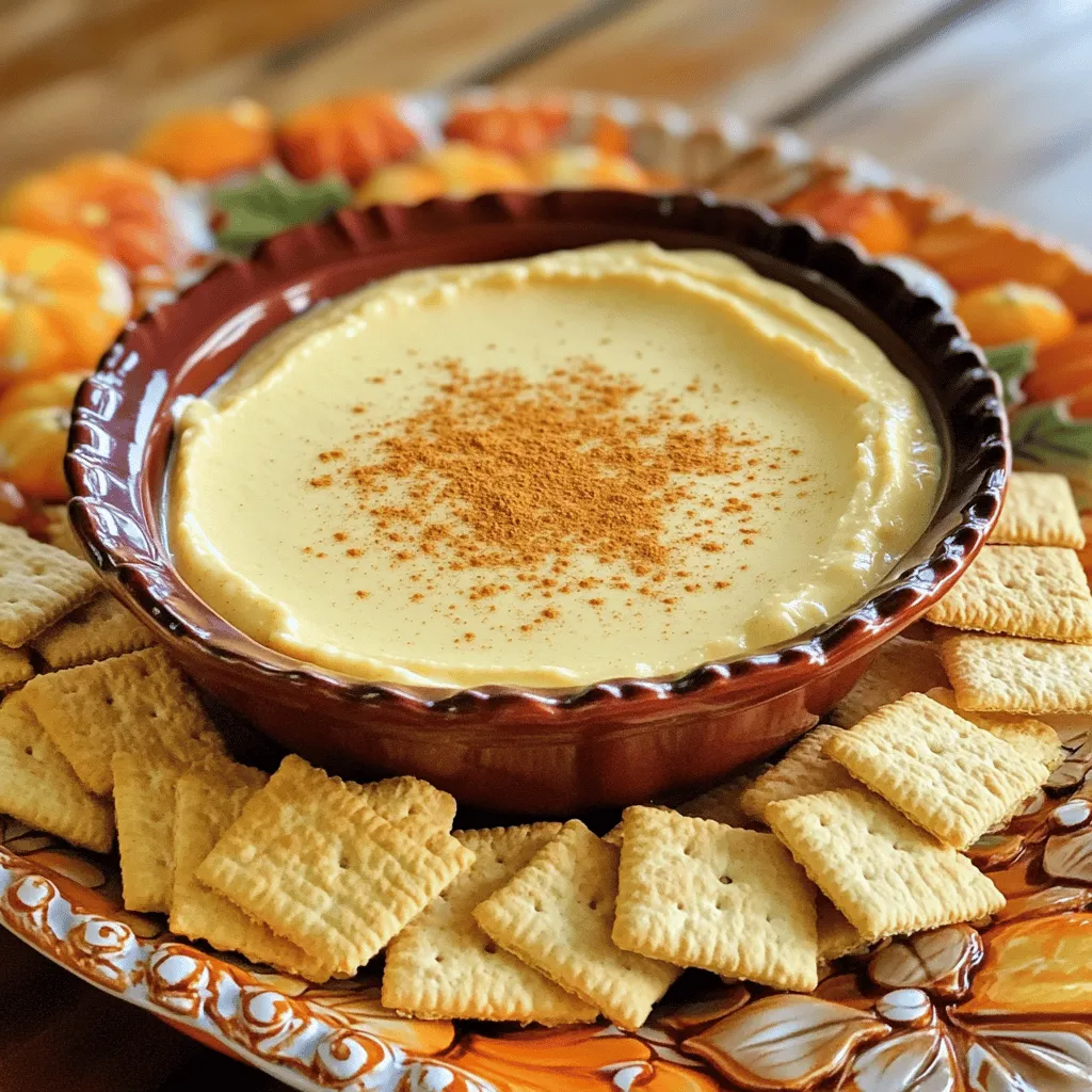 To make this delightful dip, you need the following items: - 8 oz cream cheese, softened - 1 cup pumpkin puree (canned or fresh) - 1/2 cup powdered sugar - 1 teaspoon vanilla extract - 1 teaspoon pumpkin pie spice - 1/2 teaspoon ground cinnamon - 1/4 cup heavy cream - 1 tablespoon maple syrup (optional) - Graham crackers, for serving If you need to convert measurements, here are some easy tips: - 1 cup equals 8 ounces. - 1 teaspoon equals 1/3 tablespoon. Choosing the right ingredients can make a big difference. Here are my tips: - For cream cheese, I like brands like Philadelphia or Organic Valley. They are creamy and smooth. - When picking pumpkin puree, look for 100% pumpkin, not pie filling. It should be bright and thick. - For spices, always opt for organic. They taste fresher and add more flavor! First, grab a large mixing bowl. You will start by beating the cream cheese. Use a hand mixer or a sturdy spoon. Make it smooth and creamy. This step is key for a nice texture. Next, add the pumpkin puree, powdered sugar, vanilla extract, pumpkin pie spice, and ground cinnamon. Mix these on medium speed. Blend until everything is well combined and smooth. Now, let’s whip the heavy cream. In a separate bowl, use a mixer to whip the cream. Whip until you see stiff peaks. This means the cream holds its shape well. It helps to make the dip light and fluffy. Folding whipped cream into the pumpkin mixture takes care. Use a spatula for this. Start with a small amount of whipped cream. Gently mix it into the pumpkin blend. This helps lighten the mixture. Then, add the rest of the whipped cream. Use a folding motion. This means bringing the spatula from the bottom to the top. Turn the bowl as you go. Be gentle to keep the air in the whipped cream. Once everything is mixed, it’s time to serve. Transfer the dip into a serving bowl. Spread it out evenly for a nice look. To add a special touch, you can garnish it. Sprinkle a little extra pumpkin pie spice or ground cinnamon on top. This adds color and flavor. You can also serve it on a festive platter. Arrange graham crackers around the dip. For extra flair, add cinnamon sticks or pumpkin seeds. Enjoy this treat with friends or family! To make your pumpkin spice cheesecake dip perfect, focus on consistency. You want it creamy but not too runny. Start with room-temperature cream cheese. This helps it blend better with the pumpkin puree. Mix the pumpkin puree, powdered sugar, vanilla, pumpkin pie spice, and ground cinnamon until smooth. Taste the mixture and adjust the flavors to your liking. If you want it sweeter, add more powdered sugar. For a richer taste, fold in the heavy cream gently. Graham crackers are a classic choice for dipping. Their crunch pairs well with the creamy dip. You can also try apple slices for a fresh twist. Pear slices work great too! For a fun mix, serve with pretzels or cookies. Offer a variety to please everyone. To enhance fall flavors, add chopped nuts like pecans or walnuts. They give a great crunch and flavor. You can also mix in dried cranberries for a tart kick. If you want to make it holiday-ready, consider adding a splash of bourbon or rum for warmth. Enjoy this dip at gatherings to impress your guests! {{image_2}} You can easily switch up the flavors in your pumpkin spice cheesecake dip. Try using different spices to create a new taste. For example, replace pumpkin pie spice with nutmeg or ginger. These spices add unique notes while keeping that warm, cozy feel. You can also add a splash of orange zest for a fresh twist. This variation brightens the dip and pairs well with the pumpkin flavor. If you want a vegan version, swap cream cheese with a dairy-free cream cheese. Use coconut cream instead of heavy cream for a rich texture. For a sugar-free dip, replace powdered sugar with a sugar alternative. Options like erythritol or stevia work well. They keep the sweetness but cut the calories. This way, everyone can enjoy this tasty treat without worry. You can turn this dip into a cheesecake tart or layered dessert. To make a tart, spread the dip in a pre-baked graham cracker crust. Chill it for a few hours before serving. For a layered dessert, alternate layers of dip and crushed graham crackers in a glass. This creates a fun and beautiful treat. You can also add layers of whipped cream for extra flavor and texture. To keep your pumpkin spice cheesecake dip fresh, store it in an airtight container. This helps prevent air and moisture from spoiling your dip. Make sure to refrigerate it right away. Avoid leaving it out for long periods. Always use a clean spoon when serving to keep it safe. Your dip will stay fresh in the fridge for about 3 to 5 days. After that, the flavors might fade. If you notice any changes in smell or texture, it’s best to toss it. Always trust your senses. They are your best guide for food safety. Yes, you can freeze pumpkin spice cheesecake dip! To do this, place it in a freezer-safe container. Leave some space at the top for expansion. It can last up to 2 months in the freezer. When ready to eat, let it thaw in the fridge overnight. After thawing, give it a good stir to restore its creamy texture. How long does it take to make pumpkin spice cheesecake dip? It takes just 15 minutes to make this dip. You can whip it up quickly for a party or a cozy night in. Just gather your ingredients, mix them, and enjoy! Can I use cream cheese alternatives? Yes, you can use cream cheese alternatives. Options like dairy-free cream cheese work well. This way, you can still enjoy a creamy dip without dairy. Just ensure it blends smoothly with the other ingredients. Should the dip be served cold or at room temperature? You can serve the dip cold or at room temperature. I prefer it cold for a refreshing taste. If you let it sit out for a bit, it will soften slightly, making it easy to scoop. In this post, we explored how to make a delicious pumpkin spice cheesecake dip. We looked at key ingredients, measurements, and quality tips. The preparation steps helped you create the perfect blend. Additionally, I shared tips for serving and storage. You can even try variations for dietary needs. This dip is versatile and perfect for any gathering or season. Enjoy making it your way!