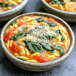 - 1 cup orzo pasta - 2 cups vegetable broth - 1 can (14 oz) diced tomatoes (with juices) - 2 cups fresh spinach, roughly chopped - 1 cup heavy cream - 1 tablespoon olive oil - 1 teaspoon minced garlic - 1 teaspoon dried basil - 1 teaspoon dried oregano - Salt and pepper to taste - Grated Parmesan cheese for garnish One-Pot Creamy Tomato Spinach Orzo starts with simple and fresh ingredients. You need orzo pasta, which cooks fast and absorbs flavor well. The vegetable broth adds depth and warmth. I love using diced tomatoes for their juicy texture and vibrant color. Fresh spinach gives a nice pop of green and nutrition. Heavy cream makes the dish rich and creamy. Olive oil adds a touch of healthy fat and flavor. Garlic, basil, and oregano bring in aromatic herbs that boost the taste. Finally, salt and pepper help balance everything. Don't forget the grated Parmesan cheese for a cheesy finish that makes each bite special. These ingredients come together to create a comforting meal. You can easily find these items at your local grocery store. This recipe is not only delicious but also quick to prepare, making it perfect for busy weeknights. 1. Heat one tablespoon of olive oil in a large pot over medium heat. 2. Add one teaspoon of minced garlic and sauté for about one minute. This step makes the garlic fragrant and flavorful. 3. Pour in two cups of vegetable broth and one can of diced tomatoes, including their juices. Bring this mixture to a gentle boil. 4. Stir in one cup of orzo pasta, one teaspoon of dried basil, one teaspoon of dried oregano, salt, and pepper. 5. Reduce heat to low and let it simmer for about 8 to 10 minutes. Stir occasionally until the orzo is al dente and has absorbed most of the liquid. 1. Add two cups of roughly chopped fresh spinach and one cup of heavy cream to the pot. 2. Stir gently until the spinach wilts and the mixture becomes creamy. This should take about two to three minutes. 3. Taste the dish and adjust seasoning with more salt and pepper if needed. 4. Serve hot in bowls and top with grated Parmesan cheese for a delicious finish. Enjoy your meal! How do you achieve the perfect orzo texture? To get orzo just right, cook it in vegetable broth. This adds flavor. Stir it often while it simmers. This helps it cook evenly. Keep an eye on the time, about 8-10 minutes is best. You want it al dente, so it should be firm but not hard. How can you sauté garlic without burning? Heat olive oil over medium heat. Add minced garlic and stir right away. Cook it for about one minute until it smells good. If it turns brown, you cooked it too long. Burnt garlic can ruin the dish. What are the best ways to serve the dish? Serve the One-Pot Creamy Tomato Spinach Orzo in shallow bowls. This lets the colors shine. The red tomatoes and green spinach look great together. What garnishes and accompaniments work well? Top each bowl with grated Parmesan cheese. Fresh basil adds a nice touch too. You can sprinkle some cracked black pepper for extra flavor. Consider serving with a side of crusty bread for a complete meal. {{image_2}} You can easily switch up the greens in this dish. Kale or arugula works great instead of spinach. These greens add different flavors and textures to the meal. If you're looking for dairy-free options, use coconut cream or cashew cream instead of heavy cream. Nutritional yeast can also replace Parmesan cheese for a cheesy taste without dairy. Want to add some protein? Chicken, shrimp, or tofu can be great choices. Cook them separately, then stir them in at the end for a hearty meal. You can also spice things up! Try adding crushed red pepper for heat, or a pinch of smoked paprika for a smoky taste. Fresh herbs like basil or parsley can brighten the dish, adding freshness with each bite. To store leftovers, let the One-Pot Creamy Tomato Spinach Orzo cool down. Transfer it to an airtight container. Refrigerate for up to three days. When reheating, add a splash of broth or cream to keep it creamy. Heat it slowly on the stove or in the microwave. Stir often to avoid hot spots. Yes, you can freeze One-Pot Creamy Tomato Spinach Orzo. To do this, cool the dish completely. Place it in a freezer-safe container. It can last for up to three months in the freezer. When ready to eat, thaw it overnight in the fridge. Reheat it on the stove, adding a bit of broth or cream as needed. This keeps the dish from drying out and helps retain its creamy texture. How long does it take to cook orzo? It takes about 8 to 10 minutes to cook orzo. You want it to be al dente, meaning it should be firm but not hard. Stir it often to avoid sticking. Can I use other pasta types in this recipe? Yes, you can use other pasta types. Short pasta shapes like penne or fusilli work well. Keep in mind that cooking times may vary. What can I do if I run out of vegetable broth? If you run out of vegetable broth, you can use water instead. You might want to add extra seasonings to boost the flavor. You can also use chicken broth for a richer taste. How to scale the recipe for larger servings? To scale this recipe, simply multiply each ingredient by the number of servings you want. Make sure to adjust cooking times as needed. Can I make this dish in advance? Yes, you can make this dish in advance. Prepare it and let it cool, then store it in the fridge. When ready to serve, just reheat it gently on the stove. This blog post covered a simple and tasty recipe for One-Pot Creamy Tomato Spinach Orzo. You learned the key ingredients and step-by-step instructions to make it. I shared tips for cooking and presenting your dish, plus variations to change up flavors. Remember to store your leftovers well to enjoy later. With this knowledge, you can create a delicious meal that meets various needs. Experiment, and have fun in your kitchen!