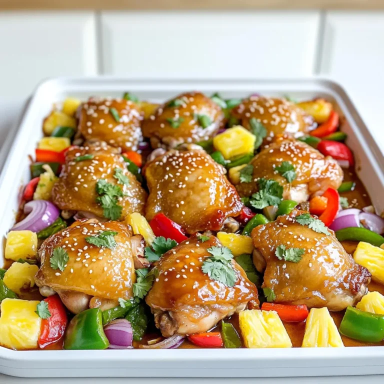- 4 boneless, skinless chicken thighs - 1 cup fresh pineapple, diced - 1 red bell pepper, sliced - 1 green bell pepper, sliced - 1 medium red onion, sliced - 1/4 cup soy sauce (low sodium) - 1/4 cup honey - 2 tablespoons rice vinegar - 2 cloves garlic, minced - 1 teaspoon fresh ginger, grated - 1 tablespoon cornstarch mixed with 2 tablespoons cold water (slurry) - 2 tablespoons sesame oil - Sesame seeds for garnish - Fresh cilantro for garnish (optional) - Salt and pepper to taste When I prepare sheet pan teriyaki chicken pineapple, the main ingredients are vital. The chicken thighs provide a juicy base. Fresh pineapple adds sweetness and a tropical twist. The bell peppers bring color and crunch. The red onion gives a mild bite. Next, the sauce ingredients create a rich flavor. Soy sauce adds depth, while honey balances it with sweetness. Rice vinegar lifts the taste, and garlic and ginger add warmth. The cornstarch slurry thickens the sauce, making it glossy and smooth. Lastly, garnishes and seasoning enhance the dish. Sesame oil adds nuttiness. Sesame seeds give a nice crunch, and fresh cilantro brightens the dish. A sprinkle of salt and pepper ties it all together. Each ingredient plays a role in creating a delicious, colorful meal. 1. Preheating and pan preparation: Start by preheating your oven to 400°F (200°C). This step helps cook the chicken evenly. Next, line a large sheet pan with parchment paper. This makes cleanup simple and easy. 2. Mixing the teriyaki sauce: In a mixing bowl, whisk together the soy sauce, honey, rice vinegar, minced garlic, grated ginger, and sesame oil. This sauce adds great flavor to the chicken and veggies. Make sure it is well mixed for a balanced taste. 1. Seasoning and placing chicken: Season the chicken thighs with salt and pepper. Place them on one side of the sheet pan. Pour half of the teriyaki sauce over the chicken. Ensure each piece is well coated for maximum flavor. 2. Arranging vegetables and roasting: On the other side of the pan, add the diced pineapple, sliced red and green bell peppers, and red onion. Drizzle the rest of the teriyaki sauce over the veggies and toss them to coat evenly. This step ensures all the flavors mingle as they cook. 1. Adding cornstarch slurry: In the last 5 minutes of cooking, remove the sheet pan from the oven. Brush the chicken with the cornstarch slurry. This thickens the sauce and gives it a nice glaze. 2. Serving and garnishing: Once done, take the pan out and let it rest for a few minutes. Sprinkle sesame seeds over the chicken and veggies. Add fresh cilantro if you like. Serve warm for the best taste. To ensure the chicken is cooked correctly, check the internal temperature. It should reach 165°F (75°C). Use an instant-read thermometer for this. If you don't have one, cut into the thickest part. Make sure the meat is no longer pink. For optimal roasting, spread everything out on the sheet pan. This allows the hot air to flow. It helps the chicken and veggies cook evenly. Also, don’t overcrowd the pan. Use two pans if you need more space. You can add spices to boost flavor. Try a pinch of red pepper flakes for heat. A dash of smoked paprika adds depth. Feel free to toss in extra veggies too. Broccoli, snap peas, and carrots work well. Adjusting sweetness and saltiness is easy. If you like it sweeter, add more honey. For a saltier kick, drizzle in more soy sauce. Taste the sauce before you pour it on. This way, you can find your perfect balance. Garnishing ideas can elevate your dish. Sprinkle sesame seeds over the chicken and veggies. Fresh cilantro adds a vibrant touch. You can also add thinly sliced green onions. For serving styles, use a large platter for a family-style meal. Alternatively, plate each serving individually for a nice touch. Pair with jasmine rice or noodles for a complete meal. {{image_2}} Alternative protein options You can swap out chicken thighs for other proteins. Try boneless chicken breasts, pork tenderloin, or even shrimp. Each option gives a different twist to the dish. If you choose pork, adjust the cooking time, as it cooks faster than chicken. Vegan adaptations To make this dish vegan, replace chicken with firm tofu or tempeh. Press the tofu to remove excess moisture, then cube it. Marinate it in the same teriyaki sauce for great flavor. You can also add more veggies like broccoli or snap peas for extra texture. Different fruit combinations Pineapple is great, but you can mix it up! Mango or peach works well too. These fruits add sweetness and a hint of tartness. If you use canned fruit, choose those packed in juice for a fresher taste. Spicing it up with chili or sriracha Want some heat? Add chili flakes or a splash of sriracha to the sauce. This adds depth and can balance the sweetness. Start with a little and taste, then add more if you like it spicy! Suggested side dishes Serve this dish with steamed broccoli, snap peas, or a fresh salad. These sides add color and crunch. You could also try roasted asparagus for a fun twist. Pairing with rice or noodles Rice or noodles are perfect with teriyaki chicken. White rice, brown rice, or even jasmine rice pairs well. If you prefer noodles, try soba or rice noodles. They soak up the teriyaki sauce and make each bite flavorful! To keep your Sheet Pan Teriyaki Chicken Pineapple fresh, follow these tips: - Refrigeration: Place the leftovers in an airtight container. This helps keep moisture in and air out. Store it in the fridge for up to four days. - Freezing Options: You can freeze the dish too! Use a freezer-safe container. Freeze for up to three months. When ready to enjoy, just thaw in the fridge overnight. To enjoy your leftovers again, here’s how to reheat for the best flavor: - Oven Method: Preheat your oven to 350°F (175°C). Place the chicken and veggies on a baking sheet. Heat for about 15-20 minutes or until warm. - Stovetop Method: Heat a skillet on medium. Add a splash of water or broth and cover. This keeps the food moist. Stir occasionally until heated through. Knowing how long your dish lasts is key: - In the Fridge: The dish lasts about four days. After that, freshness declines. - Signs It’s Gone Bad: Look for off smells or changes in texture. If it’s slimy or smells sour, it’s best to throw it away. You can use chicken breasts if you prefer. They are leaner but can dry out. You can also try pork tenderloin or tofu for a different taste. Both options work well with teriyaki sauce. Yes, you can use canned pineapple. Make sure to drain it well. Fresh pineapple has a crisp texture, while canned is softer. Both will add a sweet touch to the dish. Use a meat thermometer to check the chicken. It should reach 165°F (75°C) inside. If you cut into it, the juices should run clear, not pink. This means it is safe to eat. Yes, this recipe is great for meal prep. You can store leftovers in the fridge for up to four days. Just reheat it in the oven or microwave before serving. Serve it with rice or quinoa for a filling meal. Steamed broccoli or snap peas add color and crunch. A simple salad can also balance the sweet flavors of the teriyaki sauce. This blog post covered a tasty teriyaki chicken dish. We looked at key ingredients like chicken thighs, fresh pineapple, and bell peppers. I shared steps to prepare, cook, and serve the meal. You learned tips for cooking and storage. Now, you can customize this dish with variations and enjoy it your way. Remember, cooking should be fun and rewarding. Try these ideas, and make this meal your own!