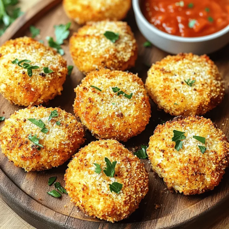 - 1 lb chicken breast, cut into bite-sized pieces - 1 cup breadcrumbs - 1/2 cup grated Parmesan cheese - 2 teaspoons dried Italian herbs (oregano, basil, thyme) - 1/2 teaspoon garlic powder - 1/2 teaspoon onion powder - 1 large egg, beaten - 1 cup marinara sauce (for serving) - Fresh parsley, chopped (for garnish) The main ingredients in this dish are simple yet flavorful. Start with a pound of chicken breast. Cut it into bite-sized pieces for easy eating. The breadcrumbs add crunch and a nice texture. Grated Parmesan cheese gives a great taste. The seasonings make the chicken sing. Dried Italian herbs like oregano, basil, and thyme bring warmth. Garlic powder and onion powder add depth. These flavors blend perfectly with the chicken and crumbs. Don't forget the additional ingredients. You need one large egg to help the crumbs stick. Marinara sauce is a must for dipping. Fresh parsley adds color and a touch of freshness. It’s a simple list, but it creates something amazing. Set your air fryer to 400°F (200°C) and let it warm up for about 5 minutes. This step helps achieve that golden, crispy finish. In a large bowl, mix these ingredients: - 1 cup breadcrumbs - 1/2 cup grated Parmesan cheese - 2 teaspoons dried Italian herbs (oregano, basil, thyme) - 1/2 teaspoon garlic powder - 1/2 teaspoon onion powder - Salt and pepper to taste Stir these together well. You want a uniform mix to coat the chicken evenly. Take each chicken piece and dip it in the beaten egg. Make sure it’s fully coated. Next, roll it in the breadcrumb mix. Press down gently to help the crumbs stick. Set the coated bites on a plate, keeping space between them. Before adding the chicken, lightly spray the air fryer basket with cooking spray. This helps prevent sticking. Then, arrange the chicken bites in a single layer in the basket. Lightly spray the tops of the bites to get them extra crispy. Air fry your chicken bites for 10-12 minutes. Halfway through, shake the basket to ensure even cooking. The chicken should be golden brown and reach an internal temperature of 165°F (75°C). Once cooked, take the chicken bites out of the air fryer and let them cool for a minute. Serve them warm with marinara sauce on the side for dipping. Garnish with chopped parsley for a fresh touch. Enjoy this flavorful meal! To get those perfect crispy bites, cooking spray is key. It helps the coating turn golden and crunchy. Lightly spray both the air fryer basket and the tops of the chicken bites. This step makes a big difference. Positioning matters too. Arrange the chicken in a single layer. Avoid overcrowding the basket. If you pile them up, they won’t cook evenly. You can customize the flavor of your chicken bites. Try different herbs to find your favorite mix. Oregano, basil, and thyme are classic choices but feel free to experiment. Also, think about the breadcrumbs. You can use panko for a crunchier texture or whole wheat for more fiber. Each option gives a unique taste and feel. Cooking time can change based on chicken piece size. If you use larger pieces, you need a bit more time. A smaller piece will cook faster. Always check for doneness. Different air fryer models may also cook differently. Some may need a few more minutes. Always keep an eye on your food to ensure it cooks just right. {{image_2}} You can easily add spinach to your chicken bites. Start by mixing in about one cup of fresh, chopped spinach into the breadcrumb mixture. The spinach adds a nice color and nutrients. It also gives a slight earthiness that pairs well with the chicken. This mix keeps your bites moist and tasty. If you need a gluten-free option, replace regular breadcrumbs with gluten-free breadcrumbs. Many brands offer great alternatives. You can also use crushed gluten-free crackers for added flavor. Check the label to ensure they are safe for your dietary needs. This keeps the dish enjoyable for everyone. You can use different cheeses to change the flavor profile. Try adding mozzarella for a stretchy, gooey bite. Or, mix in some cheddar for a sharper taste. You can even experiment with feta or goat cheese for unique flavors. Each cheese will give the chicken bites a new twist that you can enjoy. To store your chicken Parmesan bites in the fridge, let them cool first. Place the bites in an airtight container. They will stay fresh for up to three days. If you want them to stay crispy, place a paper towel in the container. This helps absorb moisture. For long-term storage, freezing is best. First, let the bites cool completely. Then, arrange them on a baking sheet in a single layer. Freeze for about one hour. Once frozen, transfer them to a freezer bag. Remove as much air as you can. They will keep well for up to three months. To reheat the chicken bites, the air fryer is your best friend. Preheat the air fryer to 350°F (175°C). Place the bites in a single layer. Heat for about 5 to 7 minutes. This method helps keep them crispy. You can also use an oven at 375°F (190°C). Just remember to check them often. Yes, you can make these chicken bites ahead. Prepare the coating and chicken pieces. Then, store them in the fridge for up to 24 hours. When ready to cook, just preheat the air fryer and follow the cooking steps. This saves time and makes dinner easy. These chicken bites pair well with various sides and sauces. Here are some great ideas: - Marinara sauce for dipping - Garlic bread for a crunchy side - A fresh salad for a light touch - Steamed veggies for a healthy option Check the internal temperature of the chicken. You want it to reach 165°F (75°C). Use a meat thermometer for accuracy. If you don’t have one, cut a piece open. The meat should be white, and juices should run clear. Yes, you can switch proteins for this recipe. Here are a few tasty options: - Turkey breast for a leaner choice - Pork tenderloin for a different flavor - Tofu for a plant-based option Each alternative will have a unique taste and texture. Adjust cooking times as needed. This blog post covered how to make tasty Air Fryer Chicken Parmesan Bites. We discussed the key ingredients, seasonings, and additional items needed. You learned step-by-step instructions, tips for crispiness, and variations to try. Remember to store your bites properly for the best taste later. You can customize this dish to fit your taste or dietary needs. With a few adjustments, you can make it your own. Enjoy cooking these delicious chicken bites!