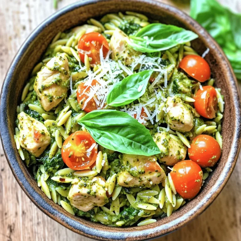 - 1 cup orzo pasta - 2 chicken breasts, diced - 2 tablespoons olive oil - 2 cloves garlic, minced - 1 cup spinach, roughly chopped - 1 cup cherry tomatoes, halved - 1 cup heavy cream - 1/2 cup basil pesto - 1/4 cup grated Parmesan cheese - Salt and pepper to taste - Fresh basil leaves for garnish Using fresh ingredients makes a big difference. Choose vibrant spinach and ripe cherry tomatoes. Check the scent of garlic; it should be strong and spicy. Look for good-quality basil pesto. If you can, get it from a local store or make it fresh. Fresh Parmesan cheese also tastes better than pre-grated. You can swap orzo with any small pasta, like ditalini or couscous. If you want a lighter dish, use chicken thighs instead of breasts. For a plant-based option, try chickpeas or tofu. If you don’t have heavy cream, use a mix of milk and butter. You can also change up the greens; kale or arugula work well too. First, fill a pot with water and add salt. Bring it to a boil. Add 1 cup of orzo pasta. Cook it according to the package instructions. You want the orzo to be al dente, which means it should be firm but not hard. This usually takes about 8-10 minutes. Once done, drain the orzo and set it aside. Next, grab a large skillet and heat 2 tablespoons of olive oil over medium-high heat. Add 2 diced chicken breasts to the skillet. Season them with salt and pepper to your liking. Cook for about 5-7 minutes. You want the chicken to be golden brown and fully cooked. Once it’s done, take it out of the skillet and set it aside. In the same skillet, add 2 minced garlic cloves. Sauté them for about 1 minute. You will smell a nice, fragrant aroma. Next, toss in 1 cup of roughly chopped spinach and 1 cup of halved cherry tomatoes. Cook these for about 2-3 minutes until the spinach wilts and the tomatoes soften. Now, reduce the heat to low. Pour in 1 cup of heavy cream. Stir in 1/2 cup of basil pesto and 1/4 cup of grated Parmesan cheese. Mix until the sauce is creamy and well combined. Now, it’s time to bring it all together. Add the cooked orzo and the sautéed chicken back into the skillet. Toss everything together gently until it’s heated through. Taste and adjust the seasoning with more salt or pepper if needed. Remove the skillet from the heat and let it sit for a few minutes. Before serving, garnish with fresh basil leaves. Enjoy your creamy pesto chicken orzo! To cook juicy chicken, start with even-sized pieces. This helps them cook uniformly. Season the chicken with salt and pepper before cooking. Heat olive oil in a pan until it shimmers. Add the chicken and let it sear without moving it. This creates a nice brown crust. Cook until the chicken is golden and no longer pink inside, usually about 5-7 minutes. Always use a meat thermometer for safe cooking. The chicken should reach 165°F (75°C). To boost the flavor, you can add a squeeze of lemon juice at the end. Fresh herbs like thyme or oregano work well too. If you enjoy a bit of heat, consider tossing in crushed red pepper flakes. You can also mix in other veggies like bell peppers or zucchini for more color and nutrition. Experiment with different types of pesto, such as sun-dried tomato or arugula. This can change the dish's flavor profile significantly. One common mistake is overcooking the orzo. Cook it only until al dente. This keeps it firm and prevents mushiness. Another mistake is not allowing the cream sauce to simmer gently. If it boils too hard, the sauce may separate. Always stir the sauce well to combine the cream, pesto, and cheese before adding the orzo. Finally, taste your dish before serving. Adjust the seasoning to your liking for the best result. {{image_2}} You can easily make this dish vegetarian. Try using tofu or tempeh instead of chicken. These options soak up flavor well. Cook them just like you would the chicken. For a great taste, marinate them in the pesto sauce before cooking. Adding more veggies can boost nutrients and flavor. You might try bell peppers, zucchini, or broccoli. Simply chop them and sauté them with garlic. Add them into the creamy sauce. This makes the dish colorful and healthy. Orzo is great, but you can switch it up. Consider using farro, quinoa, or even whole wheat pasta. Each option brings its own flavor. Just adjust the cooking time to match the pasta you choose. Enjoy experimenting with different types! To store leftovers, let the dish cool first. Transfer it to an airtight container. Keep it in the fridge for up to three days. Make sure to cover it tightly to keep the flavors fresh. For reheating, use the stovetop for the best texture. Heat a skillet on low. Add a splash of water or cream to keep it moist. Stir gently until heated through. You can also use a microwave, but it may dry out the dish. You can freeze Creamy Pesto Chicken Orzo for up to three months. Use a freezer-safe container and label it with the date. When ready to eat, thaw it overnight in the fridge. Reheat it on the stovetop for the best results. You can use milk and butter as a substitute for heavy cream. Mix 3/4 cup of milk with 1/4 cup of melted butter. This will give you a creamy texture. You can also try using Greek yogurt. It adds creaminess and a tangy flavor. Yes, you can make this dish ahead of time. Cook the orzo and chicken, then mix them with the sauce. Store it in the fridge in an airtight container. When you’re ready to eat, simply reheat it on the stove or in the microwave. This dish pairs well with a fresh salad. A light Caesar or garden salad works great. You can also serve garlic bread on the side. It adds a nice crunch and complements the creamy sauce. To check if the chicken is done, cut into a piece. The meat should be white and not pink. You can also use a meat thermometer. The internal temperature should reach 165°F (75°C). This ensures the chicken is safe to eat. This blog post covered all aspects of making Creamy Pesto Chicken Orzo. We went through every ingredient and offered tips to choose the freshest ones. You learned step-by-step cooking instructions and discovered helpful tricks to avoid mistakes. There were different variations to suit your taste and ways to store leftovers safely. When you try this dish, remember to be creative. Enjoy making it your own. Your kitchen will smell amazing, and your taste buds will thank you!