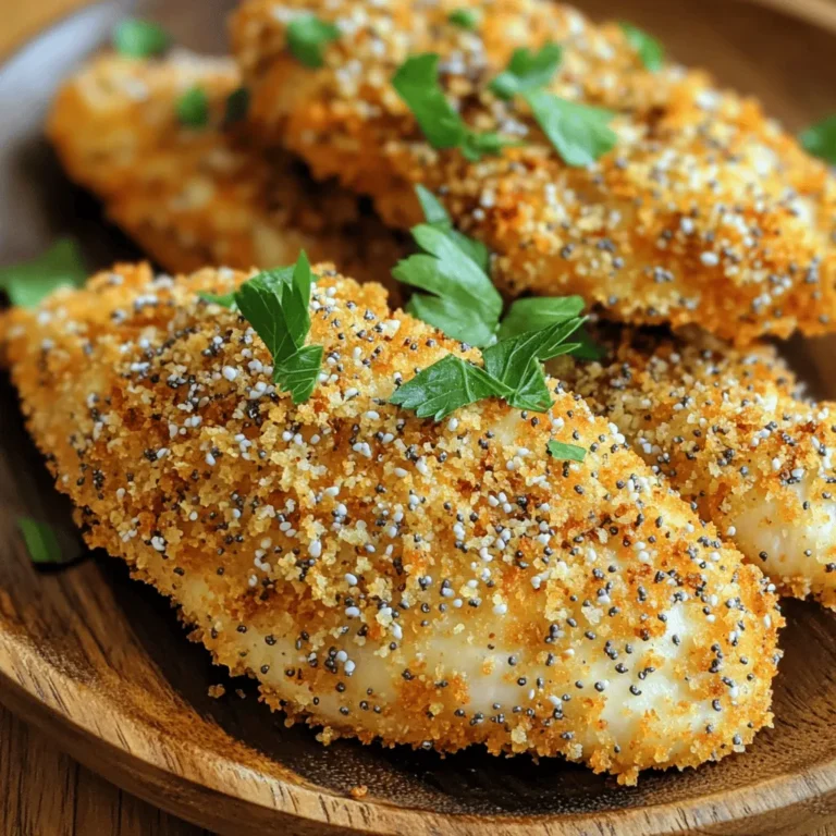 - 1 lb chicken tenders - 1 cup buttermilk (dairy-free alternative) - 1 cup all-purpose flour - 1 teaspoon garlic powder - 1 teaspoon onion powder - 1 teaspoon paprika - 1 teaspoon salt - 1/2 teaspoon black pepper - 1 cup panko breadcrumbs - 2 tablespoons everything bagel seasoning - Olive oil spray This recipe uses simple, fresh ingredients to create amazing flavors. The chicken tenders soak in buttermilk, which makes them juicy and tasty. The coating comes from a mix of flour and tasty spices. I like to add panko breadcrumbs for that perfect crunch. The everything bagel seasoning gives it a unique twist that is hard to resist. Make sure you have all these ingredients ready. It helps the cooking process go smoothly. Each ingredient plays a key role in the final dish. You can even switch some items to make it your own. For example, use a dairy-free milk if you want. You can also try different spices based on your taste. Enjoy exploring these options! First, soak the chicken tenders in buttermilk. This step helps to make the chicken juicy and flavorful. You should marinate them for at least 30 minutes. If you have more time, you can soak them for up to 4 hours. This longer soak adds more flavor and tenderness. Next, grab a shallow bowl. Combine the flour, garlic powder, onion powder, paprika, salt, and black pepper. Mix these well to make sure the flavors blend. In a second shallow bowl, mix the panko breadcrumbs with the everything bagel seasoning. Toss these together until they are evenly coated. Now it’s time to cook! Preheat your air fryer to 400°F (200°C). Once it’s hot, take the chicken from the buttermilk. Let any extra buttermilk drip off. Dredge each chicken tender in the seasoned flour first. Make sure to shake off any extra flour. Then, dip each tender in the everything bagel breadcrumb mix. Press gently to help the crumbs stick well. Place the breaded tenders in a single layer in the air fryer basket. Lightly spray the tops with olive oil spray. Cook for 10-12 minutes. Flip the chicken halfway through to ensure even cooking. Check the internal temperature; it should reach 165°F (74°C) for safe eating. After cooking, let the tenders rest for a few minutes before serving. To get that satisfying crunch, use olive oil spray. It helps the breadcrumbs crisp up nicely. Before cooking, lightly spray the tops of the chicken tenders. This small step makes a big difference! Adjust cooking time if needed. If your air fryer runs hot, check them a bit early. You want a golden brown color. Keep an eye on them to avoid overcooking. Soak the chicken tenders in buttermilk for at least 30 minutes. This step is key for tender, juicy chicken. You can soak them for up to 4 hours for even better results. Cook the chicken at 400°F (200°C). This high heat helps seal in moisture and gives a great texture. Always check the internal temperature. It should reach 165°F (74°C) for safe eating. Pair these tenders with great dipping sauces. Honey mustard is a classic choice. You can also try ranch or barbecue sauce for variety. For a nice touch, garnish with freshly chopped parsley. This adds color and freshness to your dish. Serve hot for the best flavor and crunch! {{image_2}} You can play with different seasonings to change the flavor. Try adding lemon zest for a bright note. Smoked paprika gives a nice depth. For a spicy kick, use cayenne pepper. You can also switch up the breadcrumbs. Try using Italian-style breadcrumbs for a twist. Or, use crushed cornflakes for a fun crunch. If you want to switch proteins, turkey tenders work great. They hold flavor well and stay juicy. For a vegetarian option, use cauliflower or eggplant. Cut them into strips and follow the same breading process. They’ll be crunchy and tasty! You can make everything bagel chicken in the oven too. Preheat your oven to 400°F (200°C). Place the chicken on a baking sheet lined with parchment paper. Bake for 15-20 minutes until golden. If you prefer a frying pan, heat oil over medium heat. Cook the tenders for about 5-7 minutes on each side. They’ll still be crispy and delicious! To keep your chicken tenders fresh, store them in the fridge. Place them in an airtight container. This helps prevent moisture loss. Try to eat leftovers within three days for best taste. The air fryer is the best way to reheat these tenders. Set it to 350°F (175°C). Cook for about 5 minutes. This will keep them crispy. Avoid using the microwave, as it can make them soggy. You can freeze both uncooked and cooked tenders. For uncooked tenders, place them in a freezer bag. Squeeze out as much air as possible. For cooked tenders, let them cool first. Then, wrap individually in plastic wrap. When you're ready to cook, thaw uncooked tenders in the fridge overnight. For reheating cooked tenders, use the air fryer as mentioned above. Yes, you can use frozen chicken tenders. Just adjust the cooking time. I recommend adding 3-5 minutes to the cooking time. Check the internal temperature to ensure it reaches 165°F (74°C). This will help keep your tenders juicy and safe to eat. Many sauces pair well with these tenders. Here are some popular options: - Honey mustard - Ranch dressing - BBQ sauce - Spicy mayo - Ketchup These sauces complement the flavors of the everything bagel seasoning and add extra taste. To check if the chicken is done, use a meat thermometer. Insert it into the thickest part of the tender. The chicken should reach an internal temperature of 165°F (74°C). The meat should look white and the juices should run clear, not pink. This ensures your chicken is safe and delicious. You now have a complete guide to making delicious Everything Bagel Chicken Tenders. We covered the main ingredients, preparation, and cooking steps. I shared tips for a perfect crunch and suggested variations for flavor and alternatives. Storing and reheating instructions help you enjoy your meal later. Remember, small adjustments can make a big difference in taste and texture. Use this recipe to impress friends and family. Enjoy your tasty creation!