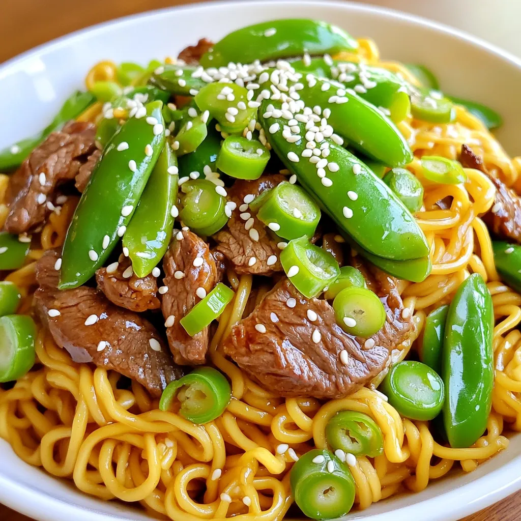 To make savory sesame garlic beef noodles, gather these items: - 8 oz. beef sirloin, thinly sliced - 8 oz. egg noodles - 3 tablespoons sesame oil - 4 garlic cloves, minced - 2 tablespoons soy sauce - 1 tablespoon oyster sauce (optional) - 1 tablespoon sriracha or chili sauce (adjust to taste) - 1 cup snap peas, trimmed - 2 green onions, sliced - Sesame seeds, for garnish You can swap some ingredients if needed. Use chicken or tofu instead of beef. For gluten-free noodles, try rice noodles. You can replace soy sauce with tamari for a gluten-free option. If you don’t have snap peas, use bell peppers or broccoli. For a milder dish, skip the sriracha or use less. To make this dish, you need a few tools. A large skillet or wok helps cook the beef and veggies. Use a pot for boiling the noodles. A sharp knife and cutting board are essential for slicing the beef and veggies. Finally, have measuring spoons handy for measuring sauces. Start by boiling water in a large pot. You want the water to be rolling and hot. Add 8 oz. of egg noodles to the pot. Cook them according to the package instructions. This usually takes about 5-7 minutes. You want them to be al dente, so don’t overcook! Once done, drain the noodles and set them aside. Next, grab your large skillet or wok. Heat 2 tablespoons of sesame oil over medium-high heat. Once the oil is hot, add 8 oz. of thinly sliced beef sirloin. Cook the beef for 2-3 minutes. You want it to be browned and cooked all the way through. After it cooks, remove the beef from the skillet and set it aside on a plate. In the same skillet, add the last tablespoon of sesame oil. Now, toss in 4 minced garlic cloves. Sauté for about 30 seconds until you smell that delightful garlic aroma. Next, add 1 cup of trimmed snap peas. Stir-fry them for 1-2 minutes. You want them to be bright green and slightly tender but still crisp. It’s time to bring it all together! Return the cooked beef to the skillet. Add the drained noodles next. Drizzle 2 tablespoons of soy sauce, 1 tablespoon of oyster sauce (if you’re using it), and sriracha to taste over the noodle mixture. Gently toss everything together. Heat it all through for about 2 minutes. Once everything is mixed and hot, remove it from the heat. For a nice touch, sprinkle sliced green onions and sesame seeds on top. Serve your savory sesame garlic beef noodles hot! Enjoy your meal, and feel free to add a side of veggies or a crisp salad for balance. To boost flavor, use good sauces. Soy sauce adds a salty taste. Oyster sauce brings a rich, sweet note. For spice, sriracha or chili sauce works great. Mix these sauces well to coat the noodles and beef evenly. This helps every bite burst with flavor. For tender beef, slice it thinly against the grain. This cuts the tough fibers. Cook it fast over high heat. This keeps it juicy and flavorful. Avoid overcooking; aim for just 2-3 minutes in the skillet. This will give you a nice, browned finish. Cook egg noodles in boiling water until al dente. This means they should still have a slight bite. Drain them right away, but don’t rinse. Rinsing can wash away flavor. Toss the hot noodles with a bit of sesame oil. This keeps them from sticking together. {{image_2}} You can swap the beef for tofu to make this dish vegetarian. Use firm tofu for the best texture. Start by pressing the tofu to remove excess water. Cut it into small cubes and sauté in sesame oil until golden brown. This gives the dish a nice crunch and flavor. The rest of the recipe stays the same, so just follow those steps. If you need a gluten-free meal, use rice noodles instead of egg noodles. They cook fast and soak up flavors well. For sauces, replace soy sauce with tamari, which is gluten-free. Oyster sauce often contains gluten, so skip it or find a gluten-free version. This way, you still enjoy the taste without the gluten. For spice lovers, add more heat to your dish. Use extra sriracha or chili sauce when mixing in the sauces. You can also toss in some sliced jalapeños or red pepper flakes for more kick. If you want a richer flavor, add a tablespoon of chili paste. This will make your noodles hot and tasty! After you enjoy your meal, let any leftovers cool. Place them in a container with a tight lid. Store the container in the fridge. The beef noodles will stay fresh for up to three days. If you want to keep them longer, freezing is a great option. To reheat, you can use a microwave or a stovetop. If using a microwave, place the noodles in a bowl. Add a splash of water, then cover with a damp paper towel. Heat for about one to two minutes. Stir halfway to ensure even heat. On the stovetop, use a skillet. Add a bit of oil and warm over low heat, stirring often. If you want to freeze the sesame garlic beef noodles, follow these steps. First, let the dish cool completely. Then, use a freezer-safe container. Label it with the date, so you know when to use it. The noodles can last up to three months in the freezer. When ready to eat, thaw in the fridge overnight before reheating. It takes about 15 minutes to prepare this dish. You spend 5 minutes on prep and 10 minutes cooking. This quick time makes it perfect for busy days. Yes, you can use chicken, pork, or shrimp. Just slice them thinly like the beef. Each meat adds its own flavor. Cook them the same way as the beef in the recipe. You can serve this dish with a side of steamed broccoli or mixed veggies. A simple salad pairs well too. You might also enjoy it with spring rolls or dumplings for more fun. To adjust spice, change the amount of sriracha or chili sauce. For less heat, use less sauce. For more heat, add more sauce. You can also use fresh chili peppers for a kick. This blog post covered making Sesame Garlic Beef Noodles from scratch. We discussed the key ingredients, possible substitutions, and the tools you need. I guided you step-by-step through cooking the noodles and beef, sautéing the veggies, and serving the dish. Remember, you can customize this meal with sauces, cooking techniques, or even switch to a vegetarian option. Store your leftovers wisely to enjoy later. I hope you feel ready to create these noodles and impress your friends and family. Happy cooking!