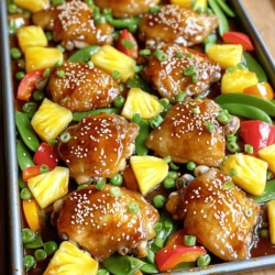 - 4 boneless, skinless chicken thighs - 1 cup fresh pineapple, cut into chunks - 1 cup bell peppers (red, green, yellow), sliced - 1 cup snow peas, trimmed - 1 red onion, sliced These main ingredients bring a sweet and savory flavor to the dish. The chicken thighs stay juicy while the pineapple adds a burst of sweetness. The colorful bell peppers and crispy snow peas provide a nice crunch. - 1/2 cup teriyaki sauce (store-bought or homemade) - 2 tablespoons sesame oil - 2 cloves garlic, minced - 1 tablespoon fresh ginger, grated You can use store-bought teriyaki sauce for convenience. However, making your own adds a personal touch. Fresh garlic and ginger boost the sauce's flavor and aroma, making the dish more vibrant. - 1 tablespoon cornstarch (optional, for thickening) - Sesame seeds, for garnish - Chopped green onions, for garnish Cornstarch thickens the sauce if you prefer a richer texture. Garnishing with sesame seeds and green onions adds a nice finish, both visually and in taste. These small touches make a big difference in presentation and flavor. First, set your oven to 400°F (200°C). This high heat will help your chicken cook evenly. Next, prepare a large sheet pan by lining it with parchment paper. This makes cleanup easy and keeps food from sticking. In a bowl, whisk together your teriyaki sauce, sesame oil, minced garlic, and grated ginger. Make sure to mix well. Add the chicken thighs to the bowl, evenly coating them with the marinade. For the best flavor, let the chicken sit for at least 15 minutes. If you have time, marinate it in the fridge for up to 2 hours. Spread the sliced bell peppers, red onion, and snow peas across the sheet pan. Add the pineapple chunks between the veggies. This way, everything cooks evenly. Place the marinated chicken thighs on top of the vegetables and pineapple. Drizzle any leftover marinade over everything. Slide the sheet pan into your preheated oven. Bake for about 25 to 30 minutes. Check that the chicken reaches an internal temperature of 165°F (75°C). The veggies should be tender and a bit caramelized. For a crispy finish, switch to broil for the last 5 minutes. Watch closely to avoid burning. For the best flavor, marinate your chicken for at least 15 minutes. If you have time, let it sit for 2 hours. This helps the chicken soak up the teriyaki sauce. To know if the chicken is done, check for an internal temperature of 165°F. The meat should look white and not pink inside. Feel free to swap in other vegetables. Broccoli, carrots, or zucchini work great too. Different veggies may need different cook times. For harder vegetables, add them to the pan first. This way, they can cook longer while softer ones, like snow peas, can join later. If you want a thicker sauce, add cornstarch mixed with water. This helps the sauce cling to the chicken and veggies. You can also adjust the sweetness and spice levels. Add more honey for sweetness or a dash of chili flakes for heat. Tailor the sauce to your taste! {{image_2}} You can easily swap chicken for other proteins. Try tofu or shrimp for a new twist. - If using tofu, press it to remove extra water. Cut it into cubes and marinate like chicken. - For shrimp, use large, peeled shrimp. They cook quickly, so reduce baking time to about 10-15 minutes. Each protein offers a unique taste. Adjust cooking time based on what you choose. Want to spice things up? Add your favorite spices or sauces. - Try a splash of sriracha for heat or a drizzle of honey for extra sweetness. - You can also experiment with a teriyaki style from different regions. For example, Japanese teriyaki is sweet, while Hawaiian teriyaki brings in a fruity twist. Mix and match ingredients for exciting flavors. Pair your dish with sides for a full meal. - Serve it over hot rice or noodles to soak up the sauce. - A fresh side salad adds crunch and balance to your plate. Consider adding mango or avocado to the salad for extra flavor. Enjoy your meal! To keep your sheet pan teriyaki chicken fresh, store leftovers in the fridge. Use an airtight container to prevent moisture loss. This meal lasts about three to four days when stored properly. Make sure the chicken and veggies are cooled before sealing the container. This helps keep them tasty longer. When you're ready to enjoy leftovers, reheating is key. The best method is to use an oven. Preheat it to 350°F (175°C). Place the chicken and veggies on a baking sheet, cover with foil, and heat for about 15 minutes. This keeps the flavor intact. If using a microwave, heat on medium power for two to three minutes. Stir halfway for even warmth. To maintain the texture, avoid overcooking. Check that the chicken is hot, but not dry. You want it juicy and tender, just like before! Freezing is a great way to save this dish for later. If you want to freeze, let the meal cool completely. Then, place it in a freezer-safe container. Use a vacuum sealer if you have one for best results. This meal can stay fresh in the freezer for up to three months. When you're ready to eat it, thaw it in the fridge overnight. For a quick option, you can use the microwave's defrost setting. After thawing, reheat the dish as mentioned above to restore its flavor and texture. Making this dish takes about 45 minutes. You spend 15 minutes prepping the ingredients. Cooking in the oven takes another 25 to 30 minutes. You can use frozen chicken, but thaw it first. The best way is to leave it in the fridge overnight. If you are in a hurry, you can use the microwave on the defrost setting. Just remember, frozen chicken may need extra cooking time. Always check if it reaches 165°F to be safe. If you need a substitute, soy sauce works well. You can also mix soy sauce with honey or brown sugar for a sweet touch. Another option is to make your own teriyaki sauce using soy sauce, sugar, and vinegar. Yes, but you must use gluten-free teriyaki sauce. Look for brands that say "gluten-free" on the label. Check all your ingredients to ensure they fit your dietary needs. Enjoy without worry! In this post, I shared a simple way to make Sheet Pan Teriyaki Chicken and Pineapple. We covered key ingredients, including fresh chicken, vibrant veggies, and teriyaki sauce choices. You learned step-by-step instructions for marinating and baking. I also provided tips for cooking and storing your dish. Now, you can impress your family with this easy, healthy recipe. Enjoy mixing flavors and making this dish yours!