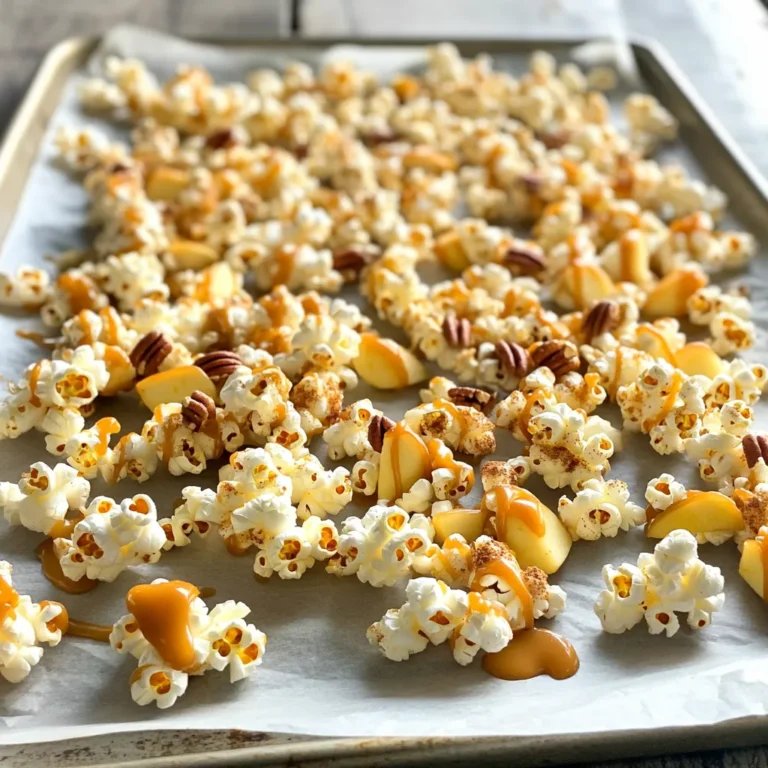 - 8 cups popped popcorn (about 1/2 cup kernels) - 1 cup granulated sugar - 1/4 cup unsalted butter - 1/4 cup light corn syrup - 1/2 teaspoon vanilla extract - 1/4 teaspoon baking soda - 1 teaspoon apple pie spice (or a mix of cinnamon and nutmeg) - 1 cup dried apple pieces (or apple chips) - 1/2 cup chopped pecans (optional) - A pinch of salt Gathering the right ingredients is key to making Caramel Apple Popcorn Clusters. Start with 8 cups of popped popcorn. You can pop this using about 1/2 cup of popcorn kernels. I love using fresh popcorn for the best taste. Next, you need 1 cup of granulated sugar. This sugar helps create a sweet and crunchy caramel. You will also need 1/4 cup of unsalted butter. Butter adds richness and flavor to the caramel. To help the caramel stick, grab 1/4 cup of light corn syrup. This syrup keeps your caramel smooth. For taste, add 1/2 teaspoon of vanilla extract. It brings warmth to the flavor. You will need 1/4 teaspoon of baking soda. This makes the caramel light and airy. Add 1 teaspoon of apple pie spice for that cozy taste of fall. You can use a mix of cinnamon and nutmeg if you prefer. The fun part comes with 1 cup of dried apple pieces. These add chewy bits of apple in every bite. If you like nuts, add 1/2 cup of chopped pecans. They add a nice crunch. Finally, a pinch of salt balances the sweet flavors. With these ingredients ready, you're set to make a delightful snack! To pop popcorn effectively, use a popcorn maker or a heavy pot. Follow the package instructions for the best results. I recommend using about 1/2 cup of kernels for 8 cups of popped popcorn. After popping, transfer the popcorn into a large bowl. Check carefully to ensure no unpopped kernels remain. These kernels can ruin the fun of snacking. To make the caramel, combine sugar, butter, and corn syrup in a medium saucepan. Place the saucepan over medium heat. Stir gently until the mixture begins to boil. Let it boil without stirring for 4 to 5 minutes. Watch closely as it cooks to achieve a light golden color. This color means the caramel is ready for the next step. Remove the saucepan from heat and add flavor to the caramel. Stir in vanilla extract, baking soda, apple pie spice, and a pinch of salt. Be careful, as the mixture will bubble up. Immediately pour the caramel over the popped popcorn. Fold in dried apple pieces and chopped pecans if you choose to use them. Make sure to coat the popcorn evenly. While the mixture is still warm, use greased hands to shape small clusters of popcorn. Place them on a baking sheet lined with parchment paper. To make great caramel, avoid common mistakes. One mistake is stirring the sugar too much. Once you mix the sugar, butter, and corn syrup, let it boil without stirring. This helps the sugar dissolve fully. Crystallization is a big problem. To keep it smooth, add a pinch of salt. Use a clean pan and utensils to mix your caramel. Any leftover sugar can cause it to crystallize. Mixing popcorn can be tricky. To avoid breaking the popcorn, fold it gently. Pour the caramel over the popcorn slowly. This lets the caramel coat each piece evenly. Using greased hands helps shape the clusters. Lightly coat your hands with oil or butter. This way, the caramel won’t stick. Form small clusters while the mixture is still warm. Place them on parchment paper to cool. {{image_2}} You can change nuts or seeds in this recipe. Pecans add a nice crunch, but walnuts or almonds work too. If you want more flavor, try sunflower seeds or pumpkin seeds. These options give your clusters a unique taste. Instead of apple pie spice, explore other spices. Cinnamon and nutmeg are great, but you can mix in ginger or cardamom for a twist. Each spice adds its own warmth. Play around with the amounts to find what you love. Adding a chocolate drizzle takes these clusters to the next level. Melt dark or milk chocolate and drizzle it over the cooled clusters. This adds richness and sweetness that pairs well with caramel. You can also mix in marshmallows or other candies. Mini marshmallows give a chewy texture. Use candy corn for a fun fall vibe. Just toss them in with the popcorn before forming clusters. These ideas make your snack even more fun and tasty. To keep your Caramel Apple Popcorn Clusters fresh, store them in an airtight container. This helps prevent moisture from getting in. You can also use a resealable plastic bag. Make sure to squeeze out any extra air before sealing. For the best taste, keep them at room temperature. Avoid refrigerating, as this can make them chewy. These clusters stay fresh for about a week when stored properly. To maintain their crunch, check them often. If they start to feel soft, it might be time to enjoy them! If your clusters become stale, don’t worry. You can refresh them easily. Start by preheating your oven to 250°F (120°C). Spread the clusters on a baking sheet in a single layer. Heat them for about 10 minutes. This method brings back their crunch without ruining the caramel. Avoid microwaving, as it might make them soggy. The oven method is best for keeping the texture. Enjoy your tasty snack delight! Can I make this recipe ahead of time? Yes, you can make these clusters ahead of time. Just store them in an airtight container. They stay fresh for about a week. How do I make the caramel less sticky? To make the caramel less sticky, you can add a bit more baking soda. This helps the caramel set better. A pinch of salt also helps reduce stickiness. Can I substitute fresh apples for dried ones? I recommend using dried apples. Fresh apples add moisture and can make the clusters soggy. Dried apples have a great chewy texture that works well. What can I use if I don’t have corn syrup? If you don’t have corn syrup, you can use honey or maple syrup instead. Both will add a nice flavor to your caramel! To make Caramel Apple Popcorn Clusters, we covered what you need, how to prepare it, and tips for success. You learned about key ingredients, like popcorn and caramel, and how to mix flavors. We also shared fun variations and storage tips. By following these steps, you can create a tasty treat. Remember, cooking can be fun and simple. Enjoy making these clusters for your friends and family. They’ll love the crunch and flavor. Now, get started and savor your delicious creation!