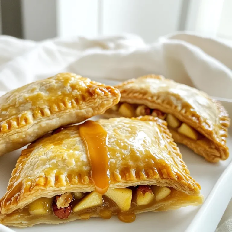 Here’s what you need to make these tasty hand pies: - 2 cups all-purpose flour - 1/2 teaspoon salt - 1 tablespoon sugar - 1/2 cup unsalted butter, cold and cubed - 6-8 tablespoons ice water - 3 medium apples (Granny Smith or Honeycrisp), peeled, cored, and diced - 1/2 cup brown sugar - 1 teaspoon cinnamon - 1/4 teaspoon nutmeg - 1/2 cup chopped pecans, toasted - 1/4 cup caramel sauce (store-bought or homemade) - 1 egg (for egg wash) - Extra sugar for sprinkling Each ingredient plays a key role. The all-purpose flour gives structure. Salt and sugar balance flavors. Cold butter creates a flaky crust. Ice water helps bind the dough. Apples add sweetness and texture. Brown sugar, cinnamon, and nutmeg bring warmth and spice. Chopped pecans add crunch. Caramel sauce ties everything together with rich flavor. The egg wash helps the pies brown nicely. A sprinkle of sugar gives a sweet finish. Now, gather your ingredients. Fresh apples and good caramel sauce will make a big difference. Happy cooking! To make the pie crust, start by combining the dry ingredients. In a bowl, mix 2 cups of all-purpose flour, 1/2 teaspoon of salt, and 1 tablespoon of sugar. Then, it’s time to incorporate cold butter. Cut 1/2 cup of unsalted butter into small cubes and add it to the flour mix. Use a pastry cutter or your fingers to blend until you see coarse crumbs. Next, add ice water. Pour in 6-8 tablespoons of ice water, one tablespoon at a time, mixing until the dough forms. This dough needs chilling. Divide it into two discs, wrap them in plastic, and refrigerate for at least 30 minutes. Now, let’s prepare the apple filling. Start by mixing diced apples with sugar and spices. You will need 3 medium apples, peeled, cored, and diced. In a bowl, combine the apples with 1/2 cup of brown sugar, 1 teaspoon of cinnamon, and 1/4 teaspoon of nutmeg. Don’t forget the pecans! Add 1/2 cup of chopped pecans to the mix. Stir until the apples are well coated. Let this mixture sit for about 10 minutes to marinate. This step enhances the flavors. Next, we roll out the dough. Preheat your oven to 375°F (190°C). Prepare your workspace by sprinkling flour on a clean surface. Take one disc of dough from the fridge and roll it out to about 1/8-inch thick. Now, cut out circles. Use a 4-inch round cutter or a bowl to make the circles. Keep rolling out dough until you have enough circles for the filling. Assembling the hand pies is fun! Place about 2 tablespoons of apple filling in the center of each dough circle. Drizzle a teaspoon of caramel sauce on top of the filling. Carefully fold the dough over the filling and crimp the edges with a fork to seal. This step is key to keeping the filling inside. Repeat this process with the remaining dough and filling. Now, let’s prepare for baking. Arrange the assembled hand pies on a baking sheet lined with parchment paper. This helps with easy cleanup later. Beat 1 egg and brush it over the tops of the pies. This egg wash gives a nice golden color. Sprinkle a little sugar on top for extra sweetness and texture. It’s time to bake the hand pies! Place the baking sheet in the preheated oven. Bake for 25-30 minutes, or until they are golden brown. To check doneness, look for a deep golden color on the crust. When done, remove them from the oven and let them cool slightly before serving. These hand pies are perfect warm and ready to enjoy! To make a great crust, focus on the dough's texture. When mixing flour, salt, and sugar, aim for a crumbly feel. Keep the butter cold. If the butter melts, the crust won’t be flaky. Use ice water to bind the dough. Add it slowly until the dough holds together. Chill the dough for at least 30 minutes. This step is key for a tender crust. Choosing the right apples makes a big difference. I love Granny Smith for their tartness or Honeycrisp for sweetness. You can mix both for a balanced flavor. Adjust the brown sugar based on your taste. If you like it sweeter, add more sugar. A pinch of cinnamon and nutmeg brings warmth. Feel free to play with spices to match your flavor preference. Serve these hand pies warm for the best taste. Pair them with a scoop of vanilla ice cream for a tasty treat. A drizzle of caramel sauce on top adds extra sweetness. For a pretty display, use a rustic wooden board. Sprinkle toasted pecans beside the pies for a nice touch. This simple setup makes your pies look inviting and delicious. {{image_2}} You can switch things up by adding different nuts or dried fruits. Try walnuts or almonds for a new crunch. Dried cranberries or raisins can add a nice surprise in each bite. You can also swap out caramel for different sauces. Chocolate sauce or even a tangy lemon glaze can bring new life to your hand pies. If you need a gluten-free option, use a gluten-free flour blend. Many brands offer great blends that work well in pies. For the egg wash, consider using a plant-based milk like almond or soy milk. This keeps the pies golden without using eggs. Incorporate seasonal spices like pumpkin spice for fall. Fresh peaches or cherries can make a great summer twist. For holidays, think about adding festive flavors like nutmeg or cloves. You can even shape your hand pies into holiday symbols for fun. To keep your hand pies fresh, store them in an airtight container. Place parchment paper between layers to avoid sticking. Refrigerate for up to three days. For longer storage, freeze the pies. Wrap each pie in plastic wrap and then in foil. This keeps them safe from freezer burn. They can last up to three months in the freezer. To reheat your hand pies, use the oven for best results. Preheat your oven to 350°F (175°C). Place the pies on a baking sheet. Bake for about 10-15 minutes to keep the crust crispy. You can also use an air fryer for faster reheating. Set it to 300°F (150°C) and heat for about 5-7 minutes. If you want to restore freshness, brush the crust with a little melted butter before reheating. This adds flavor and helps crisp it up. Enjoy your treats warm! To keep your hand pies crispy, you can follow a few tips. First, make sure to roll out the dough thinly. A thicker crust can trap moisture. Next, avoid overfilling the pies. Use only about two tablespoons of filling. This helps control moisture. You can also brush the edges with the egg wash. This seals the crust and keeps juices inside. Lastly, bake them on a parchment-lined sheet. This allows for better airflow, helping to keep that crust crunchy. Yes, you can use store-bought pie crust. This saves time and makes the process easier. Look for a high-quality, all-butter crust for the best flavor. Simply roll it out and cut your circles as you would with homemade dough. If you want a shortcut, this is a great option. Just follow the same steps for filling and baking. These hand pies stay fresh for about three days at room temperature. Store them in an airtight container to keep them safe. If you want to keep them longer, you can freeze them. Wrap each pie tightly in plastic wrap and then place them in a freezer bag. They can last up to three months in the freezer. Just remember to thaw them before reheating. Yes, you can prepare the filling in advance. Mix your diced apples, brown sugar, spices, and pecans. Store this mixture in the fridge for up to two days. This saves time when you’re ready to assemble the hand pies. Just make sure to let it sit at room temperature for a bit before using. This helps to soften any cold fruit and makes it easy to work with. You have learned how to make delicious hand pies. We discussed ingredients, step-by-step instructions, and useful tips. Perfecting the crust and filling makes a big difference. Don't forget to try different flavors and seasonal twists. Storing and reheating the pies keeps them tasty. With these ideas, you can impress friends and family. Your hand pies will be a hit at any gathering. Enjoy creating your unique version of this classic treat!