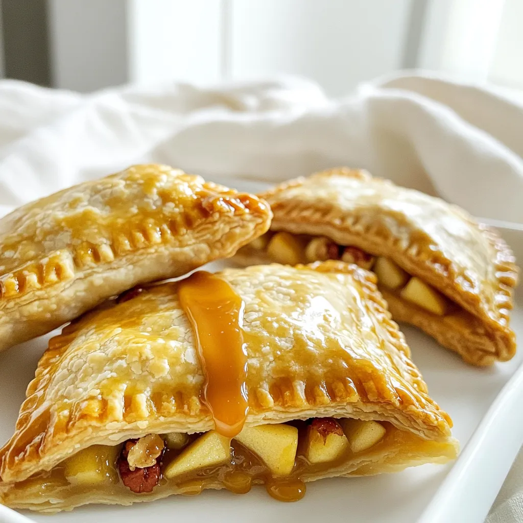 Here’s what you need to make these tasty hand pies: - 2 cups all-purpose flour - 1/2 teaspoon salt - 1 tablespoon sugar - 1/2 cup unsalted butter, cold and cubed - 6-8 tablespoons ice water - 3 medium apples (Granny Smith or Honeycrisp), peeled, cored, and diced - 1/2 cup brown sugar - 1 teaspoon cinnamon - 1/4 teaspoon nutmeg - 1/2 cup chopped pecans, toasted - 1/4 cup caramel sauce (store-bought or homemade) - 1 egg (for egg wash) - Extra sugar for sprinkling Each ingredient plays a key role. The all-purpose flour gives structure. Salt and sugar balance flavors. Cold butter creates a flaky crust. Ice water helps bind the dough. Apples add sweetness and texture. Brown sugar, cinnamon, and nutmeg bring warmth and spice. Chopped pecans add crunch. Caramel sauce ties everything together with rich flavor. The egg wash helps the pies brown nicely. A sprinkle of sugar gives a sweet finish. Now, gather your ingredients. Fresh apples and good caramel sauce will make a big difference. Happy cooking! To make the pie crust, start by combining the dry ingredients. In a bowl, mix 2 cups of all-purpose flour, 1/2 teaspoon of salt, and 1 tablespoon of sugar. Then, it’s time to incorporate cold butter. Cut 1/2 cup of unsalted butter into small cubes and add it to the flour mix. Use a pastry cutter or your fingers to blend until you see coarse crumbs. Next, add ice water. Pour in 6-8 tablespoons of ice water, one tablespoon at a time, mixing until the dough forms. This dough needs chilling. Divide it into two discs, wrap them in plastic, and refrigerate for at least 30 minutes. Now, let’s prepare the apple filling. Start by mixing diced apples with sugar and spices. You will need 3 medium apples, peeled, cored, and diced. In a bowl, combine the apples with 1/2 cup of brown sugar, 1 teaspoon of cinnamon, and 1/4 teaspoon of nutmeg. Don’t forget the pecans! Add 1/2 cup of chopped pecans to the mix. Stir until the apples are well coated. Let this mixture sit for about 10 minutes to marinate. This step enhances the flavors. Next, we roll out the dough. Preheat your oven to 375°F (190°C). Prepare your workspace by sprinkling flour on a clean surface. Take one disc of dough from the fridge and roll it out to about 1/8-inch thick. Now, cut out circles. Use a 4-inch round cutter or a bowl to make the circles. Keep rolling out dough until you have enough circles for the filling. Assembling the hand pies is fun! Place about 2 tablespoons of apple filling in the center of each dough circle. Drizzle a teaspoon of caramel sauce on top of the filling. Carefully fold the dough over the filling and crimp the edges with a fork to seal. This step is key to keeping the filling inside. Repeat this process with the remaining dough and filling. Now, let’s prepare for baking. Arrange the assembled hand pies on a baking sheet lined with parchment paper. This helps with easy cleanup later. Beat 1 egg and brush it over the tops of the pies. This egg wash gives a nice golden color. Sprinkle a little sugar on top for extra sweetness and texture. It’s time to bake the hand pies! Place the baking sheet in the preheated oven. Bake for 25-30 minutes, or until they are golden brown. To check doneness, look for a deep golden color on the crust. When done, remove them from the oven and let them cool slightly before serving. These hand pies are perfect warm and ready to enjoy! To make a great crust, focus on the dough's texture. When mixing flour, salt, and sugar, aim for a crumbly feel. Keep the butter cold. If the butter melts, the crust won’t be flaky. Use ice water to bind the dough. Add it slowly until the dough holds together. Chill the dough for at least 30 minutes. This step is key for a tender crust. Choosing the right apples makes a big difference. I love Granny Smith for their tartness or Honeycrisp for sweetness. You can mix both for a balanced flavor. Adjust the brown sugar based on your taste. If you like it sweeter, add more sugar. A pinch of cinnamon and nutmeg brings warmth. Feel free to play with spices to match your flavor preference. Serve these hand pies warm for the best taste. Pair them with a scoop of vanilla ice cream for a tasty treat. A drizzle of caramel sauce on top adds extra sweetness. For a pretty display, use a rustic wooden board. Sprinkle toasted pecans beside the pies for a nice touch. This simple setup makes your pies look inviting and delicious. {{image_2}} You can switch things up by adding different nuts or dried fruits. Try walnuts or almonds for a new crunch. Dried cranberries or raisins can add a nice surprise in each bite. You can also swap out caramel for different sauces. Chocolate sauce or even a tangy lemon glaze can bring new life to your hand pies. If you need a gluten-free option, use a gluten-free flour blend. Many brands offer great blends that work well in pies. For the egg wash, consider using a plant-based milk like almond or soy milk. This keeps the pies golden without using eggs. Incorporate seasonal spices like pumpkin spice for fall. Fresh peaches or cherries can make a great summer twist. For holidays, think about adding festive flavors like nutmeg or cloves. You can even shape your hand pies into holiday symbols for fun. To keep your hand pies fresh, store them in an airtight container. Place parchment paper between layers to avoid sticking. Refrigerate for up to three days. For longer storage, freeze the pies. Wrap each pie in plastic wrap and then in foil. This keeps them safe from freezer burn. They can last up to three months in the freezer. To reheat your hand pies, use the oven for best results. Preheat your oven to 350°F (175°C). Place the pies on a baking sheet. Bake for about 10-15 minutes to keep the crust crispy. You can also use an air fryer for faster reheating. Set it to 300°F (150°C) and heat for about 5-7 minutes. If you want to restore freshness, brush the crust with a little melted butter before reheating. This adds flavor and helps crisp it up. Enjoy your treats warm! To keep your hand pies crispy, you can follow a few tips. First, make sure to roll out the dough thinly. A thicker crust can trap moisture. Next, avoid overfilling the pies. Use only about two tablespoons of filling. This helps control moisture. You can also brush the edges with the egg wash. This seals the crust and keeps juices inside. Lastly, bake them on a parchment-lined sheet. This allows for better airflow, helping to keep that crust crunchy. Yes, you can use store-bought pie crust. This saves time and makes the process easier. Look for a high-quality, all-butter crust for the best flavor. Simply roll it out and cut your circles as you would with homemade dough. If you want a shortcut, this is a great option. Just follow the same steps for filling and baking. These hand pies stay fresh for about three days at room temperature. Store them in an airtight container to keep them safe. If you want to keep them longer, you can freeze them. Wrap each pie tightly in plastic wrap and then place them in a freezer bag. They can last up to three months in the freezer. Just remember to thaw them before reheating. Yes, you can prepare the filling in advance. Mix your diced apples, brown sugar, spices, and pecans. Store this mixture in the fridge for up to two days. This saves time when you’re ready to assemble the hand pies. Just make sure to let it sit at room temperature for a bit before using. This helps to soften any cold fruit and makes it easy to work with. You have learned how to make delicious hand pies. We discussed ingredients, step-by-step instructions, and useful tips. Perfecting the crust and filling makes a big difference. Don't forget to try different flavors and seasonal twists. Storing and reheating the pies keeps them tasty. With these ideas, you can impress friends and family. Your hand pies will be a hit at any gathering. Enjoy creating your unique version of this classic treat!
