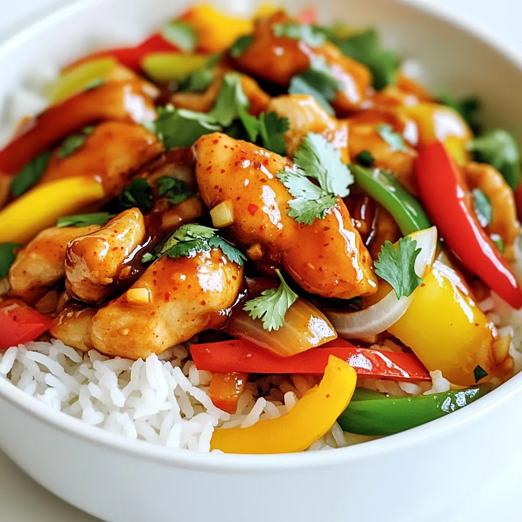 - 1 pound boneless, skinless chicken thighs - 1 cup sliced bell peppers (red, yellow, green) - 1 medium sliced onion - 3 cloves minced garlic - 1/4 cup sweet chili sauce - 2 tablespoons soy sauce - 1 tablespoon rice vinegar - 1 tablespoon cornstarch - 2 teaspoons sesame oil - 1 tablespoon vegetable oil - Salt and black pepper to taste - Fresh cilantro for garnish - Cooked jasmine rice, for serving For this sweet chili chicken, I focus on fresh, vibrant ingredients. You need juicy chicken thighs for tenderness and flavor. I love using colorful bell peppers. They add crunch and sweetness. The onion gives a nice depth, while garlic packs a punch. The sauce is the star here. Sweet chili sauce brings a sweet heat. Soy sauce adds umami. Rice vinegar gives it a nice tang. Cornstarch helps to thicken the sauce. This mix creates a glaze that clings to the chicken and veggies. Don’t forget the cooking essentials! Sesame oil adds a nutty taste. Vegetable oil helps the chicken sear perfectly. You can adjust salt and pepper to your liking. Fresh cilantro adds a bright finish, and jasmine rice makes a great base for this dish. These ingredients come together for a meal that is tastier than takeout! - Combine sweet chili sauce, soy sauce, rice vinegar, and cornstarch in a bowl. - Stir until the cornstarch is fully dissolved. This step helps the sauce thicken later. - Season chicken with salt and black pepper to taste. - Sauté in vegetable oil over medium-high heat until golden brown, about 5-7 minutes. Make sure the chicken cooks evenly. - Add sliced onions and bell peppers to the skillet and stir-fry for 3-4 minutes. This softens the veggies and adds flavor. - Incorporate minced garlic and sesame oil, cooking for one more minute until fragrant. - Pour the sauce over the chicken and veggies, then stir well to coat everything. - Cook until the sauce thickens and becomes glossy, about 2-3 minutes. Choose boneless, skinless chicken thighs for the best results. They stay moist and flavorful. Look for pieces that are firm and pink. Avoid any with a gray tint or a slimy feel. Marinate the chicken in the sauce mixture for at least 30 minutes. This adds great flavor and helps keep it tender. You can even marinate it overnight for a richer taste. Adjust the sweetness by adding more or less sweet chili sauce. If you want more heat, add chili flakes or a dash of hot sauce. For a thicker sauce, mix cornstarch with water, then add it to the pan. Stir constantly until the sauce becomes glossy and thick. This step is key for that takeout feel at home. Serve sweet chili chicken with fluffy jasmine rice. The rice soaks up all the sauce, making each bite amazing. You might also pair it with a side of steamed broccoli or snap peas for a fresh crunch. For garnish, sprinkle fresh cilantro on top. This adds color and a burst of flavor. Keep it simple for a beautiful presentation that looks gourmet! {{image_2}} You can switch up proteins in this dish. Try shrimp or tofu for a fun twist. Both options absorb the sweet chili sauce well. You will still get a tasty meal. Adding more veggies makes it colorful and healthy. Think about using broccoli or snap peas. These veggies add crunch and flavor. You can even mix in carrots or zucchini for extra nutrition. Want more heat? Adding chili flakes or fresh chilies can spice things up. Start with a small amount and adjust to your taste. This will give your dish a nice kick. You can experiment with different marinades too. Try a garlic or ginger marinade. These flavors mix well with the sweet chili sauce, giving your dish a new life. You can bake or stir-fry this dish. Baking is an easy option. It allows the chicken to cook evenly without much effort. Stir-frying gives you a nice, crispy texture. A slow cooker or instant pot works well, too. These methods let the flavors blend beautifully over time. Just adjust the cooking time for the chicken to stay tender and juicy. To store your sweet chili chicken, place leftovers in an airtight container. Make sure it cools down first. This keeps it fresh for later meals. When reheating, use a skillet or microwave. Heat until the chicken is hot all the way through. Stir often in the skillet to warm evenly. You can freeze sweet chili chicken for later enjoyment. Divide it into portions for easy use. Use freezer bags or safe containers. Squeeze out any air before sealing. To thaw, move it to the fridge overnight. Reheat it in a skillet for best results. This keeps the flavors bright and fresh. Sweet chili chicken lasts about 3-4 days in the fridge. If frozen, it stays good for up to 3 months. Always check for any off smells or changes in color. When in doubt, throw it out! This ensures you enjoy a safe and tasty meal. Yes, you can use chicken breast instead of thighs. Chicken breast is leaner and has less fat. This can make it a healthier choice. However, chicken breast can dry out faster than thighs. To keep it juicy, avoid overcooking it. Thighs have a richer taste and stay tender, even when cooked longer. If you want to use chicken breast, cut it into small pieces. This helps it cook evenly and stay moist. To make this recipe gluten-free, you can use substitutes. Replace regular soy sauce with gluten-free soy sauce. You can also use tamari for a similar taste. For cornstarch, you can use arrowroot powder or potato starch. Both work well as thickening agents. Always check labels to ensure they are gluten-free. This way, you can enjoy sweet chili chicken without any gluten worries. Sweet chili chicken pairs well with several side dishes. Here are some great options: - Steamed jasmine rice - Fried rice with vegetables - Stir-fried broccoli or green beans - A fresh salad with a light dressing - Asian-style noodles with sesame oil These sides add flavor and balance to your meal. Try mixing and matching to find your perfect plate! This blog post covered how to make a delicious sweet chili chicken dish. We discussed the main ingredients, sauce components, and step-by-step cooking instructions. You learned tips to ensure tender chicken and how to customize the sauce. Plus, I shared storage tips and common questions about the recipe. Cooking should be fun and easy. With a bit of practice and creativity, you can make this dish your own. Enjoy your sweet chili chicken and happy cooking!