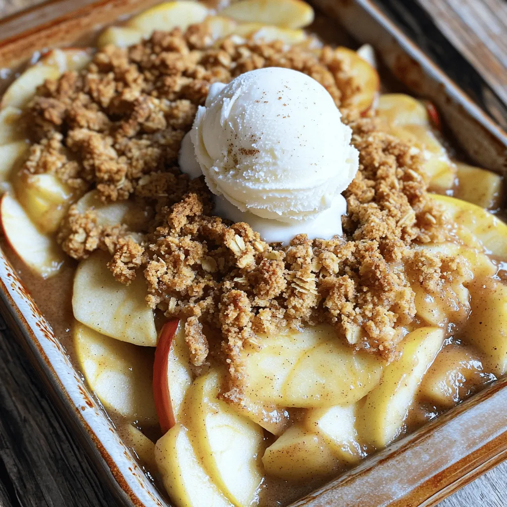 - 6 medium-sized apples (like Granny Smith or Honeycrisp), peeled and sliced - 1 tablespoon lemon juice - 1 teaspoon ground cinnamon - 1/2 cup brown sugar, packed - 1/4 teaspoon nutmeg - 1 cup old-fashioned oats - 1/2 cup all-purpose flour - 1/2 cup unsalted butter, melted - 1/3 cup granulated sugar - 1/4 teaspoon salt - Optional: Vanilla ice cream for serving You can swap apples for pears if you like. Try using 5-7 apples, based on size. For a twist, mix in berries or peaches. Instead of brown sugar, you can use coconut sugar for a different flavor. If you want a gluten-free option, replace all-purpose flour with almond flour or a gluten-free blend. You can adjust the sugar to your taste. Use less if you want a tart crisp. To make this recipe, you will need a few simple tools: - A large mixing bowl for combining ingredients - A 9x13 inch baking dish to hold the apple mixture - A small bowl for mixing the oat topping - A sharp knife for slicing apples - A cutting board for easy prep - An oven to bake the crisp to perfection First, you need to preheat your oven to 350°F (175°C). This step warms the oven for even baking. Next, grab your bowl and add the sliced apples. Pour in one tablespoon of lemon juice. This juice keeps the apples fresh and bright. Then, sprinkle in one teaspoon of ground cinnamon, half a cup of packed brown sugar, and a quarter teaspoon of nutmeg. Mix this well to coat all the apple slices. Now, take a greased 9x13 inch baking dish. Spread the apple mixture evenly in the dish. This layer will soak up all the delicious flavors. In another bowl, combine one cup of old-fashioned oats, half a cup of all-purpose flour, one-third cup of granulated sugar, and a quarter teaspoon of salt. This mix will create the crispy topping. Pour in half a cup of melted unsalted butter. Stir until it becomes crumbly and well mixed. Sprinkle this oat topping evenly over the apples in the baking dish. Now, it’s time to bake! Place the dish in your preheated oven. Bake for 35 to 40 minutes. You want the apples to become tender. The topping should turn a lovely golden brown color. Once it’s done baking, remove it from the oven. Let it cool for a few minutes. This cooling time helps the juices settle. For a special touch, serve the crisp warm. Add a scoop of vanilla ice cream on top. A sprinkle of cinnamon makes it even better. Enjoy your delicious Cinnamon Apple Crisp! For the best cinnamon apple crisp, pick firm apples. I like to use Granny Smith or Honeycrisp. These apples give a nice tartness. This balances well with the sweet topping. When you choose apples, look for ones without bruises. They should feel heavy for their size. This means they have good juice inside. A great oat topping makes your apple crisp shine. Use old-fashioned oats for the best texture. Mix the oats with flour, sugar, and salt. This mix will create a crumbly topping. Pour in melted butter to bind it all. Don’t overmix; you want some clumps. These clumps bake into a crunchy topping. Avoid using soft apples. They turn mushy when baked, which ruins the dish. Don’t skip the lemon juice. It keeps the apples fresh and bright. Be careful with the baking time. If you bake too long, the apples can be too soft. Check for a golden topping and tender apples. This way, you will get the best results. {{image_2}} You can change up the fruit in this crisp. Try pears or peaches for a twist. Berries like blueberries or raspberries also work great. Mix apples with these fruits for added flavor. Each fruit brings its own taste and texture, making the dish unique. If you want a gluten-free version, swap the all-purpose flour for almond flour or oat flour. Use gluten-free oats to keep the topping safe. These changes still give you that crunchy topping you love. You won’t miss the gluten at all in this yummy dish. Serving your cinnamon apple crisp warm is a must. I love to add vanilla ice cream on top. The cold ice cream melts into the warm crisp, creating a creamy mix. You can also try whipped cream or yogurt for a lighter touch. A sprinkle of cinnamon adds a nice finish. Enjoy your dessert with family and friends! To store your leftover cinnamon apple crisp, let it cool first. Use an airtight container. You can keep it in the fridge for up to four days. If you want to enjoy it later, make sure to cover it well. When you want to eat the leftover crisp, preheat your oven to 350°F (175°C). Place the apple crisp in an oven-safe dish. Heat it for about 15 to 20 minutes. This warms it through and keeps the topping crunchy. You can also use a microwave. Heat it in short bursts, checking every 30 seconds. You can freeze the cinnamon apple crisp if you want to save some for later. Let it cool completely first. Wrap it tightly in plastic wrap or foil. Then, place it in a freezer-safe bag. It can last for up to three months. When ready to eat, thaw it in the fridge overnight before reheating. Yes, you can make this recipe ahead. Prepare the apple mix and the oat topping. Store them separately in the fridge. When you're ready, just combine them in your baking dish and bake. This makes it easy for gatherings or busy nights. To adjust sweetness, you can use less sugar. If you prefer a sweeter dish, add more brown sugar. You can also use honey or maple syrup instead. Always taste the apple mix before baking. This way, you know if it needs more sweetener. Serve your cinnamon apple crisp warm. Top it with a scoop of vanilla ice cream. You can also sprinkle extra cinnamon on top for a nice touch. This makes it look fancy and taste even better! This blog post covered the key ingredients, steps, and tips for making a delicious cinnamon apple crisp. You learned about ingredient options and measurements, plus the equipment you'll need. I also shared tricks to pick the best apples and make a perfect oat topping. You now know how to store leftovers and serve your dish with tasty toppings. Keep these tips in mind for a dish that satisfies every time. Enjoy your apple crisp adventure!