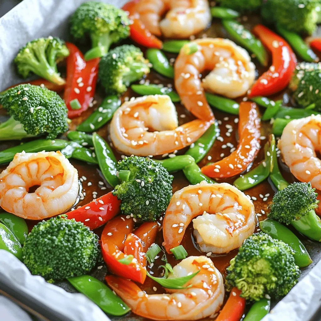 To make Sheet-Pan Teriyaki Shrimp and Broccoli, gather these fresh ingredients: - 1 lb large shrimp, peeled and deveined - 3 cups broccoli florets - 1 red bell pepper, sliced - 1 cup snap peas - 1/4 cup teriyaki sauce - 2 tablespoons olive oil - 1 tablespoon honey - 2 cloves garlic, minced - 1 tablespoon ginger, grated - 1 teaspoon sesame oil - Salt and pepper to taste - Sesame seeds and green onions for garnish Each ingredient plays a key role in this dish. The shrimp brings protein, while broccoli and snap peas add crunch and nutrition. The teriyaki sauce adds a sweet and savory flavor that coats the shrimp perfectly. Using fresh garlic and ginger enhances the dish with aromatic notes. Don't forget the garnish! Sesame seeds and green onions give a nice touch to your plate. This recipe is simple but full of vibrant tastes. Enjoy the process of preparing these fresh ingredients! - Preheat the oven to 425°F (220°C). - Prepare the sheet pan with parchment paper. This makes cleanup easy. - In a large bowl, whisk together the teriyaki sauce, olive oil, honey, minced garlic, grated ginger, sesame oil, salt, and pepper. - Add the shrimp to the bowl and toss them well in the marinade. - Let the shrimp marinate for 10 minutes. This adds great flavor. - In another bowl, combine the broccoli florets, sliced bell pepper, and snap peas. - Drizzle the vegetables with olive oil and season with salt and pepper. Toss to coat evenly. - Spread the marinated shrimp on one side of the sheet pan. - Place the mixed vegetables on the other side of the pan. - Roast everything in the preheated oven for 12-15 minutes. The shrimp should turn pink and the veggies should be tender-crisp. - Once done, take the pan out of the oven. - Let it cool slightly before serving. - Garnish with sesame seeds and sliced green onions for a nice touch. To check if your shrimp is done, look for a bright pink color. The shrimp should also be opaque, not translucent. This change shows that they are fully cooked. Overcooking shrimp can make them tough. Keep a close eye on them as they roast. In about 12-15 minutes, they should reach this perfect state. Add more depth to your dish with extra marinades. Try using teriyaki sauce with a splash of lime juice for zest. You can also mix in a bit of soy sauce for added umami. Fresh garlic and ginger are key. They bring vibrant flavors that make your dish shine. Use minced garlic for a strong kick, and grated ginger for warmth. Together, they create a perfect balance. Cleanup can be a breeze with the right tools. I recommend using parchment paper on your sheet pan. It helps prevent sticking and makes for easy removal. Plus, it absorbs excess moisture. Aluminum foil can also work, but it may stick more. Choose parchment for the best results, and enjoy hassle-free cleanup. {{image_2}} You can easily swap shrimp for chicken or tofu. Both options work well in this dish. Chicken adds a hearty touch, while tofu gives it a nice plant-based twist. For vegetables, broccoli shines, but don't stop there! You can add carrots or bell peppers for extra color and crunch. Snap peas are a favorite, but feel free to mix in what you have at home. Just remember to cut them into bite-sized pieces to ensure even cooking. If you want to try a homemade teriyaki sauce, it's simple! Mix soy sauce, sugar, rice vinegar, and a bit of cornstarch. This gives a fresh taste and lets you control the sweetness. You can also use soy sauce or hoisin sauce in place of teriyaki. Each brings its unique flavor to the dish. Soy sauce is saltier, while hoisin adds a sweet and tangy kick. For those who love a kick, add chili flakes or sriracha. A little goes a long way, so start small! If you want more heat, you can always add more later. To balance that heat, adjust the sweetness. Add more honey for a sweeter dish or reduce it for a more savory flavor. This way, you can tailor the taste to your liking. To keep your leftover Sheet-Pan Teriyaki Shrimp and Broccoli fresh, store it in the fridge. Use airtight containers for best results. Divide the shrimp and veggies into smaller portions. This way, you can enjoy them later without losing flavor. If you want to save your leftovers longer, freezing is a great option. First, let the dish cool completely. Then, place it in freezer-safe bags or containers. Make sure to remove as much air as possible to prevent freezer burn. When you're ready to eat, thaw it overnight in the fridge. Reheat in the oven at 350°F (175°C) for about 15 minutes. This helps keep the shrimp juicy and the veggies crisp. For safe consumption, eat your leftovers within three to four days if stored in the fridge. If frozen, they can last up to three months. Remember to label your containers with dates. This way, you’ll know when it’s time to eat or toss. Yes, you can prepare this dish ahead. To do this, marinate the shrimp and chop the veggies a few hours in advance. Keep them in the fridge until you are ready to cook. When you are ready to eat, preheat your oven and roast everything as directed. For reheating, just warm it in the oven at 350°F (175°C) for about 10 minutes. This keeps the shrimp juicy and the veggies crisp. This dish goes great with rice or quinoa. Both provide a nice base for the shrimp and veggies. You might also enjoy it with a simple side salad. A cucumber salad or a light Asian slaw adds a fresh crunch. You can serve some sesame noodles on the side for extra flavor. Yes, you can use frozen shrimp. Just make sure to thaw them first. You can do this overnight in the fridge or in a bowl of cold water for quick thawing. Drain well before marinating. Frozen shrimp may cook a little faster, so keep an eye on them while roasting. You can make this dish gluten-free. Use gluten-free teriyaki sauce instead of regular sauce. Many brands offer gluten-free options. Check the label to be sure. Also, make sure to use gluten-free soy sauce if you choose to add more sauce. This way, you can enjoy this meal without worry! This blog post has guided you through making a delicious Sheet-Pan Teriyaki Shrimp and Broccoli. You learned about the key ingredients, step-by-step instructions, and helpful tips to ensure your dish turns out great. Remember, you can adjust flavors and ingredients to suit your taste. Whether you use chicken or tofu, the options are endless. Enjoy your meal with the perfect sides, and don't worry about leftovers—they're easy to store. Happy cooking!
