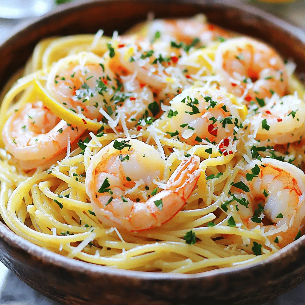 - 8 oz spaghetti or linguine - 1 lb large shrimp, peeled and deveined - 3 tablespoons olive oil The main ingredients bring the dish to life. The pasta serves as a great base. Spaghetti or linguine works well in this recipe. Large shrimp adds a nice protein boost. Olive oil gives a rich flavor and helps cook the shrimp. - 4 cloves garlic, minced - Zest and juice of 1 lemon - 1/4 teaspoon red pepper flakes (optional) Seasoning adds depth to the dish. Garlic gives a strong aroma and taste. Lemon zest and juice brighten it up with fresh flavor. Red pepper flakes add a bit of heat, but they are optional. You can skip them if you prefer a milder dish. - 1/4 cup fresh parsley, chopped - Grated Parmesan cheese for serving (optional) Garnish enhances the visual appeal. Fresh parsley adds a pop of color and freshness. Grated Parmesan cheese can add creaminess and saltiness. You can leave it out if you want a lighter dish. Start by boiling salted water in a large pot. Use about one tablespoon of salt for every quart of water. Once it boils, add 8 oz of spaghetti or linguine. Cook it according to the package instructions, usually about 8 to 10 minutes, until it is al dente. After cooking, drain the pasta in a colander. Don’t forget to reserve 1/2 cup of that pasta water for later. While the pasta cooks, heat 3 tablespoons of olive oil in a large skillet over medium heat. Once the oil is hot, add 4 cloves of minced garlic. Sauté the garlic for about 30 seconds. You want it fragrant but not browned. Next, add 1 lb of large, peeled, and deveined shrimp to the skillet. Season the shrimp with salt, pepper, and red pepper flakes if you like some heat. Cook the shrimp for about 2-3 minutes. They should turn pink and opaque. After that, stir in the zest and juice of 1 lemon. Mix well before adding the cooked pasta. Toss the pasta and shrimp together gently in the skillet. If it looks too dry, add some reserved pasta water to reach your desired sauciness. Remove from heat and mix in 1/4 cup of chopped fresh parsley. Taste and adjust the seasoning if needed. Serve hot, and top with grated Parmesan cheese if you want. Enjoy! To avoid overcooking shrimp, keep an eye on the color. Cook them until they turn pink and opaque, which takes about 2-3 minutes. If they curl tightly, they are likely overdone. Seasoning shrimp is key to great flavor. Use salt and pepper to bring out the taste. Don't forget the red pepper flakes if you like some heat. If you want to switch up the heat, try using black pepper or smoked paprika instead of red pepper flakes. These options can add a different twist without losing flavor. Fresh herbs can really elevate your dish. Chopped basil or cilantro work well as garnishes. They add a burst of freshness and color to your plate. Timing is crucial for a 15-minute meal. Start boiling water for pasta as you prepare the shrimp. This way, both can cook at the same time. Prepping ingredients in advance saves time. Chop garlic and parsley before you start cooking. This makes your cooking process smooth and quick. {{image_2}} You can make this dish more colorful and healthy by adding vegetables. Spinach is a great choice. It wilts quickly and adds a nice texture. You can also toss in cherry tomatoes. They burst with flavor when cooked and add a sweet touch. To add more fiber, consider using broccoli or zucchini. Just chop them small and add them to the skillet when you cook the shrimp. This way, they cook evenly and blend well with the pasta. If you want a change from shrimp, try chicken or tofu. Chicken breast works well. Cut it into bite-sized pieces and cook it the same way as the shrimp. For a vegetarian option, tofu is perfect. Use firm tofu, press it to remove water, and cut it into cubes. Cook it until golden in the skillet. Both options will soak up the lemon and garlic flavors just like the shrimp. You can switch up the pasta to fit your diet or taste. If you want whole grain, choose whole wheat spaghetti or linguine. For gluten-free options, use brown rice pasta or chickpea pasta. Both types will hold up well with the sauce. Just follow the cooking instructions on the package for the best results. To store Lemon Garlic Shrimp Pasta, let it cool first. Use an airtight container. This will keep it fresh for up to three days in the fridge. Make sure to separate shrimp and pasta if you can. This helps maintain texture. The best way to reheat this pasta is on the stove. Add a splash of olive oil or a bit of reserved pasta water. Heat on low to avoid burning. Stir gently and check for warmth. You can also use the microwave. Place it in a bowl, cover it with a damp paper towel, and heat for one minute. If it seems dry, add a little olive oil or lemon juice to boost flavor. Yes, you can freeze Lemon Garlic Shrimp Pasta. Allow it to cool completely first. Transfer it to a freezer-safe container. It will last up to two months. To defrost, place it in the fridge overnight. Reheat it gently on the stove, adding a bit of water for moisture. This keeps the flavor and texture nice. Making Lemon Garlic Shrimp Pasta takes about 15 minutes total. You spend 5 minutes prepping and 10 minutes cooking. First, boil the water and cook the pasta. Then, sauté the garlic and shrimp. Finally, mix everything together. It’s quick and easy. Yes, you can use frozen shrimp. Just thaw them first. Place them in cold water for about 15 minutes. Fresh shrimp taste great, but frozen works well, too. They save time and still add flavor. This dish pairs nicely with a simple green salad. You can also serve garlic bread for extra crunch. For a light touch, a side of steamed veggies works great. Enjoy your meal with a glass of white wine for a perfect match. You learned how to make a quick and tasty Lemon Garlic Shrimp Pasta. We covered the main ingredients, cooking steps, and tips for better flavor. You can use fresh herbs or try different proteins. Storing leftovers properly helps keep the dish fresh. This simple recipe is a great way to impress friends or family. So, gather your ingredients and enjoy a delicious meal tonight!
