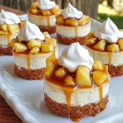 To make these sweet treats, you need: - 1 cup graham cracker crumbs - 1/4 cup unsalted butter, melted - 2 tablespoons granulated sugar - 8 oz cream cheese, softened - 1/2 cup powdered sugar - 1 teaspoon vanilla extract - 1/2 cup sour cream - 1 medium apple, peeled, cored, and finely diced - 1 teaspoon cinnamon - 1/4 cup caramel sauce (store-bought or homemade) Each ingredient plays a key role. The graham cracker crumbs form the crust. The butter and sugar help bind it. The cream cheese creates that creamy filling we all love. Don't forget the apple for flavor! You can add a few fun touches to boost flavor and looks: - Whipped cream for topping - Extra caramel sauce for drizzling Whipped cream adds a nice fluffy texture. Drizzling caramel makes it sweeter and more appealing. Feel free to swap some items to suit your taste: - Use any apple type you prefer for different flavors. - Try almond or vanilla extract instead of regular vanilla for a twist. - Add chopped nuts like pecans or walnuts for crunch. Experimenting lets you create your own special mini cheesecakes. Enjoy mixing flavors and textures! First, preheat your oven to 325°F (160°C). This step is important. It ensures even baking. While the oven heats, line a muffin tin with paper liners. This makes it easy to remove the cheesecakes later. In a mixing bowl, combine the graham cracker crumbs, melted butter, and granulated sugar. Mix them well until they look like wet sand. Take a spoon and distribute this mixture evenly into each muffin liner. Press down firmly to create a solid crust. This crust will hold your mini cheesecakes together. In another bowl, beat the softened cream cheese, powdered sugar, and vanilla extract. Mix until the blend is smooth and creamy. It should be free of lumps. Next, add the sour cream and stir until just combined. Now, gently fold in the diced apple and cinnamon. This adds flavor and texture. Make sure the apple pieces are mixed evenly throughout the batter. Your cheesecake mixture should be rich and ready to fill the crusts. Spoon the cheesecake batter over your crusts. Fill each muffin liner about 3/4 full. This allows space for the cheesecakes to rise a bit. Place the muffin tin in the preheated oven. Bake them for 18 to 20 minutes. The centers should be set but still slightly jiggly. Once they are done, take them out of the oven. Let them cool at room temperature for about 30 minutes. After that, refrigerate them for at least 2 hours. This helps them set properly and makes them easier to eat. After chilling, drizzle caramel sauce over the mini cheesecakes. You can even add whipped cream on top if you want. This adds a nice touch and makes them look even tastier. To get a creamy and smooth cheesecake, use softened cream cheese. It mixes well and avoids lumps. Beat the cream cheese and sugar until smooth. Don't overmix once you add the sour cream. This keeps the texture light and fluffy. Bake just until they are slightly jiggly in the center. They will set as they cool. You can add more flavor to your mini cheesecakes. Try mixing in some chopped nuts for crunch. A sprinkle of nutmeg can add warmth. If you want a stronger apple taste, use apple pie spice instead of cinnamon. You can also switch to different apples, like Granny Smith for tartness, or Fuji for sweetness. For a stunning look, place your mini cheesecakes on a nice platter. Drizzle extra caramel sauce over the top. This adds shine and sweetness. A sprinkle of cinnamon or a few thin apple slices can add color and style. Serve them with whipped cream on the side for extra creaminess. Enjoy your delicious treat! {{image_2}} You can switch up the apple for your mini cheesecakes. While a medium apple works great, other types add fun twists. For a sweeter taste, use Fuji or Honeycrisp apples. For a tart flavor, Granny Smith apples shine. You can also try a mix of different apples for a unique taste! Add more flavor to your mini cheesecakes with nuts and spices. Chopped walnuts or pecans give a crunchy bite. You can also sprinkle in some nutmeg for a warm touch. If you love a stronger taste, try adding ginger or even a dash of pumpkin spice. These little changes make a big impact! Mini cheesecakes are perfect for parties and easy to serve. They bake faster and chill quicker than full-sized versions. Full-sized cheesecakes need more time to cool and set. If you prefer a larger dessert, just double the recipe and use a springform pan. Both options taste amazing, so it's up to you! To keep your caramel apple mini cheesecakes fresh, store them in an airtight container. This helps prevent them from drying out. Always let them cool fully before you cover them. If you plan to stack them, place parchment paper between the layers. This keeps them from sticking together. In the fridge, these mini cheesecakes last for about 3 to 5 days. Make sure your fridge is set to a cool temperature. If you notice any changes in texture or smell, it's best to toss them out. Trust your senses; they know best! For longer storage, you can freeze the cheesecakes. First, let them cool completely. Then, wrap each one in plastic wrap and place them in a freezer bag. They can last for up to 2 months in the freezer. When you're ready to enjoy, thaw them overnight in the fridge. Drizzle with caramel just before serving for that fresh taste! Yes, you can make these mini cheesecakes ahead of time. I suggest preparing them the day before your event. After baking, let them cool and then place them in the fridge. This allows the flavors to blend nicely. Plus, chilling them makes them firm and easy to serve. If you want a substitute for cream cheese, try using Greek yogurt. It gives a similar creamy texture. You can also use mascarpone cheese for a richer taste. Both options will work well in this recipe. Just remember, the flavor will change slightly. To make homemade caramel sauce, you will need sugar, butter, and cream. Start by heating one cup of sugar in a pan over medium heat. Stir it until it melts and turns golden brown. Then, add 6 tablespoons of butter and stir until melted. Finally, slowly mix in half a cup of heavy cream. Be careful, as it bubbles up! Let it cool before drizzling over your mini cheesecakes. Caramel apple mini cheesecakes are a delightful treat made with simple steps. We covered the main ingredients, optional toppings, and helpful variations. Step-by-step, I guided you through preparing the crust, making the cheesecake mix, and baking. I shared tips to ensure a creamy texture and ideas to enhance flavor. Finally, we discussed storage methods to keep them fresh. Enjoy making these mini sweets, and remember, with some creativity, the options are endless!