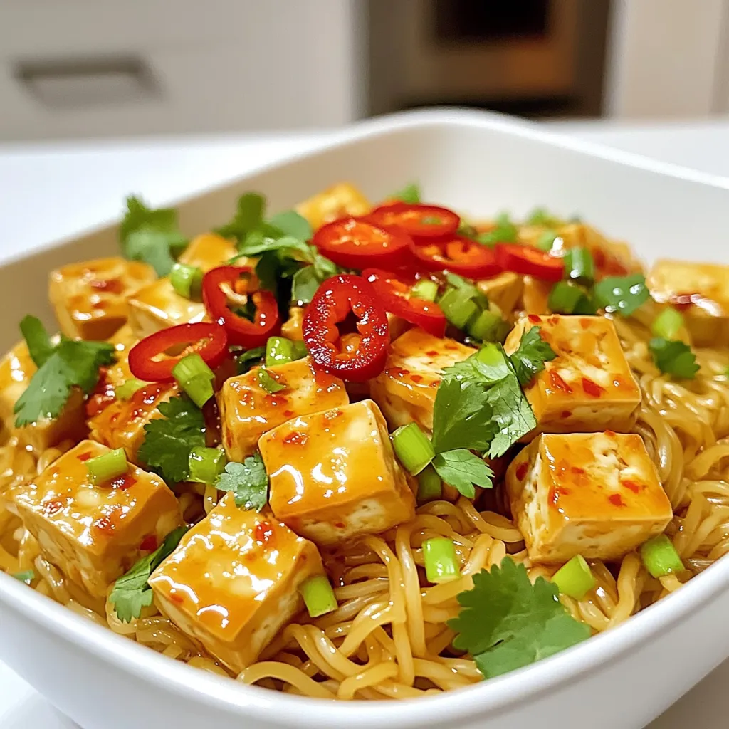- 200g rice noodles - 200g firm tofu, pressed and cubed - 4 cloves garlic, minced - 1 red chili, finely sliced - 3 tablespoons soy sauce - 2 tablespoons sesame oil - 1 tablespoon honey or maple syrup - 1 teaspoon grated ginger - 2 green onions, chopped - Fresh cilantro for garnish - Salt and pepper to taste Gathering these ingredients makes cooking easy. The rice noodles provide a great base. Firm tofu adds protein and texture. Garlic and red chili bring bold flavor. Soy sauce and sesame oil give it a rich taste. Honey or maple syrup balances the spice. Grated ginger adds warmth. Green onions and cilantro finish the dish beautifully. Using fresh ingredients makes a big difference. Choose firm tofu for the best texture. Press it well to remove excess water. This helps it brown nicely. Fresh garlic and chili bring bright flavors. Don’t skip the garnishes; they add color and freshness. Each ingredient plays a role in creating a delightful meal. - Bring a pot of water to a boil. - Add 200g of rice noodles. Cook them for about 4-5 minutes. Check the package for exact times. - Once cooked, drain the noodles and set them aside. This step is quick but key to the dish. - In a non-stick skillet, heat 1 tablespoon of sesame oil over medium heat. - Add 200g of cubed, pressed tofu. Sauté until golden brown on all sides, about 5-7 minutes. - Season lightly with salt and pepper. This adds flavor. - When they look great, remove the tofu from the skillet and set it aside. - In the same skillet, add 1 more tablespoon of sesame oil. - Stir-fry 4 minced garlic cloves, 1 sliced red chili, and 1 teaspoon of grated ginger for 1-2 minutes. The smell will be amazing! - Add the cooked noodles back into the skillet with the garlic mix. - Pour in 3 tablespoons of soy sauce and 1 tablespoon of honey. Toss everything together until well coated. - Finally, gently fold in the sautéed tofu and 2 chopped green onions. Cook for another minute to heat through. Tofu has many types. Firm tofu works best for this dish. It holds its shape and gives a nice bite. You can also try extra-firm tofu for even more texture. Marinating tofu boosts its flavor. Mix soy sauce, ginger, and a bit of sesame oil. Let the tofu soak for at least 30 minutes. This step makes a big difference in taste. To avoid mushy noodles, cook them just until al dente. Follow the package instructions closely. Drain them quickly and rinse with cold water. This stops the cooking process. If you want to prepare noodles in advance, cook them and toss them with a bit of oil. This keeps them from sticking together. Store them in the fridge until ready to use. You can customize the spice level to your taste. If you love heat, add more red chili or even chili flakes. For a milder version, remove the seeds from the chili. To make the dish vegan-friendly, simply swap honey for maple syrup. This keeps the sweetness while keeping it plant-based. {{image_2}} You can switch up the protein in this dish easily. - Adding chicken or shrimp: Use 200g of diced chicken or shrimp. Sauté them before adding garlic. Cook until they are done, then follow the rest of the steps. - Using tempeh for a different texture: Tempeh gives a nutty flavor. Use 200g of cubed tempeh. Sauté it the same way as tofu for a unique twist. You can boost the flavors and nutrition by adding veggies. - Incorporating vegetables like bell peppers or bok choy: Slice bell peppers or chop bok choy. Stir-fry them with garlic. This adds color and crunch to your meal. - Adding nuts or seeds for crunch: Top the dish with sesame seeds or crushed peanuts. This gives a nice texture and extra flavor. Get creative with flavors in this dish. - Experimenting with different chili types: Try jalapeño or serrano for more heat. Adjust the amount based on your spice level. - Exploring umami enhancements with miso: Add a teaspoon of miso paste to the sauce. This adds depth and richness to your noodles. To store leftovers, let them cool first. Place the noodles and tofu in an airtight container. This keeps out air and moisture. Use a glass or plastic container that seals well. You can keep the dish in the fridge for up to three days. To reheat without losing flavor, use a skillet. Add a splash of water or oil to keep it moist. Heat over medium until warm. Stir often to prevent sticking. You can also use the microwave. Place in a microwave-safe dish and cover. Heat in short bursts, stirring in between. Yes, you can freeze this dish. Just make sure it cools completely. Use freezer-safe bags or containers. Squeeze out air to prevent freezer burn. When you’re ready to eat, thaw overnight in the fridge. Reheat in a skillet for the best taste. Making Minute Garlic Chili Noodles with Tofu takes about 20 minutes total. You spend 10 minutes prepping the ingredients and about 10 minutes cooking. This quick meal is perfect for busy days. Yes, you can make this recipe gluten-free. Use gluten-free rice noodles instead of regular noodles. For soy sauce, switch to tamari, which is gluten-free. This way, you keep all the great flavors. You can serve these noodles with a side salad or steamed veggies. A light cucumber salad pairs well. You might also enjoy it with spring rolls for a fun meal. In this post, we covered how to make Minute Garlic Chili Noodles with Tofu. We explored the main ingredients, cooking steps, and tips for perfecting your dish. Experimenting with flavors and storage options can create a meal tailored to your taste. Remember, you can add proteins or veggies to make it your own. I encourage you to try this recipe and make it a family favorite. Enjoy your cooking adventure!