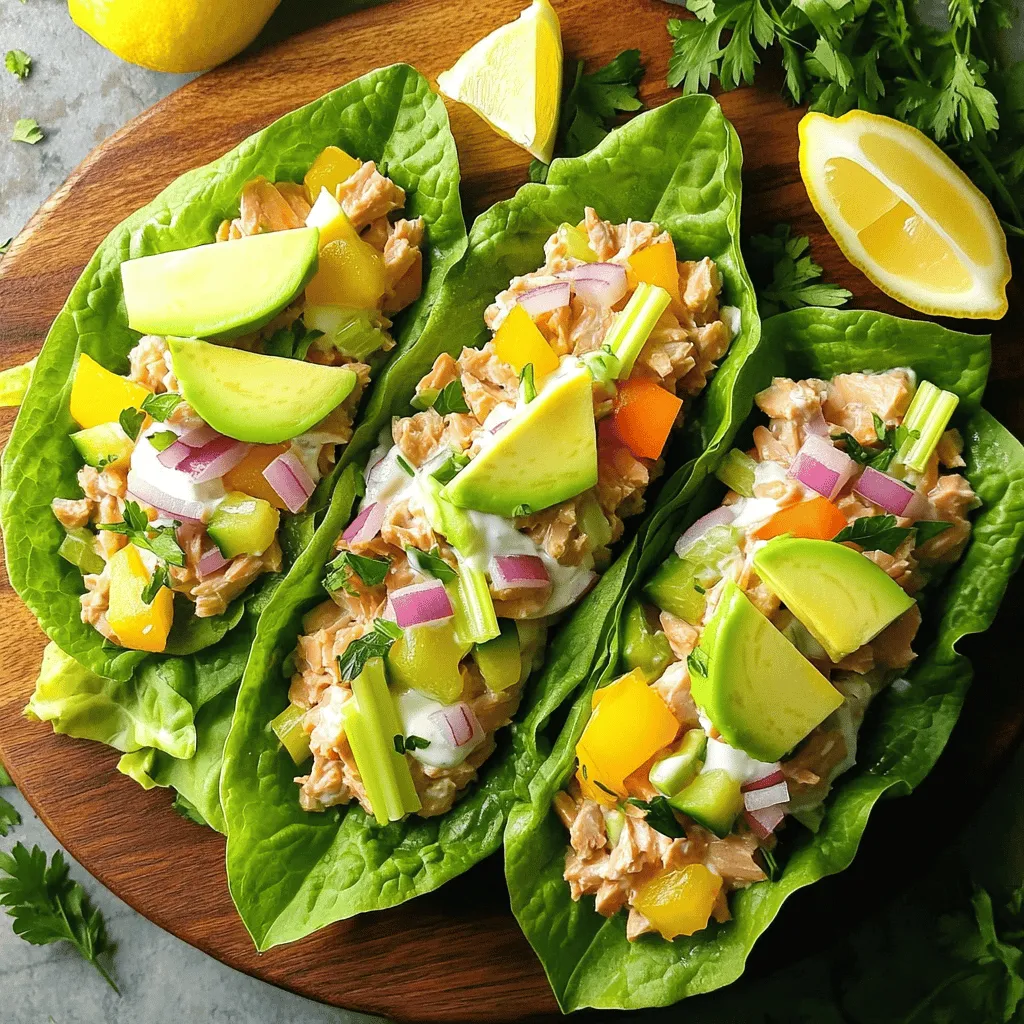 - 2 cans of tuna in water, drained - 1/2 cup Greek yogurt - 1 tablespoon Dijon mustard - 1/4 cup red onion, finely chopped - 1/2 cup celery, diced - 1/4 cup bell pepper, diced (any color) - 2 tablespoons capers, drained and chopped - 1 tablespoon fresh lemon juice - Salt and pepper to taste - 4 large lettuce leaves (romaine or butter lettuce) - 1 avocado, sliced The main ingredients for your protein tuna salad are simple yet packed with flavor. Tuna is the star here, giving you a great source of protein. Greek yogurt replaces mayo, adding creaminess with less fat. Dijon mustard brings a nice tang. Each crunchy vegetable adds texture and flavor. - Fresh herbs like dill or parsley for garnish - Seasoning: salt and pepper to taste You can make your wraps special with fresh herbs. Dill or parsley adds a bright note. Adjust the seasoning to your taste with salt and pepper. These little extras make a big difference! 1. In a bowl, combine two cans of drained tuna, 1/2 cup of Greek yogurt, and 1 tablespoon of Dijon mustard. Mix until the tuna is well coated. 2. Next, add 1/4 cup of finely chopped red onion, 1/2 cup of diced celery, 1/4 cup of diced bell pepper, and 2 tablespoons of chopped capers. 3. Squeeze in 1 tablespoon of fresh lemon juice. Gently stir to mix without breaking the tuna too much. 4. Season with salt and pepper to taste. You can also add fresh herbs if you like. 1. Take 4 large lettuce leaves and lay them flat on a clean surface. 2. Spoon a portion of the tuna salad into the center of each leaf. 3. Add a few slices of avocado on top of the tuna salad. 4. Fold the sides of the lettuce leaf over the filling. Then, roll it up from the bottom to make a wrap. 5. Repeat this process until all the tuna salad and leaves are used. - You can serve the wraps right away for a fresh bite. - If you prefer, chill the wraps in the fridge for up to an hour before serving. - For a nice touch, serve the wraps on a platter with lemon wedges and a sprinkle of fresh herbs. To keep your tuna intact, use a fork. Gently mix the tuna, yogurt, and mustard. This method helps avoid breaking it apart too much. When adding veggies like onion and celery, fold them in slowly. This keeps the texture nice. For seasoning, start with a pinch of salt and a dash of pepper. Taste before adding more. Fresh lemon juice brightens the dish. If you like herbs, add some finely chopped dill or parsley for flavor. Garnishes make your wraps look great. Use fresh herbs on top for color. Slices of lemon on the side add a pop too. For gatherings, serve the wraps on a nice platter. Arrange them neatly, and sprinkle some herbs around. This makes the dish inviting and fun. You can also serve with crunchy veggie sticks for a nice touch. {{image_2}} You can easily change up the recipe to fit your taste. If you don't have Greek yogurt, you can use sour cream or mayo instead. These swaps will keep your tuna salad creamy and tasty. You can also mix in different vegetables to add crunch. Try diced cucumber, shredded carrots, or even corn for a sweet pop. Each swap brings a new twist to your wraps. Want to spice things up? Add some cayenne pepper or hot sauce for heat. You can also mix in some garlic powder or smoked paprika for depth. If you follow a low-carb or keto diet, switch the lettuce for low-carb tortillas. This change keeps the wrap easy to handle. Enjoy the same great taste while meeting your dietary needs. To keep your protein tuna salad wraps fresh, store them in the fridge. Wrap them tightly in plastic wrap or place them in an airtight container. This helps prevent them from drying out. You can keep the wraps in the fridge for up to one hour before serving. For the tuna salad mixture, you can store it in the fridge as well. It stays good for about three days. Make sure to use a sealed container to maintain freshness. If you want to save your wraps or tuna salad for later, consider freezing. Place the tuna salad in a freezer-safe container. You can freeze it for up to three months. Just make sure to label the container with the date. When you’re ready to eat, defrost the tuna salad in the fridge overnight. This keeps it safe and tasty. After it’s thawed, you can enjoy it cold or mix it with fresh ingredients. If you freeze the wraps, I recommend removing the lettuce. You can add fresh lettuce when you’re ready to serve. Protein tuna salad wraps stay fresh in the fridge for up to 24 hours. After this time, the lettuce may wilt. The tuna salad mixture can last for 3 days in the fridge, if stored in a sealed container. Always check for any off smells before eating. Yes, you can prepare the tuna salad a few hours ahead. Store it in the fridge in a sealed container. Just wait to assemble the wraps until you are ready to serve. This keeps the lettuce crisp and fresh. If you want to prep even more, chop the veggies a day before. Just keep them in water to keep them fresh. You can serve fruit, like apple slices or grapes, for a sweet touch. Chips or crackers add a nice crunch. A light salad with mixed greens and vinaigrette pairs well too. You could also try a simple soup for a warm side. These options bring out the fresh flavors in the wraps. This blog post covered how to make delicious tuna salad wraps. We discussed essential ingredients like tuna, Greek yogurt, and colorful vegetables. I shared easy steps for prep and assembly. You can add your favorite herbs and spices to make it your own. Remember, proper storage keeps your wraps fresh for longer. Tuna salad wraps are a tasty, healthy choice for any meal. Now, you can enjoy making them yourself!