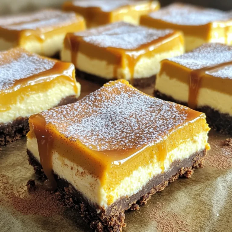 - 1 ½ cups graham cracker crumbs - ½ cup unsweetened cocoa powder - ½ cup sugar - 1/2 cup unsalted butter, melted - 16 oz cream cheese, softened - ½ cup sugar - 2 large eggs - 1 cup pumpkin puree - 1 teaspoon vanilla extract - 2 teaspoons pumpkin pie spice - ½ cup brewed espresso, cooled - ½ cup heavy cream For these Pumpkin Spice Latte Cheesecake Bars, I love using a mix of flavors. The crust starts with graham cracker crumbs to give it a sweet and crunchy base. Adding cocoa powder makes it rich and chocolatey. I mix in sugar and melted butter for a perfect texture. The filling is the star of the show. Softened cream cheese blends with sugar to create a creamy base. Next, I add eggs one by one. This ensures they mix well. Then, I stir in pumpkin puree for that fall flavor. Vanilla extract and pumpkin pie spice add warmth. Brewed espresso gives a lovely coffee touch, while heavy cream adds richness. These ingredients come together to create a dessert that is rich, creamy, and bursting with flavor. Perfect for sharing at any gathering! 1. Preheat your oven to 350°F (175°C). 2. Line a 9x9-inch baking pan with parchment paper, leaving some overhang. 3. In a medium bowl, mix graham cracker crumbs, cocoa powder, and sugar. 4. Pour in melted butter, stirring until it resembles wet sand. 5. Press this mixture evenly into the bottom of the pan. 6. Bake the crust for 10 minutes. Let it cool while you make the filling. 1. In a large bowl, blend softened cream cheese and sugar until smooth. 2. Add eggs one at a time, mixing well after each addition. 3. Mix in pumpkin puree, vanilla extract, pumpkin pie spice, and cooled espresso. 4. Beat until everything is fully combined and smooth. 5. Gently fold in heavy cream until just combined. 6. Pour the filling over the cooled crust and spread it evenly. 1. Bake the filling for 30-35 minutes. The edges should be set, and the center should jiggle slightly. 2. Turn off the oven, crack the door, and let bars cool inside for 1 hour. 3. Transfer to the refrigerator to chill for at least 4 hours or overnight. 4. Once chilled, lift the cheesecake out using the parchment paper. 5. Cut into squares and serve. To get creamy cheesecake bars, cooling time is key. After baking, leave the bars in the oven for one hour. This gentle cooling helps set the filling. Chilling is equally important. Refrigerate the bars for at least four hours. Overnight chilling is best. This time allows flavors to meld and the texture to firm up. Serving suggestions can elevate your cheesecake bars. Dust them with powdered sugar for a sweet touch. A drizzle of caramel sauce adds richness. You can also sprinkle cinnamon on top for an extra kick. Balancing sweetness and spice is crucial. Taste your filling before baking. Add more pumpkin pie spice if you want a bolder flavor. Adjust sugar to match your taste. Choose the right baking pan for success. A 9x9-inch square pan works best for even baking. Line it with parchment paper for easy removal. For mixing, use a hand mixer or stand mixer. These tools ensure a smooth, creamy filling. A rubber spatula helps fold in the heavy cream without losing air. This keeps your cheesecake light and fluffy. {{image_2}} You can easily change the flavors of these bars. Adding chocolate chips brings a rich twist that pairs well with pumpkin. You can sprinkle in some caramel for a sweet surprise. If you want to try something different, use spices like nutmeg or ginger. These spices give a unique taste that makes your cheesecake bars stand out. For those avoiding gluten, use gluten-free graham crackers for the crust. You can also make a nut-based crust if you want. If you prefer vegan options, swap cream cheese with a plant-based version. Use flax eggs instead of regular eggs for the filling. These changes keep the bars delicious without losing flavor. You can change these bars to fit any holiday. For Christmas, add peppermint extract for a festive flavor. Top them with crushed candy canes for a fun look. For Thanksgiving, serve the bars with whipped cream and a sprinkle of cinnamon. These ideas make the bars perfect for any celebration. Store your pumpkin spice latte cheesecake bars in the fridge. Use an airtight container to keep them fresh. This helps maintain the creamy texture and rich flavor. If you plan to keep them longer, consider freezing them. Wrap each bar tightly in plastic wrap, then place them in a freezer bag. This prevents freezer burn and keeps them tasty. In the fridge, your cheesecake bars will last about five days. After this, they may not taste as good. Look for signs like an off smell or a change in texture. If the bars feel slimy or dry, it's best to toss them. To reheat, I suggest using the microwave. Heat each bar for about 10-15 seconds. This warms them without ruining the texture. You can also serve them cold, topped with whipped cream or a drizzle of caramel. This adds extra flavor and makes them even more delightful! For neat cuts, chill the bars well. Use a sharp knife. Wipe the knife with a damp cloth between cuts. This helps keep the edges clean. You can also score the bars lightly before cutting. This gives you a guide for even pieces. Present the bars on a platter. Dust with powdered sugar or drizzle with caramel for a nice look. Yes, you can make these cheesecake bars a day before serving. After baking and chilling, store them in the fridge. Keep them covered tightly with plastic wrap or foil. This keeps them fresh. If you want to store them longer, freeze the bars. Just wrap them well in plastic wrap and foil. They can last up to two months in the freezer. To adjust the sweetness, try using less sugar in the filling. You can also add a bit more pumpkin spice to balance the flavor. If you like it sweeter, add a bit more sugar or a sweetener of your choice. Just make sure to mix well after adding any substitutes. Taste the mixture before baking to get it just right. This blog post covered how to make delicious cheesecake bars. We explored the key ingredients for the crust and filling. I provided step-by-step instructions for preparation and baking. Tips on texture, flavors, and equipment helped you refine your skills. Variations and storage methods offered creative ideas for every occasion. Now, you have the tools to impress with your cheesecake bars. Enjoy making and sharing this treat!