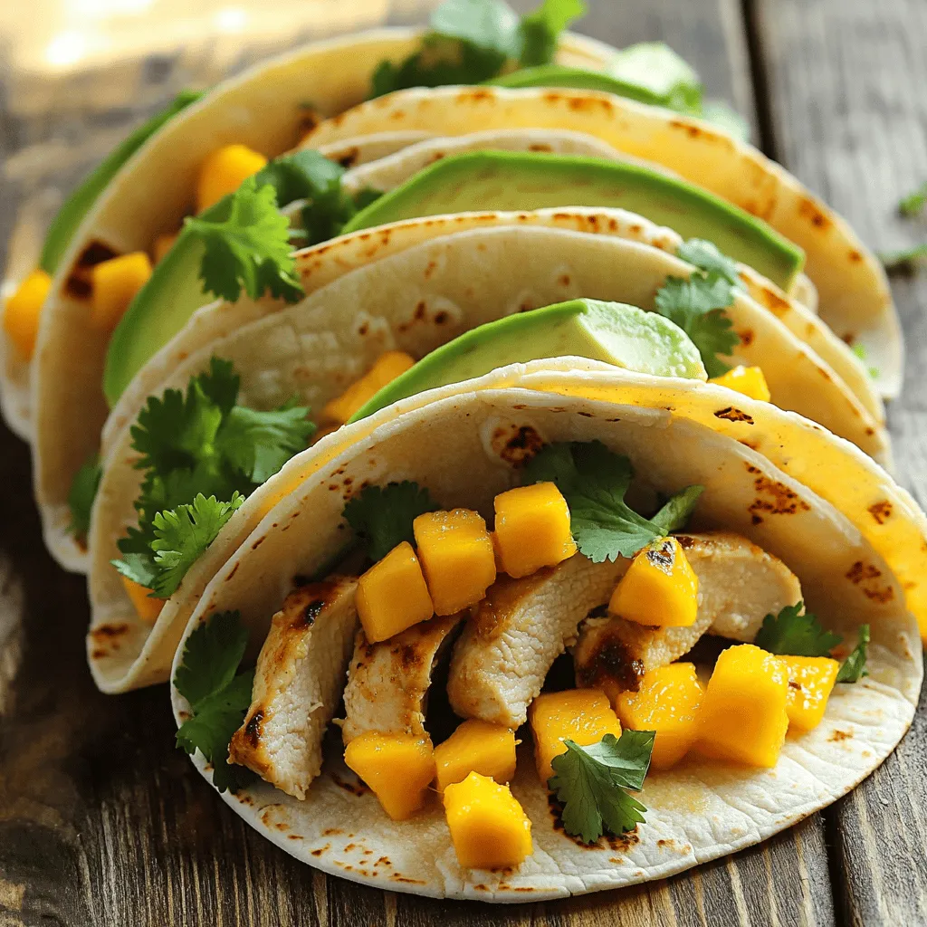 - 2 boneless, skinless chicken breasts - 1 ripe mango, diced - 1-2 habanero peppers, finely chopped - 1 small red onion, finely chopped - 2 cloves garlic, minced - Juice of 1 lime - 2 tablespoons olive oil - 1 teaspoon cumin - Salt and pepper to taste - 8 small corn tortillas - Fresh cilantro, for garnish - Avocado slices, for serving - Chopped jalapeños for extra heat - Crumbled queso fresco for creaminess - Sliced radishes for crunch - Lime wedges for extra zest - Mixing bowl for marinating - Grill or skillet for cooking - Knife and cutting board for prep - Spoon for mixing salsa - Tongs for flipping chicken - Serving platter for tacos To start, grab a bowl and add the chicken breasts. Pour in the olive oil, lime juice, minced garlic, cumin, salt, and pepper. Next, chop the habanero peppers and add them to the mix. Remember to wear gloves while handling these spicy peppers! Stir well to coat the chicken. Cover it and let it marinate for at least 30 minutes in the fridge. For more flavor, marinate it for up to 2 hours. After marinating, preheat your grill or skillet over medium-high heat. Remove the chicken from the marinade, letting any excess drip off. Cook the chicken for about 6 to 8 minutes on each side. Make sure it reaches an internal temperature of 165°F (75°C). Once done, let the chicken rest for a few minutes. Then, slice it into strips. For the salsa, take a medium bowl and combine the diced mango and finely chopped red onion. Squeeze in some lime juice and sprinkle a pinch of salt. Gently mix everything together. Set the salsa aside to let the flavors blend. Next, take a dry skillet and place it over medium heat. Warm the corn tortillas for about 30 seconds on each side. They should be soft and pliable. This step makes them easier to fold and fill. Now it’s taco time! Lay a warm tortilla on your plate. Add a generous amount of sliced chicken on top. Then, spoon on some mango salsa. For extra flavor, garnish with fresh cilantro. If you like, add avocado slices for a creamy touch. Serve your tacos right away while they are still warm. Pair them with a refreshing drink or some chips and salsa. Enjoy the burst of flavors in every bite! To change the heat level, use fewer or more habanero peppers. You can also remove the seeds and membranes, as they hold the most heat. If you want a milder taste, consider using jalapeños instead. For extra spice, add a pinch of cayenne pepper to the marinade. Marinating is key for juicy chicken. I recommend marinating for at least 30 minutes. For a deeper flavor, aim for 2 hours in the fridge. The longer the chicken sits, the more it absorbs the spices and lime juice. Always use a glass or plastic bowl to avoid any reactions. Always wear gloves when handling habaneros. They can irritate your skin and eyes. After chopping, wash your hands well. Avoid touching your face until you are sure your hands are clean. If you want to cool down the heat, mix chopped peppers with yogurt or sour cream for a spicy dip. Serve the tacos warm and fresh. Use colorful toppings like diced mango and fresh cilantro. Arrange the tacos on a bright plate for a stunning look. You can also add lime wedges for a zesty touch. For a fun twist, serve with a side of tortilla chips and salsa. {{image_2}} You can switch chicken for other proteins. Tofu is a great choice for a vegetarian option. Press the tofu to remove water, then marinate it like the chicken. Grill or sauté it until golden. Shrimp works well too. Just peel and devein them, then cook for a few minutes until pink and firm. Don’t feel stuck with mango salsa. Pineapple adds a sweet and tangy kick. Dice fresh pineapple and mix it with red onion and lime juice. Peach salsa is another tasty option. Use diced peaches with a bit of cilantro and lime for a fruity twist. Both will brighten the tacos. Making these tacos gluten-free is simple. Just swap corn tortillas for a gluten-free brand. For a vegan version, use jackfruit or chickpeas in place of chicken. Season them with the same marinade. Cook until tender, and you’ll have a hearty taco that everyone can enjoy. To keep your Spicy Mango Habanero Chicken Tacos fresh, store them in an airtight container. Make sure to separate the chicken, salsa, and tortillas. This helps prevent sogginess. Use parchment paper between layers if needed. These tacos can last up to three days in the fridge. The chicken stays juicy, and the flavors meld well. However, the mango salsa may lose its crunch. Enjoy it within this time for the best taste. You can freeze the chicken and salsa separately for up to three months. Wrap the chicken tightly in plastic wrap, then place it in a freezer bag. For the salsa, use a sealed container. Thaw in the fridge before reheating. Tortillas freeze well too; just wrap them in foil or plastic. To keep your chicken juicy, marinate it well. Use olive oil and lime juice. These add moisture and flavor. Cook at medium heat, and don’t overcook it. Aim for an internal temperature of 165°F (75°C). Let it rest before slicing to lock in juices. Yes, you can! While corn tortillas are great, flour tortillas work well too. You could even try whole wheat or spinach tortillas for a twist. Just warm them up before filling. This makes them soft and easy to fold. To spice things up, add more habanero peppers. You can also use hot sauce or red pepper flakes in the marinade. For extra kick, try adding jalapeños to the mango salsa. Just remember to taste as you go to get the right heat level. Serve your tacos with a fresh salad or black beans. Corn on the cob also pairs nicely. For something crunchy, try tortilla chips with salsa. These sides complement the flavors in the tacos and add a nice touch. This recipe is balanced with protein and healthy fats. Chicken breast is lean, while avocado adds good fats. The mango provides vitamins and fiber. Be careful with the habaneros; they can add calories if you use too much oil. Enjoy in moderation! In this post, I shared how to make Spicy Mango Habanero Chicken Tacos. We covered the key ingredients, step-by-step instructions, and storage tips. You learned how to adjust spice levels and try different proteins. Remember, these tacos are versatile and fun to make. Enjoy them with your favorite sides, or get creative with flavors. Whether you're feeding a crowd or having a quiet night, these tacos will impress. Your kitchen just got a lot more exciting!