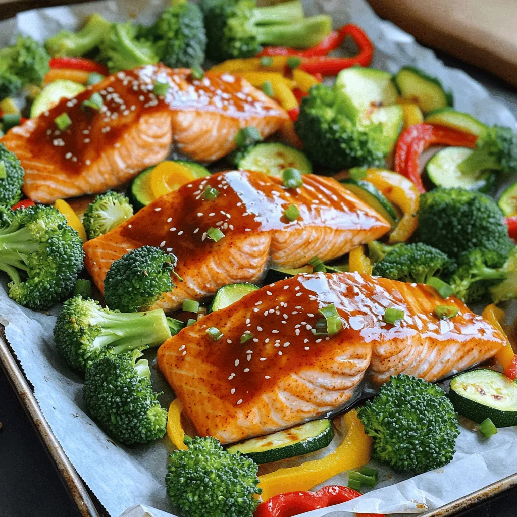 - 4 salmon fillets - 2 cups broccoli florets - 1 bell pepper, sliced into strips (any color) - 1 zucchini, sliced into rounds - 3 tablespoons sweet chili sauce - 2 tablespoons soy sauce (or coconut aminos for a gluten-free option) What do you need for this dish? First, you need salmon fillets. Salmon is full of healthy fats and cooks nicely. Next, gather fresh vegetables. I like broccoli, bell peppers, and zucchini. They add color and crunch. Then, grab sweet chili sauce. This sauce brings a sweet and spicy kick. Soy sauce or coconut aminos is next. This will add umami and saltiness to the dish. - Sesame seeds - Chopped green onions For garnish, I suggest sesame seeds and chopped green onions. They add flavor and make your dish look great. You can sprinkle them on right before serving. - Olive oil - Minced garlic and ginger - Seasoning essentials Don't forget your cooking staples! Olive oil keeps the salmon and veggies moist. Minced garlic and ginger give a warm, aromatic flavor. Salt and pepper are also key to enhancing taste. These simple ingredients bring your dish to life. - Preheat your oven to 400°F (200°C). This helps the salmon cook evenly. - Line a large sheet pan with parchment paper. This makes cleanup easy. - In a small bowl, whisk together the sweet chili sauce, soy sauce, olive oil, minced garlic, and minced ginger. This sauce gives a tasty kick. - Place the salmon fillets on one side of the sheet pan. Drizzle half of the sauce over them. Turn the salmon to coat it well. - On the other side of the sheet pan, arrange the broccoli, bell pepper, and zucchini. Drizzle the rest of the sauce over the veggies. Season with salt and pepper. Toss the veggies to coat them evenly. - Arrange the salmon and veggies nicely on the sheet pan. Leave space between them for even cooking. - Bake in the preheated oven for about 15–18 minutes. Check that the salmon flakes easily with a fork and that the veggies are tender but still crisp. - Remove the sheet pan from the oven and let it cool for a few minutes. - Garnish with sesame seeds and chopped green onions before you serve. This adds a nice touch. To check if your salmon is done, use a fork. Flake the fish gently. If it easily breaks apart, it’s ready. Salmon should be opaque and not translucent. This shows it is fully cooked. To ensure the salmon absorbs flavor, marinate it well. Let it sit in the sweet chili sauce mix for at least 15 minutes. This helps the fish soak up that tasty goodness. It makes each bite burst with flavor. Choose fresh, vibrant vegetables for this dish. Broccoli, bell peppers, and zucchini work great together. They not only look good but also taste fantastic. Use seasonal veggies for the best flavor. To achieve that perfect crispness, do not overcrowd the pan. Spread the veggies out so they roast nicely. A little space helps them get tender and slightly crispy. Toss them in the sauce to coat evenly. If you want to feed more people, simply adjust the recipe. Double the salmon and veggies, but keep the sauce amounts similar. This ensures everyone gets enough flavor. For meal prepping, you can prepare all ingredients ahead of time. Store them in the fridge for up to two days. When ready to cook, just follow the steps as usual. This makes busy weeknights a breeze! {{image_2}} You can change the flavor by using different sauces. Try teriyaki or garlic soy sauce for a twist. Adding spices or herbs can also change the taste. Use chili flakes for heat or fresh herbs like basil for freshness. Feel free to swap seasonal veggies based on what you have. Asparagus, carrots, or snap peas work well. Root vegetables like sweet potatoes or beets add a hearty touch. Just cut them into smaller pieces for even cooking. To make this dish gluten-free, use coconut aminos instead of soy sauce. If you want a vegetarian or vegan version, replace the salmon with tofu or tempeh. Marinate them just like you would the salmon for full flavor. To keep your sweet chili salmon and veggies fresh, follow these tips. First, let the dish cool down to room temperature. Then, place the leftovers in an airtight container. Store it in the refrigerator for up to three days. If you want to keep it longer, you can freeze it. Just wrap the salmon and veggies tightly in plastic wrap and then place them in a freezer-safe bag. They can last for up to three months in the freezer. When it's time to eat your leftovers, proper reheating is key. The best way to reheat is in the oven. Preheat your oven to 350°F (175°C). Place the salmon and veggies on a baking sheet. Heat for about 10 to 15 minutes. This method helps keep the texture nice. You can also use the microwave, but it may make the salmon a bit soggy. If you use the microwave, heat in short bursts to avoid overcooking. Leftovers can last in the fridge for three days. After that, the taste and quality may decline. If you freeze your dish, it will last for about three months. Always check for signs of spoilage before eating. If the salmon looks dull or the veggies appear slimy, it’s best to toss them. Freshness is crucial for great flavor and safety. To make sweet chili salmon, follow these key steps: - Preheat your oven to 400°F (200°C). - Line a large sheet pan with parchment paper. - Mix sweet chili sauce, soy sauce, olive oil, garlic, and ginger in a bowl. - Place salmon fillets on one side of the pan. - Drizzle half of the sauce over the salmon and coat it well. - On the other side, place broccoli, bell pepper, and zucchini. - Drizzle the rest of the sauce on the veggies and season them. - Bake for 15–18 minutes until the salmon flakes easily. - Garnish with sesame seeds and green onions. Yes, you can use frozen salmon. Here are some tips: - Thaw the salmon in the fridge overnight for best results. - If you’re short on time, place it in cold water for about 30 minutes. - Make sure to pat it dry before adding the sauce. - Adjust cooking time as needed. Frozen salmon may require a few extra minutes. You can serve various side dishes with sheet pan salmon: - Steamed rice or quinoa for a hearty base. - A fresh salad with mixed greens and a light dressing. - Roasted sweet potatoes or a baked potato for a filling option. - Grilled corn on the cob for a summer vibe. - Garlic bread for a warm, comforting touch. This guide covered all you need for sweet chili salmon. You learned about essential ingredients like salmon fillets, fresh veggies, and sauces. We discussed step-by-step cooking, helpful tips, and creative variations. Proper storage and reheating keep leftovers tasty. Enjoy experimenting with flavors and techniques. You can impress guests or simply enjoy a meal yourself. The possibilities are endless. Cook with confidence and have fun in the kitchen!