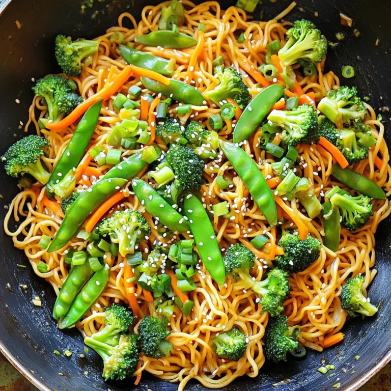 - 8 ounces lo mein noodles - 1 cup broccoli florets - 1 bell pepper, thinly sliced (any color) - 1 cup snap peas, trimmed - 1 large carrot, julienned - 3 green onions, chopped - 2 cloves garlic, minced - 1-inch piece of ginger, grated The main star of this dish is the lo mein noodles. They are chewy and soak up flavors well. Fresh vegetables give the dish color and crunch. Broccoli adds nutrients, while bell peppers bring sweetness. Snap peas add a nice snap, and carrots offer a bright taste. Garlic and ginger provide aroma and zest. - 3 tablespoons soy sauce - 1 tablespoon hoisin sauce - 1 teaspoon chili paste (optional, for heat) - 2 tablespoons sesame oil Soy sauce is essential for that savory flavor. Hoisin sauce adds a sweet note that contrasts nicely. If you enjoy heat, add chili paste for a spicy kick. Sesame oil gives a rich, nutty taste that brings it all together. - Sesame seeds for garnish - Salt and pepper to taste A sprinkle of sesame seeds on top adds a nice crunch and visual appeal. Always taste and adjust with salt and pepper to make the flavors pop. These simple garnishes elevate the dish, making it not just tasty but also beautiful. To cook lo mein noodles perfectly, start by bringing a large pot of water to a boil. Add the noodles and cook them as the package says. Usually, this takes about 4-5 minutes. Stir them gently to prevent sticking. Once they are soft, drain them well and rinse under cold water. This stops the cooking and keeps them from getting mushy. Set the noodles aside while you prepare the veggies. To stir-fry the veggies, heat two tablespoons of sesame oil in a large wok or frying pan over medium-high heat. Add minced garlic and grated ginger. Stir them for about 30 seconds. This brings out their great smell. Now, toss in the broccoli, bell pepper, snap peas, and julienned carrot. Stir-fry these for 4-5 minutes. You want them to be tender but still a bit crisp. This makes the dish colorful and fresh. Once the veggies are ready, add the cooked lo mein noodles to the pan. Pour in three tablespoons of soy sauce, one tablespoon of hoisin sauce, and chili paste if you like heat. Using tongs or chopsticks, toss everything together. Mix well until all the noodles and veggies are coated in the sauce. Season with salt and pepper to your taste. Finally, stir in the chopped green onions for extra flavor. Serve hot with sesame seeds on top for a nice touch! To get the best stir-fry, heat is key. I use medium-high heat for the oil. This helps the garlic and ginger release their flavors. Add the veggies in the right order. Start with the broccoli and carrots first. They take longer to cook. After a few minutes, toss in the snap peas and bell pepper. They should stay crisp. Stir-fry for about four to five minutes. This timing gives you tender yet crunchy vegetables. Boost the taste with simple spices and sauces. Soy sauce adds a salty kick. Hoisin sauce gives sweetness and depth. If you like heat, try chili paste. Just a teaspoon makes a big difference. You can also use fresh herbs like cilantro or basil for extra flavor. Plating matters, too! Use a large bowl or plate. Start with the lo mein at the bottom. Add the colorful veggies on top. A sprinkle of sesame seeds makes it pop. You can also add a few green onions for a fresh touch. This adds color and makes the dish more inviting. {{image_2}} You can add protein to your Veggie Lo Mein easily. Tofu works great as a meat option. Choose firm tofu for a nice texture. Just cube it and sauté it with the veggies. Tempeh is another good choice. It has a nutty flavor and adds a nice bite. You can also use edamame. This gives a boost of protein and a pop of color. Just toss in a cup of shelled edamame near the end of cooking for the best results. If you want a gluten-free version, swap out the lo mein noodles. Use rice noodles or even zucchini noodles. Both options taste great and have similar textures. Just follow the cooking instructions on the package. For the sauces, look for gluten-free soy sauce. This way, you can enjoy the same rich flavors without gluten. You can mix and match veggies based on what you have. Seasonal vegetables are perfect for this dish. Try adding bell peppers, mushrooms, or baby corn. Spinach or bok choy also work well. They add freshness and color. Experiment with what you like. This way, you can create a unique dish every time you cook! To keep your Veggie Lo Mein fresh, store it in an airtight container. Place the container in the fridge. It will stay good for about three to four days. For best taste, try to eat it sooner rather than later. When you reheat Veggie Lo Mein, use a pan or a wok. Add a splash of water or oil to keep it moist. Heat it over medium heat to avoid drying out the noodles. Stir often until it’s hot. This helps keep the veggies crunchy and the noodles soft. You can freeze Veggie Lo Mein if you need to save it for later. Let it cool first, then place it in a freezer-safe bag. Remove as much air as possible before sealing. It will stay fresh for about two to three months. When you’re ready to eat, thaw it in the fridge overnight. Reheat it in a pan, adding a touch of water to help it steam back to life. Yes, you can use other noodles. Spaghetti or rice noodles work well. If you like, try udon or soba noodles. Each type gives a different taste and texture. Choose what you enjoy most. To add heat, use more chili paste. You can also add red pepper flakes. Sriracha is another great choice. If you prefer fresh spice, add sliced jalapeños. Taste as you go to find the right spice level for you. Veggie Lo Mein can be a healthy choice. It offers many veggies that add fiber and vitamins. Broccoli and snap peas help boost your immune system. Whole grain noodles can add more nutrients. Just watch the soy sauce, as it can be high in sodium. Overall, this dish can fit well into a balanced diet. You now have a detailed guide for making Veggie Lo Mein. We covered fresh ingredients like noodles, vegetables, and sauces. I shared step-by-step cooking tips and smart variations for added flavor and nutrition. Remember, you can customize this dish with proteins or gluten-free options. Storing and reheating tricks will help you enjoy leftovers perfectly. Now, go ahead and make a delicious bowl of Lo Mein that suits your taste and needs! Happy cooking!