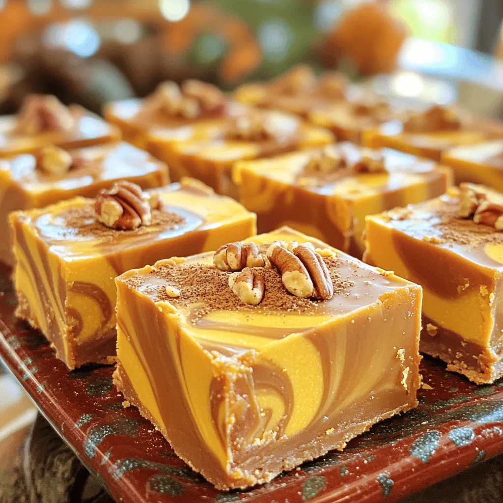 To make this tasty fudge, you need a few key ingredients: - 1 cup pumpkin puree - 2 cups granulated sugar - 1 cup sweetened condensed milk - 1/2 cup unsalted butter - 1 teaspoon vanilla extract - 1 teaspoon pumpkin pie spice - 1/2 teaspoon salt - 1 cup caramel sauce - 1/2 cup chopped pecans or walnuts (optional) These ingredients combine to create a rich and creamy treat. The pumpkin puree gives the fudge its signature fall flavor. The sugar and sweetened condensed milk create a smooth texture. The butter adds richness, while the vanilla and pumpkin pie spice bring warmth. You can add a few optional ingredients to personalize your fudge: - Chopped nuts (like pecans or walnuts) - A sprinkle of sea salt on top - Extra caramel sauce for drizzling These extras let you adjust the flavor and crunch to your liking. If you enjoy a nutty taste, adding nuts can give your fudge a great texture. If you have dietary needs, you can make simple swaps: - Use coconut milk instead of sweetened condensed milk for a dairy-free option. - Substitute coconut oil for butter to keep it vegan. - Use agave syrup or maple syrup instead of granulated sugar for a lower glycemic option. These substitutions help you enjoy this treat while meeting your dietary goals. Always read labels to ensure your swaps fit your needs. First, grab an 8x8 inch square baking dish. Line it with parchment paper. Leave some paper hanging over the edges. This will help you lift the fudge out later. Make sure the paper covers the bottom and sides. This step is key for easy removal. Now, take a large saucepan. Set it on medium heat. Combine the granulated sugar, sweetened condensed milk, and butter. Stir often until the butter melts. Watch closely as the mixture starts to boil gently. Lower the heat and keep stirring for about 5 to 7 minutes. The mix should thicken slightly during this time. Once thickened, remove the saucepan from the heat. Add the pumpkin puree, vanilla extract, pumpkin pie spice, and salt. Mix until smooth and well blended. This is where the magic happens. The flavors come together to create a cozy fall vibe. Pour half of the fudge mixture into your lined baking dish. Spread it out evenly. Next, drizzle half of the caramel sauce over this layer. Don't be shy! Then, pour the rest of the fudge mixture on top. Again, spread it evenly. Now, drizzle the remaining caramel sauce over this layer. Take a knife and gently swirl the caramel into the fudge. This creates a beautiful marbled effect. If you like, sprinkle some chopped pecans or walnuts on top for a nice crunch. Let the fudge cool at room temperature for about 30 minutes. After that, move it to the fridge. Allow it to set for at least 2 hours or until firm. Once set, use the parchment overhang to lift the fudge out. Cut it into squares, and enjoy your delicious treat! To get the best texture, cook the fudge mixture slowly. Stir it often. You want it to thicken just right. Watch for a slight bubble. If it boils too hard, your fudge may turn grainy. Use a candy thermometer if you have one. Aim for a temperature of around 235°F to 240°F. This gives you a soft, smooth fudge. One common mistake is not stirring enough. If you leave the mixture unattended, it can burn. Another mistake is cutting the fudge too soon. Let it cool in the fridge for at least two hours. This sets the fudge nicely. Also, don’t skip the salt. It balances the sweetness and enhances flavor. Want to boost the taste? Try adding a splash of maple syrup. It pairs well with pumpkin. You can also toss in a pinch of nutmeg for extra spice. For a crunch, add chopped pecans or walnuts. If you love chocolate, consider mixing in some mini chocolate chips. These tweaks make your fudge even more special and fun! {{image_2}} If you want a nut-free version of caramel pumpkin spice fudge, just leave out the nuts. The fudge will still taste great without them. You can also use a sprinkle of sea salt on top for a nice crunch. This makes it safe for kids and anyone with nut allergies. You can switch up the spices to create fun flavors. Try adding a pinch of nutmeg or cinnamon for a warm twist. If you like heat, a dash of cayenne pepper adds a kick. For a more tropical flavor, mix in some ginger. Each spice brings its own charm to the fudge. Chocolate makes everything better! You can add chocolate chips to the fudge for a rich taste. Just fold them in after mixing the pumpkin puree. Another option is to drizzle melted chocolate on top. This creates a pretty pattern and adds extra sweetness. You can also sprinkle crushed candy corn for a festive touch. Storing your caramel pumpkin spice fudge right keeps it fresh and tasty. First, let the fudge cool completely. Cut it into squares after it sets. Then, place the squares in an airtight container. You can use parchment paper between layers to prevent sticking. Keep the container in a cool, dry place, away from sunlight. This way, your fudge stays soft and delicious. If stored properly, your fudge can last up to two weeks at room temperature. For even longer freshness, put it in the fridge. In the fridge, it can last for about three weeks. Always check for changes in texture or smell before eating. If it looks or smells off, it's best to toss it. You can freeze caramel pumpkin spice fudge for up to three months. To freeze, wrap each piece tightly in plastic wrap. Then, place the wrapped fudge in a freezer-safe bag or container. When you want to enjoy it, thaw it in the fridge overnight. Avoid microwaving it to defrost, as this can change its texture. Enjoy your fudge anytime with this simple freezing method! Yes, you can use fresh pumpkin. First, cook the pumpkin until it’s soft. Then, mash it until smooth. Make sure it’s not too watery. This can change the fudge texture slightly, but it adds a fresh taste. To make homemade caramel sauce, you need sugar and water. Start by combining one cup of sugar and a quarter cup of water in a saucepan. Cook over medium heat. Stir until the sugar dissolves. Stop stirring and let it boil until it turns golden brown. Then, slowly add half a cup of heavy cream and a pinch of salt. Stir this mixture until smooth. Let it cool before using it in your fudge. Yes, you can make this fudge dairy-free. Use coconut milk or almond milk in place of sweetened condensed milk. For butter, use vegan butter or coconut oil. Check that your caramel sauce is dairy-free, too. This way, you can enjoy the fudge without dairy. You can create delicious Caramel Pumpkin Spice Fudge with just a few steps. Use essential ingredients like pumpkin puree and caramel, and consider optional flavors to make it your own. Remember the tips for perfecting the texture and avoiding common mistakes. You can also try fun variations and store your fudge properly to enjoy later. With these simple instructions, you can impress friends and family. Enjoy your fudge making adventure!
