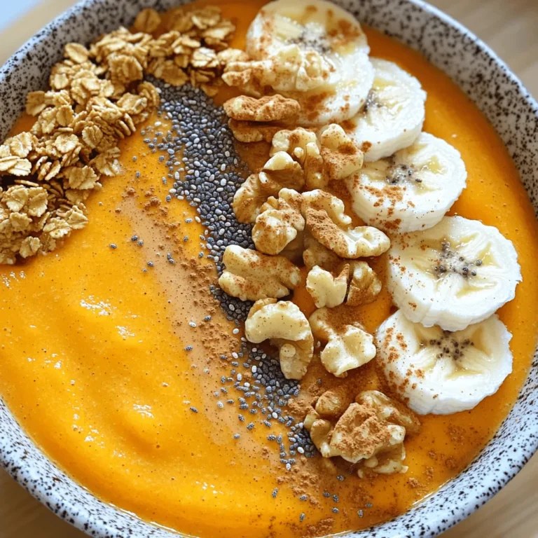 To make a Pumpkin Spice Smoothie Bowl, you need simple and tasty ingredients. Here is what you will need: - 1 cup canned pumpkin puree - 1 banana, frozen - 1 cup almond milk (or choice of milk) - 1 scoop vanilla protein powder - 1 teaspoon pumpkin pie spice - 1 tablespoon maple syrup (optional) - 1/2 teaspoon vanilla extract - Toppings: granola, chia seeds, sliced bananas, walnuts, cinnamon These ingredients work together to create a creamy, flavorful bowl. Canned pumpkin puree gives your smoothie that nice fall flavor. A frozen banana makes it cold and thick. Almond milk keeps it smooth, but you can use any milk you like. The protein powder adds energy for your day. Pumpkin pie spice ties everything together with warmth and sweetness. If you want a little extra sweetness, add maple syrup. Finally, choose toppings you love. Granola adds crunch, and chia seeds bring texture. Sliced bananas and walnuts give great flavor and nutrients. A sprinkle of cinnamon makes it smell amazing and taste even better! - Blending the Ingredients Start by adding the pumpkin puree, frozen banana, almond milk, and protein powder into your blender. Then, sprinkle in the pumpkin pie spice, maple syrup, and vanilla extract. Blend on high speed until the mixture is smooth and creamy. Stop to scrape the sides if needed. This step is key for a perfect texture. - Pouring the Mixture into a Bowl Once your smoothie is creamy, carefully pour it into a bowl. Make sure to leave some room at the top for your tasty toppings. A vibrant orange bowl filled with this creamy goodness looks so inviting! - Adding Toppings Now comes the fun part! Top your smoothie bowl with granola for crunch. Add chia seeds for a nice texture. Place some sliced bananas on top for freshness. Sprinkle chopped walnuts for extra protein. Finally, add a light dusting of cinnamon for a cozy finish. Enjoy your nutrient-packed delight! Ensuring Creamy Consistency For a smooth and creamy bowl, start with frozen banana. It gives a nice texture. Use enough almond milk to help blend the mixture. If it feels too thick, add a splash more milk. Blend on high speed until you see a creamy mix. Don’t forget to scrape down the sides to catch all the goodness. Achieving Perfect Flavor Balance Taste as you blend! The pumpkin spice should shine through. If it feels flat, add a pinch more spice or vanilla. This mix needs a good balance of sweet and warm flavors. Adjust until it tastes just right for you. Adjusting Maple Syrup Maple syrup is optional. If you like it sweeter, start with a teaspoon. Blend and taste. You can always add more if needed. Remember, the banana adds natural sweetness too. Tips for Banana Ripeness Use a ripe banana for the best flavor. A banana with brown spots is sweeter. If your banana is not ripe, the smoothie may taste less sweet. Choose wisely for a tasty bowl! {{image_2}} You can switch up the protein in your smoothie bowl. If you want plant-based options, try using pea protein or hemp protein. Both are great for adding a healthy punch. They mix well with the pumpkin and keep the bowl creamy. If you prefer dairy proteins, Greek yogurt is a wonderful choice. It adds creaminess and a nice tang. You could also use whey protein powder. This option blends smoothly and boosts your protein intake in every bite. Want to add some extra flavor? You can mix in peanut butter for a nutty taste. It pairs perfectly with pumpkin. Just one tablespoon adds creaminess and healthy fats. Your smoothie bowl will taste like a dessert! Another fun option is to use chocolate protein powder. This swaps the vanilla for a rich, chocolatey flavor. It makes the bowl taste like a treat while still being nutritious. Just like that, you have a new twist on your pumpkin spice smoothie bowl! To keep your pumpkin spice smoothie bowl fresh, use a glass or plastic container. Make sure it has a tight lid. This helps prevent spills and keeps the bowl tasty. Store it in the fridge for up to two days. If you want to save some for later, you can freeze it. Pour the pre-made smoothie bowl into an airtight container. Leave some space at the top for expansion. This helps avoid freezer burn. When you’re ready to enjoy it again, take it out of the freezer. Place it in the fridge overnight to thaw. You can also thaw it on the counter for about 30 minutes. After thawing, stir it well to mix the texture. If it’s too thick, add a splash of almond milk to loosen it up. A smoothie bowl is a thicker version of a smoothie. You blend fruits and other ingredients, then pour them into a bowl. You can add tasty toppings for crunch and flavor. It’s a fun way to enjoy a smoothie with a spoon! Yes, you can easily make this smoothie bowl vegan. Use plant-based protein powder and almond milk. The recipe is already dairy-free. You can skip the maple syrup if you want a lower sugar option. To boost protein, add more protein powder. You can also mix in Greek yogurt if you want a creamier texture. Other great options include nut butter or seeds like hemp or flax. These choices add healthy fats and protein. Yes, you can use other purees if you can’t find pumpkin. Sweet potato puree or butternut squash puree work well. You can even use ripe bananas for a different flavor. Just keep in mind that the taste will change. I love topping my smoothie bowl with crunchy granola and chia seeds. Sliced bananas add freshness, while walnuts give extra protein. A sprinkle of cinnamon on top makes it smell amazing. Feel free to mix and match your favorite toppings! This blog post guides you through making a tasty pumpkin spice smoothie bowl. We covered ingredients, easy steps, and customization tips to help you create the perfect blend. Remember, you can adjust sweetness and try different toppings to fit your taste. Use the storage tips to keep leftovers fresh, too. Enjoy experimenting with flavors and share your creations. This smoothie bowl is not just a treat; it's a fun way to enjoy healthy ingredients. Dive in and enjoy the journey of making your new favorite dish!