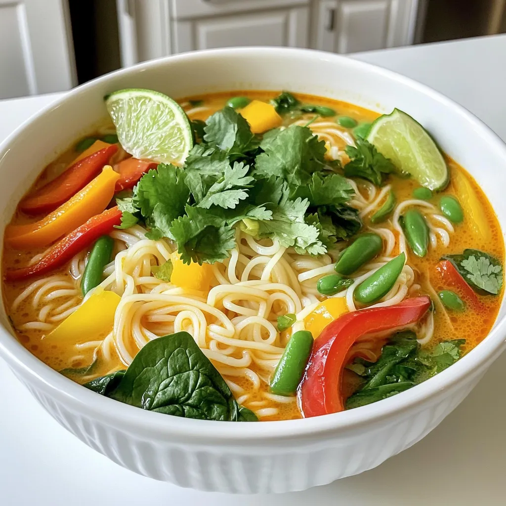 To make this soup, gather these key ingredients: - 1 tablespoon coconut oil - 1 onion, finely chopped - 3 cloves garlic, minced - 1 tablespoon ginger, minced - 2 red chilies, sliced (adjust for spice preference) - 1 tablespoon red curry paste - 4 cups vegetable broth - 1 can (13.5 oz) coconut milk - 200g rice noodles - 1 cup bell peppers, sliced (mix of red and yellow for color) - 1 cup snap peas - 1 cup baby spinach - 2 tablespoons soy sauce or tamari - 1 tablespoon lime juice - Fresh cilantro and lime wedges for garnish These ingredients create a rich and creamy base with a nice kick. The coconut milk adds creaminess, while the red curry paste gives it a spicy depth. You can add these ingredients for extra flavor: - Chopped green onions for crunch - Mushrooms for umami - Sliced carrots for sweetness - Peanuts for a nutty finish Feel free to mix and match! Each addition can change the soup's vibe. If you don’t have certain items, try these swaps: - Olive oil instead of coconut oil - Shallots instead of onion - Garlic powder if you lack fresh garlic - Chicken broth instead of vegetable broth for non-vegetarians - Rice noodles can be swapped for egg noodles or quinoa These substitutes will keep the essence of the soup while making it work for you. Enjoy your cooking adventure! Start by heating coconut oil in a large pot over medium heat. Once hot, add the finely chopped onion. Sauté it until it turns translucent, about five minutes. This step builds a nice base for your soup. Next, stir in the minced garlic, minced ginger, and sliced red chilies. Cook these together for two more minutes. You will notice a lovely aroma filling your kitchen. Finally, add the red curry paste. Mix it well with the onions and garlic for about one minute. Now, it’s time to bring in some flavor. Pour in the vegetable broth and coconut milk. Stir everything together to combine. This mixture will create a creamy, rich base for your soup. Bring it to a gentle boil. This usually takes just a few minutes, so keep an eye on it. Once the broth reaches a boil, add the rice noodles. Cook them according to the package instructions, which is usually about five to seven minutes. While the noodles cook, add in the sliced bell peppers and snap peas. Let them simmer for two to three minutes. You want them tender yet still crisp. In the last minute, stir in the baby spinach, soy sauce, and lime juice. The spinach will wilt quickly, adding a nice color and flavor. Taste your soup and adjust the seasoning if needed. Serve it hot, garnished with fresh cilantro and lime wedges for a bright finish! To get the best flavor, balance is key. Start with fresh ingredients like onion, garlic, and ginger. They add depth to the soup. Use red curry paste for heat and rich flavor. If you want more spice, add extra chilies. Remember, tasting as you go helps to adjust the flavors. A splash of lime juice brightens it all up! Cooking noodles just right is important. You can choose al dente for a firm bite. This adds texture to the soup. Follow the package instructions carefully. If you prefer soft noodles, cook them longer. Just keep an eye on them to avoid overcooking. Taste test to find your perfect noodle texture. Garnishing makes your dish pop! Fresh cilantro adds a nice green touch. Lime wedges give a burst of flavor and color. Place them on top right before serving. You can also add sliced bell peppers for extra color. A well-garnished dish looks inviting and appetizing. Don’t skip this step! {{image_2}} You can easily add protein to your Spicy Thai Coconut Noodle Soup. Tofu works well for a vegetarian option. Use firm tofu for the best texture. Cut it into cubes and sauté it before adding to the soup. Chicken is another great choice. Use boneless, skinless chicken thighs or breasts. Cook the chicken in the pot after sautéing the onions. This adds a rich flavor to the broth. Shrimp cooks quickly and adds a nice touch. Add shrimp to the pot when the noodles are almost done. They only need a few minutes to cook. This soup is naturally easy to make vegetarian or vegan. Use vegetable broth and coconut milk, as listed in the recipe. For a vegan protein, add more veggies or use beans. Chickpeas or lentils can also work well. These options boost protein and fiber. They make the soup filling and hearty. Adjusting the spice level is simple. The red chilies and curry paste give the soup its heat. If you like it mild, use fewer chilies. You can also skip the curry paste for less spice. For more heat, add extra chilies or curry paste. You can also sprinkle in some chili flakes. Just taste as you go. It’s all about finding your perfect balance. To keep your Spicy Thai Coconut Noodle Soup fresh, transfer it to an airtight container. Make sure to cool it down first. Store it in the fridge for up to three days. If you want to save it longer, consider freezing it. Just remember, the noodles may soften when thawed. When reheating, I suggest using a pot on the stove. Gently warm over medium heat. Add a splash of broth or water if it looks thick. Stir often to heat evenly. You can also use a microwave, but check every minute to avoid overcooking. This keeps the soup creamy and tasty. If you plan to freeze the soup, do it without the noodles. The noodles can become mushy when thawed. Freeze the soup in portions, using freezer-safe bags or containers. It will last up to three months. To eat, thaw in the fridge overnight before reheating. Enjoy a warm bowl of flavor whenever you crave it! Yes, you can make this soup ahead of time. It tastes great when reheated. Just store it in the fridge for up to three days. When you’re ready to eat, heat it gently on the stove. If the noodles soak up too much broth, just add a splash of water or broth to loosen it up. Yes, this recipe can be gluten-free. Use tamari instead of soy sauce. Make sure the rice noodles you choose are labeled gluten-free. Most rice noodles naturally are gluten-free, but it's best to check the package. If you need a substitute, try using almond milk or cashew cream. These options give a creamy texture but have a different flavor. You can also use oat milk, but it may be less rich. If you want more coconut flavor, add some coconut extract to enhance the taste. This blog post guides you through making Spicy Thai Coconut Noodle Soup. We covered key ingredients and steps. You learned how to balance flavors and texture. Variations add fun, while storage tips keep your soup fresh. Cooking this dish allows for creativity and customization. Enjoy making it your own!