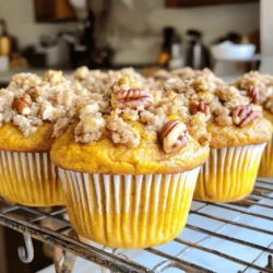 - 1 ½ cups all-purpose flour - 1 teaspoon baking powder - ½ teaspoon baking soda - ½ teaspoon salt - 1 teaspoon ground cinnamon - ½ teaspoon ground nutmeg - ½ teaspoon ground ginger - 1 cup pumpkin puree - ½ cup granulated sugar - ½ cup brown sugar, packed - 1 teaspoon vanilla extract - 2 large eggs - ½ cup vegetable oil - ½ cup all-purpose flour - ¼ cup brown sugar, packed - 1 teaspoon ground cinnamon - 4 tablespoons cold butter, cubed These ingredients make the muffins rich and flavorful. The dry ingredients blend spices with flour for the base. The pumpkin puree gives the muffins a nice, moist texture. It also adds a sweet and earthy flavor. The sugars create a lovely sweetness that pairs well with the spices. The vanilla extract adds a warm note. The streusel topping is the crowning glory. It adds crunch and sweetness. The mix of flour, brown sugar, and cinnamon creates a sweet layer. Cold butter helps make it crumbly. You want to handle it gently to keep that texture. This combination will make your muffins both tasty and beautiful. Enjoy the process! - Preheat oven to 375°F (190°C). - Line or grease muffin tin to prevent sticking. - In a bowl, whisk together: - 1 ½ cups all-purpose flour - 1 teaspoon baking powder - ½ teaspoon baking soda - ½ teaspoon salt - 1 teaspoon ground cinnamon - ½ teaspoon ground nutmeg - ½ teaspoon ground ginger - Set this mix aside for later use. - In a large bowl, mix: - 1 cup pumpkin puree - ½ cup granulated sugar - ½ cup packed brown sugar - 1 teaspoon vanilla extract - 2 large eggs - Whisk until smooth and well combined. - Slowly add ½ cup vegetable oil while whisking. - Fold the dry mix into the wet mixture. - Use a spatula until just combined. - If you like, gently fold in ¾ cup chopped nuts. - In a small bowl, mix: - ½ cup all-purpose flour - ¼ cup packed brown sugar - 1 teaspoon ground cinnamon - Add 4 tablespoons cold butter, cubed. - Use your fingers or a pastry cutter to mix until it looks like coarse crumbs. - Spoon the batter into the muffin cups, filling each about two-thirds full. - Generously sprinkle the streusel topping over each muffin. - Bake for 20-25 minutes. - Check for doneness by inserting a toothpick in the center. It should come out clean. To make perfect muffins, avoid overmixing. When you mix the dry and wet ingredients, stop as soon as you see no dry flour. If you mix too much, your muffins may turn out tough. To check muffin doneness, use a toothpick. Insert it into the center of a muffin. If it comes out clean, your muffins are ready. If it has batter on it, bake for a few more minutes. Adding spices or extracts can boost flavor. You might try a pinch of allspice or a splash of almond extract. These small changes can make a big difference. You can also mix in chocolate chips for a sweet twist. The chocolate adds a nice contrast to the pumpkin flavor. If you like nuts, feel free to add chopped pecans or walnuts. If you want to make the batter ahead of time, store it in the fridge. Just cover it tightly with plastic wrap. Use it within a day for the best results. For freezing, scoop the batter into muffin cups and freeze. Once frozen, wrap each muffin in plastic. Store them in a freezer bag and use them within three months. When ready, bake them straight from the freezer, adding a few extra minutes to the baking time. {{image_2}} If you want to make your muffins nut-free, consider these options: - Substitute chopped nuts with seeds like sunflower or pumpkin seeds. - You can also omit nuts entirely without losing flavor. These adjustments keep the muffins tasty and safe for those with nut allergies. Seeds add a pleasant crunch and extra nutrients. To make gluten-free pumpkin streusel muffins, use a gluten-free flour blend. - Look for blends that include xanthan gum for better texture. - You may need to adjust the liquid in your recipe slightly, adding a bit more if needed. This way, everyone can enjoy your delicious muffins without worry. If you want to try alternative sweeteners, honey or maple syrup can work well. - When using honey, reduce the liquid by a tablespoon. - For maple syrup, keep the other ingredients the same but adjust for taste. These sweeteners give a unique flavor and can be healthier options. Store your pumpkin streusel muffins in a cool, dry place. Use an airtight container to keep them fresh. They will stay good for about 2 to 3 days at room temperature. If you want to keep them longer, try the fridge. Wrap each muffin in plastic wrap or place them in a sealed container. This method helps them stay moist. They will last for about a week in the refrigerator. Freezing is great for long-term storage. Place the muffins in a freezer-safe bag or container. Make sure to remove as much air as possible. They can stay fresh in the freezer for up to 3 months. To thaw, simply leave them at room temperature for a few hours. You can also microwave them for 15-20 seconds if you want one right away. Enjoy your tasty muffins anytime! Yes, you can use fresh pumpkin. Fresh pumpkin adds a rich, natural taste. To prepare it, cut a pumpkin in half, scoop out the seeds, and roast the halves at 350°F until soft. After cooling, scoop the flesh and mash it. This method gives you about one cup of pumpkin puree. Just remember, fresh pumpkin might be a bit wetter than canned, so adjust your flour if needed. To check if your muffins are done, use a toothpick. Stick it in the center of a muffin. If it comes out clean, your muffins are ready. Look for a golden brown top and a firm feel. They should spring back when lightly pressed. If they look wet or mushy, they need more time in the oven. You can make these muffins healthier by swapping some ingredients. Use whole wheat flour instead of all-purpose flour. This adds fiber and nutrients. You can also cut down on sugar. Try using half the amount or substituting with honey or maple syrup. Adding applesauce can replace some oil, reducing fat while keeping moisture. Pumpkin streusel muffins pair well with many drinks and spreads. You might enjoy them with a warm cup of coffee or tea. Cream cheese spread adds a nice richness, while honey or maple syrup offers sweetness. For a fun twist, try serving them with spiced apple butter. In this blog post, we covered how to make pumpkin streusel muffins. You learned about the key dry and wet ingredients, plus the tasty streusel topping. I shared easy steps to prepare, mix, and bake your muffins. You also discovered tips for perfect muffins, variations for different diets, and storage methods. Now, gather your ingredients and enjoy baking these delicious muffins. Sharing them with friends and family will bring joy. Happy baking!