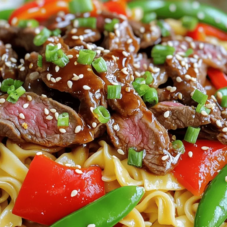 - 200g beef sirloin, thinly sliced - 200g egg noodles - 3 tablespoons honey - 3 tablespoons soy sauce - 4 cloves garlic, minced - 1 inch ginger, grated - 1 tablespoon sesame oil - 1 red bell pepper, sliced - 1 cup snap peas - 2 green onions, chopped - Sesame seeds for garnish - Salt and pepper to taste - Fresh cilantro for garnish (optional) To make Honey Garlic Beef Noodles, you need fresh and quality ingredients. Start with beef sirloin. This part of the cow is tender and flavorful. Slice it thinly for quick cooking. Next, grab egg noodles; they soak up the sauce well and add a soft texture. For the sweet and savory sauce, mix honey and soy sauce. The honey gives a nice sweetness, while soy adds depth. Fresh garlic and ginger bring a punch of flavor. You will want to use minced garlic and grated ginger for the best taste. Now, let’s add some colorful veggies. A sliced red bell pepper adds crunch and sweetness. Snap peas bring a fresh pop and bright green color. Finally, green onions and sesame seeds make tasty garnishes. These add flavor and a nice look to your dish. Don't forget seasoning! A pinch of salt and pepper enhances all the flavors. You can add fresh cilantro if you like an herb touch. With these ingredients, you will create a dish that is both tasty and beautiful. Start by boiling a pot of water. Make sure the water is at a rolling boil. Add the egg noodles to the pot. Cook them according to the package instructions. This usually takes about 3-5 minutes. Once done, drain the noodles and set them aside. They should be firm but tender. In a small bowl, mix three tablespoons of honey and three tablespoons of soy sauce. Add four cloves of minced garlic and one inch of grated ginger. Stir this mixture well until it is smooth. This sauce adds a sweet and savory flavor to the dish. Heat one tablespoon of sesame oil in a large skillet or wok over medium-high heat. While it heats, season the thinly sliced beef with salt and pepper. Once the oil is hot, add the beef to the skillet. Cook the beef for about 2-3 minutes until it turns a nice brown color. This step locks in the flavor. Next, add one sliced red bell pepper and one cup of snap peas to the skillet with the beef. Stir-fry these veggies for another 2-3 minutes. You want them to be tender but still crisp. This keeps the dish fresh and colorful. Now, it’s time to add the cooked noodles to your skillet. Pour the honey garlic sauce over the noodles and beef. Toss everything together well. Make sure the noodles are coated in the sauce. Cook this mix for another 2 minutes to heat everything through. Remove the skillet from the heat. Serve the noodles in bowls. Top each bowl with chopped green onions and a sprinkle of sesame seeds. You can add fresh cilantro if you like. This adds a nice pop of color and flavor. Enjoy your meal with family or friends! To get tender beef, choose sirloin. This cut is soft and quick to cook. Slice the beef thinly against the grain. This helps break down the muscle fibers. Marinate the beef in the honey and soy sauce mix for 15 minutes. The honey adds sweetness and helps keep it moist. Cook on high heat for just a few minutes. This keeps the beef juicy and tender. For perfect noodles, follow the package instructions carefully. Boil water and add salt. This gives the noodles flavor. Cook the noodles until they are al dente. This means they are firm but not hard. Drain them right away to stop the cooking. Rinse with cold water to prevent sticking. Toss them with a bit of sesame oil for added flavor. You will need a large skillet or wok for this recipe. A non-stick pan works well for easy cooking. Use a sharp knife for slicing the beef and vegetables. A cutting board is essential for safety. A large pot for boiling the noodles is also needed. Using these tools makes cooking smooth and fun. - Suggestions for Alternative Ingredients - You can swap beef for chicken or tofu for a lighter meal. - Try using rice noodles if you want a different texture. - Honey can be replaced with maple syrup for a different taste. - Add other veggies, like broccoli or carrots, for more color and crunch. {{image_2}} You can easily make a vegetarian version. Swap the beef with tofu or tempeh. Use the same cooking steps. Just make sure the tofu is firm. Cut it into cubes for a nice texture. Sauté it until golden. The honey garlic sauce will still shine through. Add more veggies like broccoli or carrots for color. This version is just as tasty and satisfying. If you need a gluten-free meal, choose rice noodles instead of egg noodles. They cook fast and soak up the sauce well. For the soy sauce, use tamari, which is gluten-free. Adjust the amount of honey to keep the balance. You won’t lose any flavor with these swaps. Your family will love this version too. Want some heat in your dish? Add red pepper flakes or sriracha to the sauce. Start with a small amount and taste as you go. You can also add sliced jalapeños when cooking the beef. This will give a nice kick. Spicy versions still pair well with the sweet honey sauce. Your family may enjoy the bold flavors even more! After enjoying your honey garlic beef noodles, let any leftovers cool. Place them in an airtight container. Ensure the lid seals tightly. Store in the fridge for up to three days. This keeps the flavors fresh and the noodles safe to eat later. When you're ready to eat again, heat the noodles gently. Use a skillet on low heat for best results. Add a splash of water or extra sauce to keep them moist. Stir often to heat evenly. You can also microwave the noodles. Just cover them to avoid drying out. Heat in short bursts, stirring in between. If you want to keep your honey garlic beef noodles longer, freezing is a great option. First, let the dish cool completely. Then, pack the noodles in a freezer-safe bag. Squeeze out as much air as you can. This helps prevent freezer burn. You can freeze them for up to two months. When ready to eat, thaw in the fridge overnight before reheating. Yes, you can use other cuts of beef. Flank steak or ribeye works well too. Just slice it thinly. This keeps the meat tender and cooks quickly. You can also try ground beef for a different texture. Each type brings its own flavor, so feel free to experiment! To change the sauce's sweetness, add more or less honey. If you prefer less sweet, cut the honey by a tablespoon. You can also mix in a splash of vinegar for a tangy kick. A dash of chili sauce can add heat and balance the sweetness too. Taste as you go for the best results! These noodles pair well with a simple salad or steamed vegetables. Try serving with a side of broccoli or bok choy for a healthy boost. You can also offer dumplings or spring rolls for a complete meal. Choose sides that complement the sweet and savory flavors of the dish. You can store leftovers in an airtight container for up to three days. Keep them in the fridge to stay fresh. When ready to eat, reheat in a pan or microwave. If you want to freeze them, do so for up to a month. Just make sure to separate the noodles and sauce for best results. This blog post explored how to make Honey Garlic Beef Noodles. We covered all the ingredients, step-by-step instructions, and tips for perfecting your dish. I shared variations for vegetarians and gluten-free options, along with storage tips for leftovers. In closing, this recipe offers a tasty, flexible meal for any occasion. Enjoy making it your own!