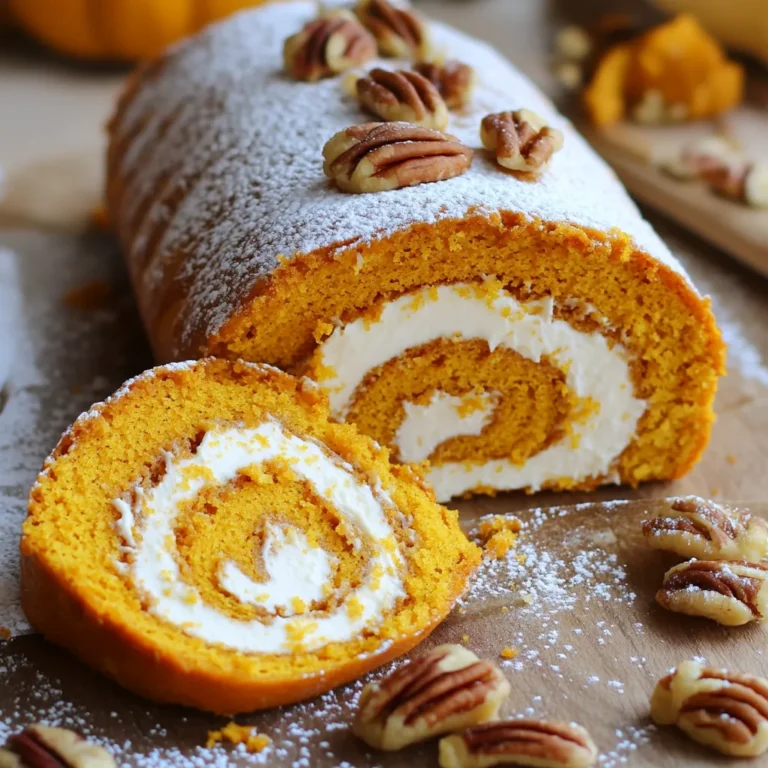 - 1 cup all-purpose flour - 1 teaspoon baking powder - 1 teaspoon baking soda - 1 teaspoon ground cinnamon - 1/2 teaspoon ground nutmeg - 1/2 teaspoon ground ginger - 1/4 teaspoon salt - 3 large eggs - 1 cup granulated sugar - 1 cup canned pumpkin puree - 1 teaspoon vanilla extract - 8 oz cream cheese, softened - 1/4 cup unsalted butter, softened - 1 teaspoon vanilla extract - 2 cups powdered sugar - 1 tablespoon milk (if needed for consistency) In this recipe, we use a mix of dry and wet ingredients to create a moist pumpkin roll. The dry ingredients include flour, baking powder, baking soda, and spices like cinnamon, nutmeg, and ginger. These spices give the cake a warm, fall flavor. The wet ingredients consist of eggs, sugar, pumpkin puree, and vanilla extract. The eggs add structure, while pumpkin puree keeps the cake moist. For the cream cheese filling, we blend softened cream cheese and butter for a rich taste. Vanilla and powdered sugar sweeten the filling. If it’s too thick, you can add a bit of milk for a smoother texture. This blend of flavors and textures makes the pumpkin cream cheese roll cake a delightful treat. Enjoy the process of gathering your ingredients, as this is where the magic begins! - Preheat the oven to 350°F (175°C). - In a bowl, sift together: - 1 cup all-purpose flour - 1 teaspoon baking powder - 1 teaspoon baking soda - 1 teaspoon ground cinnamon - 1/2 teaspoon ground nutmeg - 1/2 teaspoon ground ginger - 1/4 teaspoon salt - Set the dry mix aside. - In a large bowl, beat together: - 3 large eggs - 1 cup granulated sugar Beat until the mix is light and fluffy, about 2-3 minutes. - Now, stir in: - 1 cup canned pumpkin puree - 1 teaspoon vanilla extract Mix until well combined. - Gradually fold in the dry ingredients. Be careful not to overmix. - Spread the batter evenly into a greased 15x10-inch jelly roll pan. Smooth the top. - Bake for 12-15 minutes. Check with a toothpick; it should come out clean. - Dust a kitchen towel with powdered sugar while the cake bakes. - When done, invert the cake onto the dusted towel. Peel off the parchment paper. - Roll the cake from the short end while it is warm. This helps maintain its shape. Using parchment paper is key. It helps the cake come out clean. This makes rolling easy without sticking. After baking, let the cake cool before unrolling it. Cooling prevents cracks. To roll without cracking, use a damp towel. This adds moisture and keeps the cake flexible. You need some basic tools. A large mixing bowl works well for batter. A whisk or electric mixer helps blend the ingredients smoothly. For rolling, a 15x10-inch jelly roll pan is ideal. It gives enough space for the cake. When slicing, use a serrated knife. This helps cut clean slices without squishing the cake. Overmixing the batter can ruin the texture. Mix just until combined. Not cooling the cake enough can also cause cracks. Ensure it cools fully before unrolling. Lastly, be precise with your measurements. Inaccurate amounts can lead to a failed roll. Always measure your ingredients carefully for the best results. {{image_2}} You can change up the flavor of your Pumpkin Cream Cheese Roll Cake in fun ways. Here are some ideas: - Adding chocolate or spices: You can mix in chocolate chips for a sweet twist. Dark or milk chocolate works great. You can also add more spices like allspice or cloves for a unique flavor. - Pumpkin spice variations: Use pumpkin pie spice instead of individual spices. It saves time and gives a warm flavor. - Substituting nuts or fruit: Chopped pecans or walnuts add crunch. You can also fold in dried cranberries or apples for a fruity kick. If you need to adjust the recipe for dietary needs, here are some options: - Gluten-free flour options: Use a 1:1 gluten-free flour blend. This keeps the cake soft and tasty. - Vegan alternatives for eggs and dairy: Substitute each egg with 1/4 cup of applesauce. For the cream cheese filling, use vegan cream cheese and dairy-free butter. - Low-sugar modifications: Replace granulated sugar with a sugar substitute. You can use stevia or monk fruit sweetener to cut calories. Serving your Pumpkin Cream Cheese Roll Cake can be fun and festive. Here are some ideas to make it shine: - Complementary desserts or drinks: Pair the cake with spiced cider or pumpkin spice lattes for the perfect fall treat. - Pairing with whipped cream or ice cream: A dollop of fresh whipped cream or a scoop of vanilla ice cream adds a delicious touch. - Festive garnishes and toppings: Dust the cake with extra powdered sugar. Add a sprinkle of cinnamon or some candied pecans for a beautiful finish. To keep your pumpkin cream cheese roll cake fresh, store it in the fridge. Wrap it tightly in plastic wrap. This keeps air out and prevents drying. You can also place it in an airtight container. If you slice the cake, cover the cut edges with plastic wrap. This helps keep the moisture in and the cake soft. You can freeze the roll cake for later. First, wrap it in plastic wrap and then in aluminum foil. This double layer protects it from freezer burn. It stays fresh for up to three months. When you are ready to eat it, move it to the fridge overnight to thaw. For best quality, let it sit at room temp for about 30 minutes before serving. In the fridge, the pumpkin cream cheese roll cake lasts about 5 days. Look out for signs of spoilage. If you see mold or it smells off, it's best to throw it away. The cake should feel moist and soft when fresh. If it feels dry or hard, it may be past its prime. To prevent cracks in your cake, follow these tips: - Use the right pan: A jelly roll pan helps the cake bake evenly. - Do not overbake: Check for doneness with a toothpick. Remove when moist but not wet. - Cool properly: Roll the cake while it’s warm. This keeps it pliable and reduces cracking. These steps will help ensure a smooth roll and a beautiful dessert. Yes, you can! Here’s how: - Bake the cake: Cool and wrap it tightly in plastic wrap. - Refrigerate: It will stay fresh for up to three days. - Fill later: You can add the cream cheese filling right before serving. This way, the cake tastes fresh and delicious. If you need a substitute for powdered sugar, try these options: - Granulated sugar: Blend it in a food processor to make it fine. - Coconut sugar: Use it for a different flavor and a slight color change. - Honey or maple syrup: Use less because these are liquid sweeteners. Each option will change the taste slightly, so choose what you prefer. Homemade cream cheese filling can last: - In the fridge: Up to one week if stored in an airtight container. - At room temperature: Best to use within two hours for safety. Make sure to check for any changes in smell or texture before using. Yes, you can use fresh pumpkin! Here’s how: - Prepare the pumpkin: Roast or steam it until soft, then mash it well. - Blend thoroughly: Make sure it is smooth to match the texture of canned puree. - Use the same amount: One cup of fresh pumpkin equals one cup of canned. This fresh option can add a nice flavor twist to your cake! You now have all the steps to create a delicious Pumpkin Cream Cheese Roll Cake. From gathering ingredients to rolling the cake, each step ensures a tasty treat. Remember the key tips to prevent cracking and enhance flavor. Customizing your cake can make it even better. With proper storage, your creation stays fresh longer. Enjoy sharing this delightful dessert with friends and family!