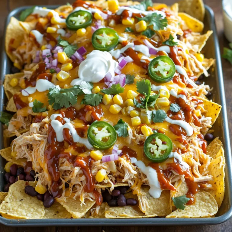- 2 cups cooked chicken, shredded - 1 cup BBQ sauce - 1 cup ranch dressing - 4 cups tortilla chips - 2 cups shredded cheddar cheese - 1 cup black beans, rinsed and drained - 1 cup corn, frozen or canned - 1 jalapeño, sliced (optional) - ¼ cup red onion, finely chopped - ¼ cup fresh cilantro, chopped - Sour cream, for serving You can swap the cooked chicken for shredded beef or turkey. If you prefer a vegetarian option, try using mushrooms or tofu instead. For the BBQ sauce, feel free to use a spicy version for more heat. You can also use Greek yogurt in place of ranch dressing for a healthier twist. If you can’t find cheddar cheese, Monterey Jack works great too. This dish serves about 4 to 6 people. Each serving has approximately: - Calories: 550 - Protein: 30g - Carbohydrates: 45g - Fat: 30g These numbers can change based on your ingredient choices and serving sizes. Enjoy this tasty meal while being mindful of your dietary needs! Start by gathering all your ingredients. This makes cooking easier and fun. Preheat your oven to 400°F (200°C). Line a large baking sheet with parchment paper. This helps with cleanup later. Next, take your cooked chicken and shred it. Place it in a medium bowl. Add the BBQ sauce and mix well. Make sure the chicken is fully coated. Now, spread the tortilla chips on the baking sheet. Keep them close but leave some space. This helps the nachos bake evenly. After you prepare the chips, add the BBQ chicken mixture on top. Spread it out evenly. Next, sprinkle the black beans and corn over the chips. These add great flavor and texture. Then, add the shredded cheddar cheese on top. Make sure to cover the chips and toppings well. For extra heat, scatter the sliced jalapeño and chopped red onion over the cheese. Place the baking sheet in the oven. Bake for about 10 to 12 minutes. Watch for the cheese to melt and bubble. This is when your nachos look their best! Once baked, remove the nachos from the oven. Drizzle ranch dressing over the top. This adds a creamy, tangy flavor. Garnish with fresh cilantro for a burst of color. Serve immediately with sour cream on the side. Your guests will love this simple delight! To create the best nachos, start with a solid base. Use a large baking sheet. Spread the tortilla chips in a single layer. Avoid piling them too high. This way, each chip gets toppings. Next, add your BBQ chicken evenly on top. Follow this with black beans and corn. The key is to cover all chips. This ensures every bite is tasty. Finally, sprinkle cheese generously to hold it all together. For the best melt, I recommend using sharp cheddar cheese. It has a great flavor and melts well. You can also mix in Monterey Jack for creaminess. This combination gives you the best of both worlds. If you want a bit more fun, try pepper jack cheese for spice. Always grate your cheese fresh for the best results. Pre-packaged cheese can clump and won't melt as nicely. To save time, prep your ingredients before cooking. Shred your chicken in advance. You can even mix it with BBQ sauce ahead of time. Use canned corn and rinsed black beans to cut down on prep. You can also chop vegetables early. Store them in the fridge to keep them fresh. When it’s time to cook, you’ll be ready to go. This way, you'll have hot nachos on the table in no time! {{image_2}} If you want a meat-free option, try these ideas. Replace the chicken with grilled vegetables. Zucchini, bell peppers, and mushrooms work well. You can also use black beans as the main protein. Add more cheese or even a creamy avocado blend for extra flavor. This way, you keep the joy of nachos while making them veggie-friendly. Feel free to get creative with toppings. Sliced olives add a nice briny taste. Diced tomatoes can bring freshness. You can also add fresh jalapeños for spice. Want more crunch? Try crushed tortilla chips or crispy fried onions. Each topping can change the flavor and feel of your nachos. Want to switch things up? Use different sauces for a unique taste. Instead of BBQ sauce, try buffalo sauce for heat. A chipotle ranch can add smokiness. You can even mix ranch dressing with sriracha for a spicy kick. Each sauce can turn your nachos into a whole new dish. To store leftover nachos, place them in an airtight container. Make sure to cover them well. The chips may get soft, but the flavors stay great. Store in the fridge for up to three days. To reheat nachos, preheat your oven to 350°F (175°C). Spread the nachos on a baking sheet. Heat for about 10 minutes, or until warm. This method keeps the chips crispy. You can also use a microwave, but the chips may become soggy. If you want to freeze ingredients, do so before cooking. Shredded chicken and black beans freeze well. Store them in separate, airtight bags. They can last for up to three months. When ready to use, thaw them in the fridge overnight. You can then prepare your nachos fresh! To make BBQ ranch chicken from scratch, start with cooked chicken. You can use rotisserie chicken or boil and shred chicken breasts. In a bowl, mix the shredded chicken with BBQ sauce. Use about one cup of BBQ sauce for two cups of chicken. Make sure the chicken is well-coated. You can add spices if you want extra flavor. This simple mix will give you tasty BBQ ranch chicken for your nachos. Yes, you can use other meats for this recipe. Pulled pork is a great option. It adds a smoky taste to your nachos. Ground beef or turkey can also work well. Just cook the meat first, then mix it with BBQ sauce. This way, you’ll have a delicious alternative to chicken. Feel free to get creative with your choice of meat. When it comes to dipping sauces for nachos, you have many tasty options. Classic sour cream is always a hit. You can also use guacamole for a creamy touch. Salsa adds a fresh and spicy kick. For something different, try cheese sauce or a spicy ranch dip. Each sauce brings its own flavor, making your nachos even better. In this post, we covered the best ingredients for nachos and how to make them. You learned about substitutions and nutrition, step-by-step prep, and baking. We shared tips to layer nachos perfectly and pick cheese that melts well. I discussed veggie options and fun toppings. Lastly, we talked about how to store leftovers and keep them tasty. Nachos are easy to make and can be unique each time. Enjoy creating your perfect nacho dish!