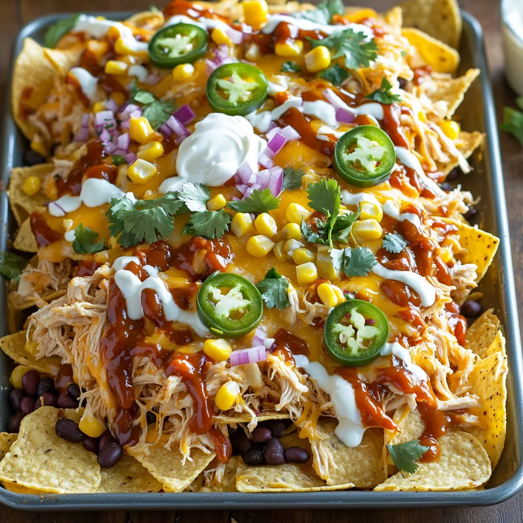- 2 cups cooked chicken, shredded - 1 cup BBQ sauce - 1 cup ranch dressing - 4 cups tortilla chips - 2 cups shredded cheddar cheese - 1 cup black beans, rinsed and drained - 1 cup corn, frozen or canned - 1 jalapeño, sliced (optional) - ¼ cup red onion, finely chopped - ¼ cup fresh cilantro, chopped - Sour cream, for serving You can swap the cooked chicken for shredded beef or turkey. If you prefer a vegetarian option, try using mushrooms or tofu instead. For the BBQ sauce, feel free to use a spicy version for more heat. You can also use Greek yogurt in place of ranch dressing for a healthier twist. If you can’t find cheddar cheese, Monterey Jack works great too. This dish serves about 4 to 6 people. Each serving has approximately: - Calories: 550 - Protein: 30g - Carbohydrates: 45g - Fat: 30g These numbers can change based on your ingredient choices and serving sizes. Enjoy this tasty meal while being mindful of your dietary needs! Start by gathering all your ingredients. This makes cooking easier and fun. Preheat your oven to 400°F (200°C). Line a large baking sheet with parchment paper. This helps with cleanup later. Next, take your cooked chicken and shred it. Place it in a medium bowl. Add the BBQ sauce and mix well. Make sure the chicken is fully coated. Now, spread the tortilla chips on the baking sheet. Keep them close but leave some space. This helps the nachos bake evenly. After you prepare the chips, add the BBQ chicken mixture on top. Spread it out evenly. Next, sprinkle the black beans and corn over the chips. These add great flavor and texture. Then, add the shredded cheddar cheese on top. Make sure to cover the chips and toppings well. For extra heat, scatter the sliced jalapeño and chopped red onion over the cheese. Place the baking sheet in the oven. Bake for about 10 to 12 minutes. Watch for the cheese to melt and bubble. This is when your nachos look their best! Once baked, remove the nachos from the oven. Drizzle ranch dressing over the top. This adds a creamy, tangy flavor. Garnish with fresh cilantro for a burst of color. Serve immediately with sour cream on the side. Your guests will love this simple delight! To create the best nachos, start with a solid base. Use a large baking sheet. Spread the tortilla chips in a single layer. Avoid piling them too high. This way, each chip gets toppings. Next, add your BBQ chicken evenly on top. Follow this with black beans and corn. The key is to cover all chips. This ensures every bite is tasty. Finally, sprinkle cheese generously to hold it all together. For the best melt, I recommend using sharp cheddar cheese. It has a great flavor and melts well. You can also mix in Monterey Jack for creaminess. This combination gives you the best of both worlds. If you want a bit more fun, try pepper jack cheese for spice. Always grate your cheese fresh for the best results. Pre-packaged cheese can clump and won't melt as nicely. To save time, prep your ingredients before cooking. Shred your chicken in advance. You can even mix it with BBQ sauce ahead of time. Use canned corn and rinsed black beans to cut down on prep. You can also chop vegetables early. Store them in the fridge to keep them fresh. When it’s time to cook, you’ll be ready to go. This way, you'll have hot nachos on the table in no time! {{image_2}} If you want a meat-free option, try these ideas. Replace the chicken with grilled vegetables. Zucchini, bell peppers, and mushrooms work well. You can also use black beans as the main protein. Add more cheese or even a creamy avocado blend for extra flavor. This way, you keep the joy of nachos while making them veggie-friendly. Feel free to get creative with toppings. Sliced olives add a nice briny taste. Diced tomatoes can bring freshness. You can also add fresh jalapeños for spice. Want more crunch? Try crushed tortilla chips or crispy fried onions. Each topping can change the flavor and feel of your nachos. Want to switch things up? Use different sauces for a unique taste. Instead of BBQ sauce, try buffalo sauce for heat. A chipotle ranch can add smokiness. You can even mix ranch dressing with sriracha for a spicy kick. Each sauce can turn your nachos into a whole new dish. To store leftover nachos, place them in an airtight container. Make sure to cover them well. The chips may get soft, but the flavors stay great. Store in the fridge for up to three days. To reheat nachos, preheat your oven to 350°F (175°C). Spread the nachos on a baking sheet. Heat for about 10 minutes, or until warm. This method keeps the chips crispy. You can also use a microwave, but the chips may become soggy. If you want to freeze ingredients, do so before cooking. Shredded chicken and black beans freeze well. Store them in separate, airtight bags. They can last for up to three months. When ready to use, thaw them in the fridge overnight. You can then prepare your nachos fresh! To make BBQ ranch chicken from scratch, start with cooked chicken. You can use rotisserie chicken or boil and shred chicken breasts. In a bowl, mix the shredded chicken with BBQ sauce. Use about one cup of BBQ sauce for two cups of chicken. Make sure the chicken is well-coated. You can add spices if you want extra flavor. This simple mix will give you tasty BBQ ranch chicken for your nachos. Yes, you can use other meats for this recipe. Pulled pork is a great option. It adds a smoky taste to your nachos. Ground beef or turkey can also work well. Just cook the meat first, then mix it with BBQ sauce. This way, you’ll have a delicious alternative to chicken. Feel free to get creative with your choice of meat. When it comes to dipping sauces for nachos, you have many tasty options. Classic sour cream is always a hit. You can also use guacamole for a creamy touch. Salsa adds a fresh and spicy kick. For something different, try cheese sauce or a spicy ranch dip. Each sauce brings its own flavor, making your nachos even better. In this post, we covered the best ingredients for nachos and how to make them. You learned about substitutions and nutrition, step-by-step prep, and baking. We shared tips to layer nachos perfectly and pick cheese that melts well. I discussed veggie options and fun toppings. Lastly, we talked about how to store leftovers and keep them tasty. Nachos are easy to make and can be unique each time. Enjoy creating your perfect nacho dish!