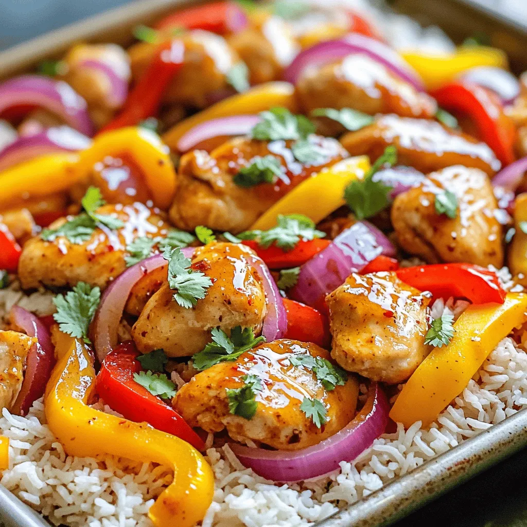 - 1 lb boneless chicken thighs, chopped into bite-sized pieces - 2 bell peppers (one red, one yellow), sliced - 1 red onion, sliced - 2 tablespoons honey - 2 tablespoons soy sauce - 1 tablespoon sriracha (adjust to taste) - 2 cloves garlic, minced - 1 teaspoon ground ginger - 1 tablespoon olive oil - Fresh cilantro, chopped for garnish The main ingredients in this dish bring together a lovely mix of flavors and textures. The boneless chicken thighs add juicy protein, while the bell peppers and red onion provide sweetness and crunch. For the marinade, honey gives a sweet touch, while soy sauce adds saltiness. Sriracha brings heat, but you can adjust the amount based on your taste. Seasoning with garlic and ground ginger adds depth. The olive oil helps with roasting, ensuring a golden finish. Finally, fresh cilantro adds a pop of color and fresh flavor, making the dish more appealing. Gather these ingredients to create a delightful meal that is simple yet bursting with flavor. Enjoy the process of making it! 1. First, preheat your oven to 425°F (220°C). This helps the chicken cook evenly. 2. Next, line a large sheet pan with parchment paper. This makes cleanup easy and helps prevent sticking. 1. In a large bowl, mix the honey, soy sauce, sriracha, minced garlic, and ground ginger. Add olive oil, salt, and pepper. Stir until everything combines well. This is your marinade. 2. Add the chopped chicken thighs to the bowl. Toss them well to coat every piece with the marinade. For the best flavor, let the chicken marinate for at least 15 minutes. 1. Now, arrange the marinated chicken pieces on one side of the prepared sheet pan. Make sure they are spread out evenly. 2. On the other side, spread the sliced bell peppers and red onion. Drizzle a little olive oil over the veggies. Then, sprinkle with salt and pepper. Toss them to coat. 1. Place the sheet pan in the oven and roast for 20-25 minutes. The chicken should reach an internal temperature of 165°F (75°C), and the veggies should be tender. 2. After roasting, remove the sheet pan from the oven. Let the meal cool for a few minutes before serving. To make the best marinade, let the chicken soak well. I suggest a minimum of 15 minutes. If you have more time, let it sit longer. This helps the flavors blend into the chicken. Adjust the spice level to suit your taste. If you like it hotter, add more sriracha. For milder flavors, reduce the amount. Taste the marinade before adding chicken. You can always tweak it to match your preferences. For even cooking, spread out the chicken and veggies well on the sheet pan. Leave some space between pieces. This helps them roast nicely without steaming. After baking, let the dish rest for a few minutes. This helps the juices settle. It makes the chicken tender and juicy. Pair your sweet and spicy chicken with cooked rice or quinoa. Both absorb the flavors well and make a filling meal. For garnishing, fresh cilantro adds a pop of color and taste. You can also sprinkle sesame seeds on top for a crunchy texture. Enjoy experimenting with different sides and garnishes! {{image_2}} You can easily swap chicken thighs for chicken breast. Chicken breast is leaner and cooks faster. If you prefer a lighter option, this is a great choice. For veggies, feel free to mix it up. You can use zucchini, mushrooms, or carrots instead of bell peppers. Each veggie will add a different flavor and texture to the dish. Want to change the sauce? You can try teriyaki or barbecue sauce. Both will give your chicken a unique taste. For sweeteners, maple syrup works well if you want a different sweetness. You can also adjust the spice level. Add more sriracha for extra heat or use a milder sauce if you prefer less spice. If you need gluten-free options, choose gluten-free soy sauce. This small change will keep the flavors while meeting dietary needs. For a vegetarian alternative, replace the chicken with tofu. Tofu absorbs the marinade well, making it a tasty option. Just make sure to press it to remove excess water. To keep your sweet and spicy chicken peppers fresh, store leftovers in the fridge. Place the chicken and vegetables in airtight containers. Make sure they cool first to avoid condensation. This helps keep the chicken juicy and the veggies crunchy. Use glass or BPA-free plastic containers for the best results. These containers keep flavors in and moisture out. When it's time to enjoy your leftovers, reheating properly matters. Use the oven or a microwave to warm them up. If using the oven, preheat to 350°F (175°C). Place the chicken and peppers in an oven-safe dish. Cover with foil to keep moisture in. Heat for about 15-20 minutes until warm. In the microwave, use a microwave-safe bowl. Heat in short bursts, stirring in between. This prevents the chicken from drying out, keeping it tender. Want to save some for later? You can freeze the chicken and peppers. Cool the dish completely before freezing. Divide it into portions and place in freezer bags. Squeeze out as much air as you can before sealing. This helps prevent freezer burn. For future meals, thaw the chicken overnight in the fridge before reheating. This keeps the texture just right. To check if the chicken is done, use a meat thermometer. The chicken should reach an internal temperature of 165°F (75°C). This ensures the chicken is safe to eat. You can check the thickest part of the chicken for the best reading. If you don’t have a thermometer, cut into the chicken. The meat should be white, not pink. Yes, you can use frozen chicken, but it requires extra care. If you use frozen chicken, thaw it first. You can do this in the fridge overnight or in cold water. Once thawed, follow the recipe as usual. Do not cook frozen chicken directly in the oven. It may not cook evenly and can be unsafe. If you don't have sriracha, there are several great substitutes. You can use hot sauce, chili paste, or even a blend of ketchup and hot sauce. Adjust the amount based on your spice level. For a sweeter option, try using sweet chili sauce. Each substitute will change the flavor slightly, but they all work well in this dish. This blog post covered a delicious sheet pan chicken recipe using simple ingredients like chicken thighs, bell peppers, and onions. I showed you how to make a tasty marinade with honey, soy sauce, and sriracha. We also explored tips for cooking and suggested fun variations. Try this recipe for an easy, satisfying meal with endless options. Enjoy your cooking adventure!