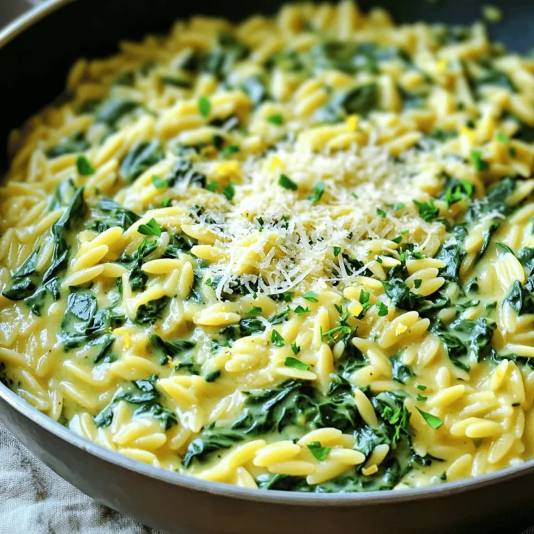 - 1 cup orzo pasta - 2 cups vegetable broth - 1 cup fresh spinach, roughly chopped - 1 cup heavy cream - 1 cup grated Parmesan cheese - 1 tablespoon olive oil - 2 cloves garlic, minced - 1 small onion, diced - 1 teaspoon Italian seasoning - Salt and pepper to taste - Zest of 1 lemon - Fresh parsley, chopped (for garnish) This dish is simple yet packed with flavor. The orzo pasta cooks in vegetable broth, soaking up all the goodness. The spinach adds a fresh touch, while heavy cream and Parmesan create a rich sauce. Each ingredient plays a key role in making this meal delightful. Use fresh spinach if you can. It wilts beautifully and gives a vibrant color. The heavy cream turns the sauce into a creamy dream. Grated Parmesan cheese adds a nutty flavor that ties everything together. Don't forget the garlic and onion! They bring depth and warmth to the dish. Italian seasoning adds a blend of herbs that enhances the overall taste. A little salt and pepper help balance the flavors. Finally, the lemon zest brightens the dish, making each bite fresh and lively. Feel free to garnish with parsley for a pop of color and added flavor. Each ingredient contributes to the dish's charm. Enjoy creating this creamy spinach Parmesan orzo one pan delight! Start by heating olive oil in a large skillet over medium heat. Once hot, add the diced onion. Sauté the onion until it turns translucent, which takes about 3-4 minutes. This step builds a nice flavor base. Next, add the minced garlic to the pan. Cook it for one minute. It will smell amazing as it starts to release its aroma. Now, pour in the vegetable broth. Bring it to a gentle boil. This is where the magic begins! Stir in the orzo and the Italian seasoning. Mix everything well to combine. Reduce the heat to simmer. Cook the orzo for about 10 minutes. Stir occasionally, so it doesn't stick. The orzo should be al dente and most of the liquid absorbed. After cooking the orzo, stir in the heavy cream and grated Parmesan cheese. Mix well until the cheese melts and creates a creamy sauce. Next, add the chopped spinach. Stir until the spinach wilts, which should take about 2-3 minutes. At this point, season with salt, pepper, and lemon zest. These will brighten up the dish! Remove the pan from heat and let it sit for a few minutes. This helps the sauce thicken just right. Now your creamy spinach Parmesan orzo is ready to serve! To get a creamy sauce, use heavy cream. It thickens well and adds richness. Stir the cream in after cooking the orzo. This keeps it smooth. Make sure the heat is low when you mix in the cheese. This helps it melt evenly. If the sauce is too thick, add a splash of broth or water. This keeps the orzo creamy and enjoyable. For extra flavor, add lemon zest and fresh herbs. Zest from one lemon brightens the dish. Fresh parsley adds a nice touch too. You can also try adding a pinch of red pepper flakes for heat. If you want a more savory taste, mix in sautéed mushrooms or sun-dried tomatoes. These ingredients give your orzo a unique twist. One-pan meals are great for easy cleanup. Start by using a non-stick skillet. This prevents sticking and makes washing easier. After cooking, let the pan soak for a few minutes. This helps lift off any stuck bits. To make it even simpler, line your pan with parchment paper. You’ll have less scrubbing to do! {{image_2}} You can make this dish even heartier by adding protein. Chicken and shrimp are great options. For chicken, use cooked and diced pieces. You can add them when you mix in the cream and cheese. This adds flavor and makes your meal more filling. Shrimp is another tasty choice. Sauté the shrimp in the pan before you add the onion. Cook them until they turn pink. Then, follow the rest of the recipe as usual. Both proteins work well and bring a nice twist to this creamy dish. Feel free to switch up the veggies in this recipe. Broccoli, peas, or bell peppers can add color and taste. For broccoli, cut it into small florets. Steam or sauté it for a few minutes before adding it to the pan. If you choose peas, add them when the orzo is nearly done. They cook quickly and keep their bright color. Bell peppers can be added raw or sautéed. Mix and match your favorite vegetables to keep it fun and fresh. If you need a gluten-free version of orzo, substitute the orzo pasta with gluten-free orzo or rice. Many brands offer gluten-free pasta that cooks similarly. Just follow the package instructions for cooking times. The rest of the recipe stays the same. You can still enjoy the creamy spinach Parmesan goodness without gluten. This way, everyone can savor the meal, regardless of dietary needs. To keep your creamy spinach Parmesan orzo fresh, store it in an airtight container. Place the leftovers in the fridge within two hours of cooking. This helps prevent bacteria growth. The dish stays good for about three to four days. Make sure to label the container with the date to track freshness. When you are ready to enjoy your leftovers, reheat them gently. You can use a microwave or a stovetop. If using a microwave, place the orzo in a bowl and cover it with a damp paper towel. Heat it in short bursts, stirring in between, until warm. For stovetop reheating, add a splash of vegetable broth or cream. This keeps the texture creamy and tasty. If you want to save some for later, freezing is an option. First, let the orzo cool completely. Then, portion it into freezer-safe bags or containers. Remove as much air as possible to prevent freezer burn. You can freeze it for up to three months. When ready to eat, thaw it overnight in the fridge. Reheat on the stovetop, adding a bit of liquid to restore the creaminess. Orzo is a small, rice-shaped pasta. It is great for soups, salads, and casseroles. It cooks quickly and holds sauce well. You can find orzo in most grocery stores. When cooked, it has a nice, chewy texture. I love using orzo in creamy dishes like this one. It absorbs flavors and pairs wonderfully with spinach and cheese. Yes, you can use frozen spinach in this recipe. If you use frozen spinach, thaw it first. Squeeze out excess water to avoid a watery dish. Frozen spinach is convenient and saves time. Fresh spinach adds a pop of color, while frozen is just as tasty. Either option works well, so choose what you prefer. Creamy spinach Parmesan orzo lasts about 3 to 4 days in the fridge. Store it in an airtight container to keep it fresh. The flavors deepen as it sits, making it even tastier. When ready to eat, reheat gently on the stove or in the microwave. Add a splash of cream or broth to restore creaminess. Enjoy your leftovers! This blog post covers a creamy spinach Parmesan orzo recipe from ingredients to storage. You learned about each step, from sautéing onions to creating a rich sauce. I shared tips for creaminess and easy cleanup. You’ll also find variations like protein and gluten-free options. Now, take this knowledge into your kitchen. Experiment and create a dish that suits your tastes. Enjoy the process and the delicious results.