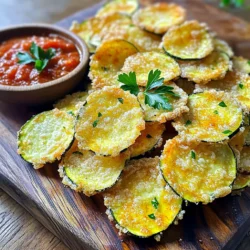 - 2 medium zucchinis - 1 cup grated Parmesan cheese - 1 cup breadcrumbs (whole wheat or panko) - 1 teaspoon garlic powder - 1 teaspoon dried oregano - 1 teaspoon paprika - Salt and pepper to taste - 1 egg, beaten - Olive oil spray To make the best Parmesan zucchini chips, gather these fresh and simple ingredients. Start with two medium zucchinis. They should be firm and bright in color. Grate one cup of Parmesan cheese for that rich, savory taste. Next, choose a cup of breadcrumbs. Whole wheat or panko works best for extra crunch. You will also need garlic powder, oregano, paprika, salt, and pepper for flavor. Don’t forget one egg! It acts as a glue for your crumbs. Finally, grab olive oil spray. This helps the chips crisp up nicely in the air fryer. With these ingredients, you will create a crunchy and tasty snack that everyone will love. Remember, fresh ingredients lead to the best results in your air fryer! To start, slice the zucchinis into thin rounds. Aim for about a quarter-inch thick, so they cook evenly. Next, prepare your egg wash. In a small bowl, beat one egg until it’s mixed well. This step helps the breadcrumbs stick to the zucchini. In another shallow bowl, mix the breadcrumbs with all the seasonings. Add one cup of grated Parmesan cheese, one teaspoon of garlic powder, one teaspoon of dried oregano, one teaspoon of paprika, and salt and pepper to taste. Take each zucchini slice, dip it into the egg wash, and let the excess egg drip off. Then, coat it in the breadcrumb mixture, pressing gently to make sure it sticks well. Now, preheat your air fryer to 375°F (190°C). Arrange the coated zucchini chips in the air fryer basket. Make sure they are in a single layer and not overlapping. You may need to do this in batches. Lightly spray the chips with olive oil to help them crisp up nicely. Air fry the zucchini chips for 10 to 12 minutes. Halfway through, flip them for even crispiness. Once they are golden brown and crispy, take them out and let them cool for a couple of minutes before serving. To get the best crunch from your zucchini chips, use olive oil spray. This helps them brown and crisp up nicely. A light layer of oil makes a big difference. Be sure to coat each chip lightly. Cooking in batches is also key. If you overcrowd the air fryer, some chips won’t cook evenly. Spread them out in a single layer. This way, each chip gets enough hot air to become crispy. To store leftovers, keep them in an airtight container. Place a paper towel inside to absorb moisture. This keeps the chips from getting soggy. You can store them in the fridge for up to three days. For reheating, use the air fryer again. Set it to 350°F (175°C) and heat for 3-5 minutes. This restores their crunch. Avoid using the microwave, as it makes them soft. For a beautiful presentation, serve the zucchini chips on a rustic wooden board. Add a bowl of marinara sauce or homemade ranch dressing for dipping. You can sprinkle fresh parsley on top for a pop of color. It makes the dish look even more inviting! {{image_2}} You can make Parmesan zucchini chips even more fun by adding different herbs and spices. Here are a few ideas: - Basil: Great for a fresh taste. - Cumin: Adds warmth to your chips. - Chili powder: For a spicy kick. You can also switch up the cheese or breadcrumbs. Try using: - Cheddar: Gives a sharp flavor. - Panko: Makes the chips extra crunchy. Mix and match these flavors to find your favorite combo! Not just zucchini works for this recipe! You can use other veggies too. Consider these options: - Eggplant: Slice thin for a meaty texture. - Sweet potatoes: For a sweet twist. - Carrots: Crunchy and colorful. Cooking times may vary based on the vegetable. Here’s a quick guide: - Eggplant: 8-10 minutes. - Sweet potatoes: 12-15 minutes. - Carrots: 10-12 minutes. Keep an eye on them to ensure they reach that perfect crisp! Each serving of Parmesan zucchini chips has about 150 calories. The macronutrient content is as follows: - Carbohydrates: 10 grams - Fats: 9 grams - Proteins: 7 grams These numbers can vary based on portion size and specific brands of ingredients used. Zucchini offers many nutritional benefits. It's low in calories, high in water, and rich in fiber. This makes it great for digestion and weight management. Using an air fryer also provides advantages. It uses less oil than traditional frying. This means fewer unhealthy fats, making your snack lighter and crispier. Plus, air frying keeps the nutrients in the food better than some other cooking methods. By choosing this recipe, you enjoy a tasty snack that is both satisfying and good for you. To make Parmesan zucchini chips, follow these easy steps: 1. Preheat your air fryer to 375°F (190°C). 2. Slice two medium zucchinis into thin rounds. 3. In a bowl, mix one cup of breadcrumbs, one cup of grated Parmesan cheese, one teaspoon of garlic powder, one teaspoon of dried oregano, one teaspoon of paprika, salt, and pepper. 4. In another bowl, beat one egg until mixed well. 5. Dip each zucchini slice in the egg, then coat it with the breadcrumb mix. Press gently to stick. 6. Place the coated zucchini in the air fryer basket in a single layer. Don't overlap them; do this in batches if needed. 7. Lightly spray the chips with olive oil for crispiness. 8. Air fry for 10-12 minutes until golden and crispy. Flip halfway for even cooking. 9. Let the chips cool for a couple of minutes before serving. Using frozen zucchini is not ideal for this recipe. Frozen zucchini holds more water. This extra moisture can make your chips soggy instead of crispy. If you use frozen zucchini, thaw and drain it well first. Pat it dry with paper towels to remove as much water as possible. Zucchini chips taste great with many dipping sauces. Here are some popular options: - Marinara sauce adds a classic Italian touch. - Ranch dressing gives a creamy, tangy flavor. - Garlic aioli offers a rich, savory taste. - Hummus adds a healthy, hearty option. Feel free to mix and match! Enjoy experimenting with your favorite dips. You now have a tasty and healthy way to enjoy zucchini. We covered ingredients, tips for crispiness, and fun variations. You can make these chips your own by changing herbs or using different veggies. Remember, air-frying keeps them healthier than frying in oil. With simple steps and quick prep, you can enjoy a snack that pleases your taste buds. Try it out and share your results with friends!