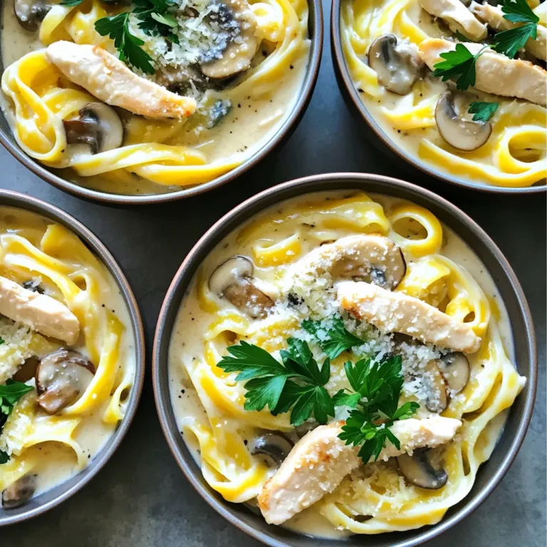 To make this creamy one-pot chicken Marsala pasta, you need: - 2 boneless, skinless chicken breasts, sliced into strips - 8 ounces fettuccine pasta - 2 cups chicken broth - 1 cup heavy cream - 1 cup mushrooms, sliced (button or cremini) - 1 medium onion, diced - 3 cloves garlic, minced - 2 tablespoons olive oil - 1 teaspoon dried thyme - 1 teaspoon dried oregano - Salt and pepper to taste - Fresh parsley, chopped (for garnish) - ½ cup grated Parmesan cheese When measuring, use a kitchen scale for the chicken and pasta. This ensures you get the right amounts for the best taste. - Chicken: Slice it thinly to cook evenly. - Pasta: Choose fresh or dry fettuccine. If you prefer another shape, feel free to swap it out. - Mushrooms: Clean them with a damp cloth instead of washing them. This keeps them from getting soggy. - Herbs: Fresh herbs can replace dried ones. Use three times more fresh herbs than dried ones. - Cream: Use heavy cream for richness. You can use half-and-half as a lighter option. You can easily make swaps based on what you have at home: - Chicken: Use turkey or firm tofu for a different flavor. - Pasta: Swap fettuccine for penne or gluten-free pasta if needed. - Mushrooms: Use any mushrooms you like, such as shiitake or portobello. - Broth: Vegetable broth works well for a vegetarian option. - Parmesan: Nutritional yeast gives a cheese-like flavor for a vegan dish. These tips and substitutions help you create a dish that suits your taste and needs. 1. Start by heating 2 tablespoons of olive oil in a large pot over medium heat. 2. Season 2 sliced chicken breasts with salt and pepper. Add them to the pot. 3. Cook the chicken for about 5-7 minutes until it is browned and cooked through. 4. Remove the chicken from the pot and set it aside on a plate. 5. In the same pot, add 1 diced onion and 1 cup of sliced mushrooms. 6. Sauté for about 5 minutes until the mushrooms are tender and the onion is clear. 7. Add 3 minced garlic cloves and cook for another minute, stirring to avoid burning. 8. Pour in 2 cups of chicken broth and bring it to a boil. 9. Add 8 ounces of fettuccine pasta, 1 teaspoon of dried thyme, and 1 teaspoon of dried oregano. 10. Cover the pot and reduce the heat to a simmer. Cook for about 10-12 minutes until the pasta is al dente. 11. Stir in 1 cup of heavy cream and ½ cup of grated Parmesan cheese. Mix until creamy. 12. Return the cooked chicken to the pot and stir to combine. Heat for another 2-3 minutes. 13. Adjust the seasoning with more salt and pepper if needed. 14. Remove from heat and garnish with fresh parsley before serving. - Keep an eye on the chicken to avoid overcooking. It should be golden brown. - For pasta, check the package for the exact cooking time. Al dente is the goal. - Stir the dish often to ensure even cooking and to prevent sticking. - If the pasta is too sticky, add a splash of chicken broth or cream and stir. - If the sauce is too thick, thin it with a little extra broth or cream. - For uneven cooking, make sure to cut the chicken evenly. This helps in cooking time. To make this dish pop, use fresh herbs. Fresh thyme and oregano add a bright taste. You can also add a pinch of red pepper flakes for a little heat. Don’t forget to taste as you go! Adjust salt and pepper to make it just right. For a richer sauce, try using more heavy cream. You can mix in some cream cheese, too. This adds a velvety texture. Stir the sauce well to blend all the flavors together. For extra umami, a splash of soy sauce or Worcestershire sauce works wonders, too. You will need a large pot for cooking. A wooden spoon helps stir everything smoothly. A sharp knife makes slicing the chicken easy. Use a cutting board for safe chopping. A measuring cup ensures you get the broth and cream right. Lastly, a serving spoon helps dish up your meal beautifully. {{image_2}} You can make this dish vegetarian by swapping out chicken for plant-based proteins. Try using tofu or tempeh. Both options soak up flavor well. You can also use chickpeas for a hearty texture. Just sauté them until golden before adding to the pasta. This way, you still get a filling meal packed with protein. If you need a gluten-free option, choose gluten-free pasta. There are many types available, like rice or corn pasta. They cook similarly to regular pasta, but check the package for timing. You can also try using spiralized vegetables like zucchini or squash. They add a fresh taste and keep the meal light. Herbs can change the taste of your dish. While thyme and oregano are great, feel free to experiment. Try fresh basil or parsley for a bright flavor. You can also use rosemary for a woodsy taste. Just add these herbs toward the end of cooking to keep their flavor strong. Adjust the amounts to suit your taste. To keep your creamy chicken Marsala pasta fresh, place it in an airtight container. Make sure to let it cool down first. This will help keep moisture in and prevent the pasta from drying out. Store it in the fridge for up to three days. If you want to enjoy it later, use separate containers for the pasta and sauce if possible. This can help maintain texture. When you're ready to enjoy your leftovers, reheating is easy. You can use a microwave or stovetop. If using a microwave, place the pasta in a bowl and cover it with a damp paper towel. Heat it for one minute, stir, then heat for another minute. If you're using the stovetop, add a splash of chicken broth to a pan and heat on low. Stir often to keep it creamy and prevent sticking. If you want to save your chicken Marsala pasta for later, freezing is a great option. Let the pasta cool completely, then place it in a freezer-safe container. It can last up to three months in the freezer. When you're ready to eat, thaw it overnight in the fridge. Then, reheat it gently on the stove or in the microwave. Add a little cream or broth to revive its creamy texture. Cooking the pasta takes about 10 to 12 minutes. Follow the package instructions for the best results. Stir the pasta occasionally to keep it from sticking. You want it to be al dente, which means it's firm but not hard. Yes, you can use other meat options. Chicken thighs work well for a richer flavor. You can also try turkey or pork if you prefer. Just make sure to adjust the cooking time based on the meat you choose. This dish pairs great with a simple side salad. A fresh green salad with lemon dressing is a perfect match. Garlic bread also makes a tasty side. You can even serve some roasted vegetables for a colorful plate. Yes, you can prepare this dish in advance. Cook the pasta and sauce, then store them separately. When you're ready to eat, reheat them together on the stove. Just add a splash of broth or cream to revive the sauce's creaminess. You can make this dish without cream. Use a mix of chicken broth and milk instead. It will not be as rich, but it will still taste great. You can also try using a plant-based cream for a dairy-free option. We explored all the key parts of making Chicken Marsala Pasta. From ingredients to cooking steps, you now have the tools to create a great dish. Don't forget the tips for flavor and storage. This recipe offers room for variations, so feel free to mix things up. You can enjoy delicious meals and impress friends and family. Use the knowledge you've gained to make cooking easier and more enjoyable. Happy cooking!