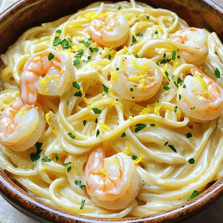 - 8 oz linguine pasta - 1 lb shrimp, peeled and deveined - 2 tablespoons olive oil - 3 cloves garlic, minced - 1 cup heavy cream - 1 cup grated Parmesan cheese - 1 lemon, zested and juiced - 1 teaspoon salt - ½ teaspoon black pepper - ½ teaspoon red pepper flakes (optional) - Fresh parsley, chopped (for garnish) This dish is simple yet bursting with flavor. The main ingredient is linguine pasta. It holds the creamy sauce well. I love using shrimp for this recipe because it cooks quickly and tastes amazing. I recommend using fresh shrimp for the best taste. You can find peeled and deveined shrimp at most stores. Olive oil adds a nice richness. Garlic brings a fragrant aroma that fills the kitchen. Heavy cream is key. It makes the sauce creamy and smooth. Parmesan cheese adds depth and a salty kick. Lemon zest and juice brighten the dish. They balance the richness with a fresh taste. Lastly, seasonings like salt, pepper, and red pepper flakes add a bit of heat. Fresh parsley is perfect for garnish. It adds color and freshness to the plate. Enjoy cooking! First, grab a large pot and fill it with water. Add a good amount of salt to the water. Bring the water to a rapid boil. Next, add 8 oz of linguine pasta. Cook it for about 8-10 minutes or until it's al dente. Stir the pasta occasionally to prevent sticking. Once cooked, drain the pasta in a colander. Don’t forget to save ½ cup of the pasta water for later! Now, let’s prepare the shrimp. Heat a large skillet over medium heat. Pour in 2 tablespoons of olive oil and let it get hot. Add 3 cloves of minced garlic and cook for about 30 seconds. The smell will be amazing! Then, add 1 lb of peeled and deveined shrimp. Season with 1 teaspoon of salt, ½ teaspoon of black pepper, and ½ teaspoon of red pepper flakes if you like some heat. Cook the shrimp for about 3-4 minutes, until they turn pink. Once done, remove the shrimp from the skillet and set them aside. In the same skillet, it’s time to make the cream sauce. Pour in 1 cup of heavy cream. Add the zest and juice from 1 lemon. Stir everything together and let it come to a gentle simmer. This makes the sauce creamy and bright! Now, gradually whisk in 1 cup of grated Parmesan cheese until it melts and the sauce is smooth. If it’s too thick, add a bit of the reserved pasta water to thin it out. Now, it’s time to bring everything together. Return the cooked shrimp to the skillet. Add the drained linguine pasta. Toss it all together until the pasta and shrimp are coated in the creamy sauce. Take a moment to taste your dish and adjust the flavors. Add more salt, pepper, or lemon juice if needed. To serve, scoop the pasta into bowls. For a lovely finish, garnish with freshly chopped parsley. You can also sprinkle some extra Parmesan cheese on top. This adds a nice touch and looks great on the plate! Enjoy your delicious Creamy Lemon Parmesan Shrimp Pasta! To get the best cream sauce, you might need to adjust the thickness. If the sauce feels too thick, add a little of the reserved pasta water. Start with a tablespoon and mix well. Keep adding until you reach your desired consistency. This water helps bind the sauce to the pasta. For the right creaminess, use heavy cream. It makes the sauce rich and smooth. Stir gently as you heat it with lemon zest and juice. This blend brings a bright flavor. Perfectly cooked shrimp should be pink and firm. Cook them for 3 to 4 minutes. If you overcook them, they become rubbery. Always remove shrimp from the heat once they turn pink. If you want alternatives, try scallops or chicken instead of shrimp. Both will add a nice flavor. Make sure to adjust the cooking time for these options. To boost flavor, consider adding fresh herbs like basil or thyme. You can also try a pinch of nutmeg for warmth. These additions can really elevate your dish. Balance the flavors by tasting as you go. If it feels too rich, a little more lemon juice can brighten it up. If it lacks depth, add more salt or a sprinkle of red pepper flakes for heat. {{image_2}} You can change the pasta type if you want. Try whole wheat or gluten-free pasta. Both options work well with this creamy lemon sauce. For protein, shrimp shines, but you can switch it up. Use scallops, chicken, or even firm tofu for a tasty twist. Each adds a unique flavor to the dish. Want to add more color and taste? Toss in fresh spinach or cherry tomatoes. They cook quickly and brighten the dish. If you like spice, increase the red pepper flakes. You can also add a pinch of cayenne for more heat. Adjust the spice to suit your taste. To make this dish lower in calories, use low-fat cream or substitute with Greek yogurt. This keeps the creaminess while cutting back on fat. For a vegan option, use coconut cream instead of heavy cream. Nutritional yeast can replace Parmesan cheese for a cheesy flavor. Both swaps keep the dish rich and satisfying. To store your creamy lemon Parmesan shrimp pasta, follow these tips: - Cool Down: Let the pasta cool to room temperature before storing. - Use Airtight Containers: Place the pasta in airtight containers to keep it fresh. - Add a Little Oil: Drizzle some olive oil on top to help prevent sticking. Leftovers will stay good for up to 3 days in the fridge. When you want to enjoy your leftovers, use these safe reheating methods: - Microwave: Place the pasta in a microwave-safe bowl. Add a splash of water or cream. Cover and heat in short bursts, stirring often. - Stovetop: Heat a skillet over low heat. Add the pasta and a little cream or water. Stir gently until warm. To keep the sauce creamy, avoid high heat. Adding liquid helps maintain the sauce's rich texture. Yes, you can use frozen shrimp. Just be sure to thaw it first. Place the shrimp in a bowl of cold water for about 15-20 minutes. Drain and pat them dry before cooking. This helps the shrimp cook evenly and prevents excess water in the dish. To make this dish dairy-free, swap heavy cream for coconut cream or cashew cream. For cheese, try nutritional yeast or a dairy-free cheese alternative. Both will still give you a creamy texture and rich flavor. This pasta goes great with a fresh salad. A simple green salad or Caesar salad works well. You can also serve garlic bread or steamed veggies as sides. They complement the creamy flavors nicely. Yes, you can prep this pasta ahead of time. Cook the pasta and shrimp, then store them separately. When ready to eat, warm them up in a skillet and add the sauce. This keeps everything fresh and delicious. This blog post covered how to make creamy lemon Parmesan shrimp pasta. You learned the key ingredients, cooking steps, and perfecting the cream sauce. We shared tips for shrimp and flavor enhancements. Remember, you can swap ingredients or adjust flavors to make it your own. Whether you are cooking for yourself or others, this dish is sure to impress. Enjoy your meal and the satisfied smiles it brings!