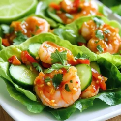 To make these tasty garlic chili shrimp lettuce wraps, you need the following main ingredients: - 1 lb large shrimp, peeled and deveined - 4 cloves garlic, minced - 2 tablespoons chili paste (or sauce) - 1 tablespoon soy sauce - 1 tablespoon honey - 1 tablespoon vegetable oil - 1 teaspoon sesame oil - 1 tablespoon fresh lime juice - 1 head of butter lettuce (or Romaine), leaves separated Each ingredient plays a key role. The shrimp brings protein, while garlic adds a strong, savory taste. Chili paste gives heat, and honey balances it with sweetness. The oils add richness, and lime juice brightens the dish. You can make your wraps even better with these toppings and garnishes: - 1 small cucumber, thinly sliced - 1/2 red bell pepper, thinly sliced - 1/4 cup fresh cilantro, chopped - Salt and pepper to taste These add crunch and freshness. Cucumber cools the heat, while bell pepper offers sweetness. Cilantro adds a fresh, herbal note. Don't worry if you lack some ingredients. Here are some easy swaps you can try: - Use shrimp from the freezer if fresh is not available. - Replace chili paste with hot sauce for a different flavor. - Swap honey for maple syrup or agave nectar for a vegan option. - If you lack butter lettuce, Romaine works just as well. These substitutions keep the dish tasty and fun, making it easy to adapt to what you have at home. First, grab a mixing bowl. Add the chili paste, soy sauce, honey, sesame oil, lime juice, and minced garlic. Stir these together well. This makes a tasty marinade. Now, take your shrimp. Add them to the bowl with the marinade. Make sure they are all coated. Let them sit for 15-20 minutes. This helps the shrimp soak up the flavors. Next, heat vegetable oil in a skillet over medium-high heat. Wait until the oil gets hot. Carefully add the marinated shrimp in a single layer. Cook for 2-3 minutes on each side. You want them to turn pink and opaque. Season with salt and pepper to your taste. Once cooked, take the skillet off the heat. Let the shrimp cool for a moment. Now it’s time to make the wraps. Take a lettuce leaf and lay it flat. Place a few shrimp in the center of the leaf. Add sliced cucumber and red bell pepper on top. Sprinkle chopped cilantro for extra flavor. Gently fold the sides of the lettuce leaf over the filling. This creates a nice wrap. Serve your wraps right away. Add extra lime wedges for a zesty touch. Enjoy your meal! To get the best taste, use fresh shrimp. Fresh shrimp has a sweet and mild taste. Marinating is key. Mix garlic, chili paste, soy sauce, honey, and lime juice well. Let the shrimp soak in this mix for at least 15 minutes. This adds depth and richness to the shrimp. Also, always taste your marinade. Adjust salt or spice to fit your preference. For perfect shrimp, heat your skillet well before adding the shrimp. Use medium-high heat. This helps the shrimp sear nicely. Cook them for just 2-3 minutes on each side. They should turn pink and opaque. Overcooking makes shrimp tough. If you have a lot of shrimp, cook them in batches. This keeps the temperature steady. Serve these wraps right away. They taste best when fresh. Place the cooked shrimp in a lettuce leaf. Add cucumber, red bell pepper, and cilantro for crunch. You can also serve extra lime wedges on the side. A squeeze of lime brightens the flavors. If you want more heat, add sliced jalapeños. Enjoy your meal! {{image_2}} If you want a vegetarian twist, use tofu or mushrooms instead of shrimp. Both options absorb flavors well. For tofu, use firm blocks. Press to remove water and cut into cubes. Marinate just like shrimp. For mushrooms, choose large ones like portobello. Slice and cook until tender. Both options bring a great texture to the dish. To kick up the heat, add red pepper flakes or diced jalapeños. Mix these into the marinade for a fiery punch. You could also sprinkle extra chili paste on top before serving. Adjust the spice level based on your taste. This adds excitement and flavor to each bite. While butter lettuce is great, feel free to experiment with other types. Romaine gives a nice crunch. Iceberg is crisp and refreshing. For a unique twist, try using collard greens or cabbage leaves. Each type brings its own flavor and texture. Choose what you like best for your wraps! To store leftover shrimp lettuce wraps, keep the shrimp and veggies separate from the lettuce. Place the shrimp and veggies in an airtight container. Use a paper towel to absorb moisture, so your shrimp stay fresh. Store the lettuce leaves in a clean, dry container. This way, they won't get soggy. The wraps will stay fresh for up to two days in the fridge. To reheat the shrimp, place them in a microwave-safe dish. Cover the dish with a damp paper towel. Heat the shrimp for about 30 seconds to 1 minute. Check to make sure they are hot all the way through. You can also reheat them in a skillet over low heat. Just add a little oil to keep them moist. Avoid reheating the lettuce, as it will wilt and lose crunch. Freezing shrimp lettuce wraps is not ideal, but you can freeze the shrimp. Place the cooled shrimp in a freezer-safe bag. Remove as much air as possible to prevent freezer burn. Label the bag with the date. The shrimp can be frozen for up to three months. When ready to use, thaw them overnight in the fridge. Then, heat and assemble your wraps fresh! You can tell when shrimp are cooked by their color. They turn pink and opaque. This usually takes 2-3 minutes on each side. If they curl into a C shape, they are done. Avoid overcooking, as they can become rubbery. Always check the middle for doneness. Yes, you can make the marinade ahead of time. This saves you time on busy days. Just mix the chili paste, soy sauce, honey, sesame oil, lime juice, and garlic in a bowl. Store it in the fridge for up to two days. When you’re ready, add the shrimp to the marinade. Lettuce wraps are low in calories and high in fiber. They help you feel full without many carbs. Lettuce also provides vitamins and minerals. You get hydration from the water content in lettuce. Plus, they are fresh and crunchy, making them a tasty choice! Garlic chili shrimp lettuce wraps are easy to make and tasty to enjoy. We covered key ingredients and optional toppings for your dish. I guided you through cooking the shrimp and assembling the wraps step-by-step. Use my tips for the best flavor and texture. Explore variations like vegetarian options and different lettuce types. Proper storage can keep your leftovers fresh. Now, you can savor a fun meal that fits any occasion! Enjoy making these delicious wraps and impress your friends and family.