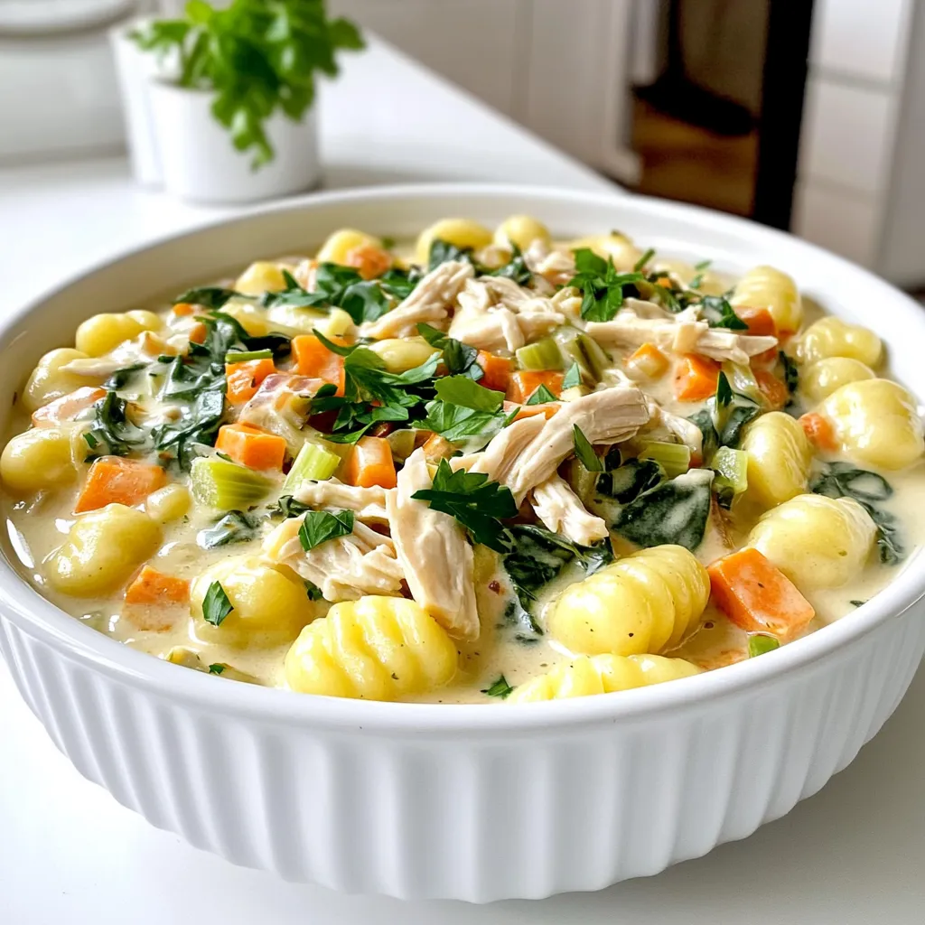 - 1 pound boneless, skinless chicken breasts - 1 tablespoon olive oil - 2 cloves garlic, minced - 1 medium onion, diced - 3 medium carrots, sliced - 2 celery stalks, chopped For this Chicken Gnocchi Soup, I start with boneless, skinless chicken breasts. They cook well and stay tender. I use olive oil to sauté the veggies, adding great flavor. Garlic, onion, carrots, and celery make a solid base. This mix gives the soup a fresh and hearty taste. - 4 cups low-sodium chicken broth - 1 teaspoon dried thyme - 1 teaspoon dried oregano - Salt and pepper to taste Next, I add low-sodium chicken broth. This keeps it light and lets the flavors shine. Thyme and oregano bring a warm, earthy taste. I also use salt and pepper to enhance the dish. These seasonings balance the flavors and make each bite enjoyable. - 1 cup heavy cream - 1 pound potato gnocchi - 3 cups fresh spinach - Fresh parsley for garnish (optional) For creaminess, I add heavy cream. This makes the soup rich and smooth. I include potato gnocchi, which adds a fun texture. Fresh spinach gives a pop of color and nutrition. Finally, I sprinkle fresh parsley on top for a lovely finish. This recipe brings together simple ingredients for a comforting meal. First, heat 1 tablespoon of olive oil in a skillet over medium heat. Add the diced onion, sliced carrots, and chopped celery. Sauté these for about 5 to 7 minutes. You want them to soften but not brown. After that, add 2 cloves of minced garlic. Cook this for an extra minute. The garlic will add a nice flavor to your soup. Next, take your slow cooker and place 1 pound of boneless, skinless chicken breasts at the bottom. Pour the sautéed vegetables on top of the chicken. Now, add 4 cups of low-sodium chicken broth. Sprinkle in 1 teaspoon of dried thyme and 1 teaspoon of dried oregano. Don’t forget to season with salt and pepper. Stir everything gently to combine. Cover the slow cooker and cook on low for 6 to 7 hours, or on high for 3 to 4 hours. The chicken should be fully cooked and tender. Once the chicken is done, remove it from the slow cooker. Use two forks to shred the chicken into bite-sized pieces. Return the shredded chicken to the slow cooker. Now, add 1 pound of potato gnocchi and 1 cup of heavy cream. Stir gently and cook for an additional 30 minutes on high. This will make the gnocchi tender. Finally, stir in 3 cups of fresh spinach until it wilts. Taste your soup and adjust the seasoning if needed. Serve hot in bowls, and you can garnish with fresh parsley if you like. To make this soup shine, seasoning is key. Salt and pepper boost the taste of every ingredient. I recommend adding these to your broth early. It helps the flavors meld well. Choosing the right chicken is also vital. I prefer boneless, skinless chicken breasts for their tenderness. They cook well and shred easily, giving you a smooth texture in the soup. You can also use thighs for more flavor. Cooking time matters when you add gnocchi. They need only a short time to cook. I suggest adding them in the last 30 minutes. This keeps them soft and fluffy. If you like your gnocchi a bit firmer, reduce the cooking time. You can try adding them 15 minutes before serving. Adjusting based on your taste is always a good idea. Presentation can elevate your meal. Consider serving the soup in wide bowls. This allows the gnocchi and veggies to shine. A sprinkle of fresh parsley adds a pop of color. For sides, crusty bread works well. It’s perfect for dipping and adds a nice crunch. A simple salad can also balance the meal. Try a light vinaigrette for a fresh touch. {{image_2}} You can swap proteins in this soup to fit your taste. Turkey works well if you want a leaner meat. Tofu is a great choice for a plant-based option. You can even use rotisserie chicken for quick prep. For vegetables, think about bell peppers or peas. These add color and flavor. You can mix in zucchini or mushrooms too. The great thing is you can use what you have on hand. Adjust the cream to make this soup as rich as you like. If you want it lighter, cut the cream in half. You can also use half-and-half or coconut milk for a different taste. These swaps keep the soup creamy but lighter. If you want a richer texture, add more cream. Just remember, a little goes a long way. Adding cheese takes this soup to a new level. Parmesan cheese adds a sharp taste. Mozzarella gives a nice stretch and creaminess. You can stir it in right before serving for a delicious touch. Fresh herbs are another way to boost flavor. Try adding basil, thyme, or parsley. These herbs bring freshness and depth to each spoonful. You can even mix herbs for a unique taste. After you finish your meal, let the soup cool down. Store leftovers in an airtight container. This keeps the soup fresh and tasty. You can keep it in the fridge for up to three days. When you're ready to enjoy it again, heat it gently on the stove. Stir it often to avoid sticking. You can also microwave it, but cover it to keep moisture in. If you want to save some soup for later, freezing is a great choice. First, let the soup cool completely. Pour it into freezer-safe containers or bags. Make sure to leave some space for the soup to expand. You can freeze it for up to three months. When you are ready to eat, move the soup to the fridge overnight to thaw. Reheat it in a pot or microwave until hot. If the soup seems thick, add a splash of chicken broth or water. In the fridge, your Chicken Gnocchi Soup lasts about three days. In the freezer, it stays good for about three months. Always check for signs of spoilage before eating. If you see any mold or if it smells off, throw it away. Keeping your soup stored properly helps keep it safe and delicious. Yes, you can use frozen chicken breasts. Just remember to adjust the cooking time. If you start with frozen chicken, add an extra hour on low or about 30 minutes on high. This makes sure the chicken cooks through and stays tender. This soup lasts about 3 to 4 days in the fridge. Make sure to store it in an airtight container. This keeps it fresh and tasty. If you want to keep it longer, consider freezing it. You can serve this soup with crusty bread or a fresh salad. Both pair nicely. A simple green salad with a light dressing adds a nice crunch. You could also serve some garlic bread on the side for extra flavor. Yes, you can make this soup on the stovetop. Start by sautéing the veggies and chicken in a pot. Then, add broth and seasonings. Let it simmer for about 30 minutes. Finally, stir in the gnocchi and cream, cooking until the gnocchi is tender. This method is faster and still gives you a delicious soup! This blog post covered how to create a simple and tasty Chicken Gnocchi Soup. We explored the key ingredients, from chicken and veggies to the cream and gnocchi. I shared step-by-step cooking instructions and helpful tips to boost flavor and texture. You learned about ingredient swaps for variety and best practices for storage. Now, you can confidently make this soup and enjoy it anytime. Remember, cooking is fun and a way to share joy. Try it today!