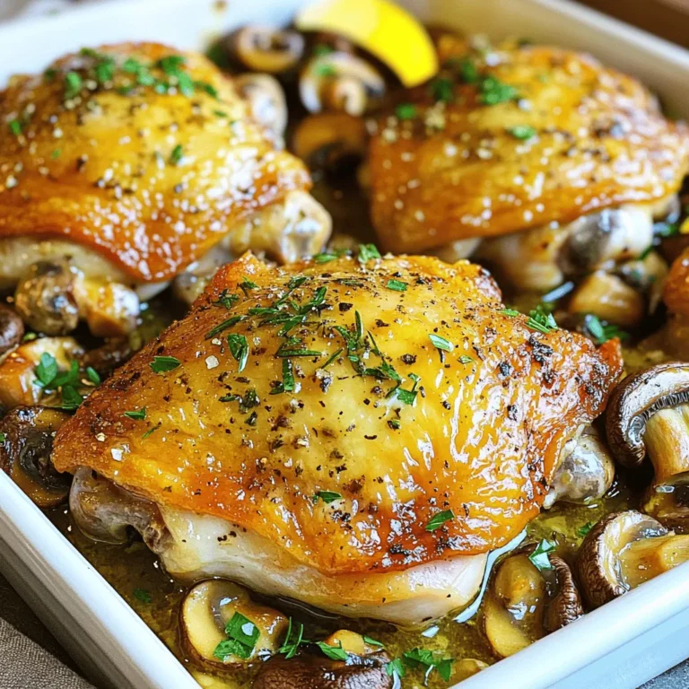 - 4 bone-in, skin-on chicken thighs - 2 cups mushrooms, sliced (cremini or button) - 4 tablespoons unsalted butter - 5 cloves garlic, minced - 1 teaspoon fresh thyme leaves (or ½ teaspoon dried thyme) - 1 teaspoon fresh rosemary, chopped - Juice of 1 lemon - Fresh parsley, chopped (for garnish) - Salt and pepper, to taste - Tips for selecting quality ingredients When I cook garlic butter chicken thighs, I focus on good quality ingredients. Fresh, bone-in, skin-on chicken thighs give great flavor. The skin keeps the meat juicy. I love using cremini or button mushrooms for their earthy taste. They soak up the garlic butter well, adding depth to the dish. For seasonings, fresh herbs make a big difference. I always use fresh thyme and rosemary. Their scents fill the kitchen and make the dish feel special. Minced garlic is a must for that rich flavor. The lemon juice brightens the meal, cutting through the richness of the butter. Using unsalted butter is key. It lets you control the salt level. I recommend tasting as you go to get the balance just right. Remember to choose fresh herbs and mushrooms. Look for bright colors and firm textures. Quality ingredients make all the difference in this garlic butter chicken thighs recipe. First, dry the chicken thighs with paper towels. This step is key for a crispy skin. Season both sides with salt and pepper. The skin-on thighs add rich flavor. Keeping the skin helps lock in moisture. It also gives a nice crunch when cooked. Next, sear the chicken thighs in a skillet. Heat two tablespoons of butter over medium-high heat. Place the chicken thighs skin-side down. Cook for about 7-8 minutes until golden brown. This step creates a wonderful crust. Flip the thighs and cook for another 5 minutes. Remove them from the skillet and set aside. Now it's time to cook the mushrooms. In the same skillet, add the rest of the butter. Once melted, add the sliced mushrooms. Sauté them for about 5 minutes. They should start to brown and soften nicely. After the mushrooms are ready, stir in the minced garlic, thyme, and rosemary. Cook for another minute until the garlic smells good. This step really boosts the flavor profile. Return the chicken thighs to the skillet. Nestle them among the mushrooms. Pour lemon juice over everything. Cover the skillet and lower the heat. Let it cook for 15-20 minutes. The chicken is done when it reaches 165°F (75°C). Enjoy this tasty blend of garlic, butter, and herbs! To get that golden brown skin on your chicken thighs, start with dry meat. Pat the thighs with paper towels before seasoning. This helps the skin crisp up better. Use medium-high heat to sear the chicken. This high heat creates a nice crust. Avoid overcrowding the pan. Too many pieces can trap steam, making the skin soggy. You can boost the flavor even more! Try adding fresh herbs like basil or oregano. These herbs add a nice twist to the dish. If you want a stronger lemon taste, add more juice. Just remember to taste as you go. This way, you get the flavor just right. For searing, use a heavy skillet like cast iron. It holds heat well and helps with browning. A good meat thermometer is key too. It ensures chicken is fully cooked. Aim for an internal temperature of 165°F (75°C). This way, you get juicy, safe-to-eat chicken every time. {{image_2}} You can switch things up by using boneless chicken thighs. They cook faster and stay juicy. This option works well if you are short on time. You can also try different mushrooms for a unique taste. Shiitake or oyster mushrooms add a rich flavor. Each type brings its own twist to the dish. To enhance the flavor, consider adding white wine or chicken broth. This addition creates a deeper sauce. It also adds moisture to the dish. For those who like spice, red pepper flakes can bring heat. Just a pinch can change the whole vibe. Adjust to your taste for the perfect kick. Pair your garlic butter chicken thighs with simple sides. Rice or roasted vegetables balance the meal nicely. For a fun twist, serve it over creamy polenta. You can also plate it in a rustic way. Nestle the chicken and mushrooms on a bed of greens for a beautiful presentation. To keep your garlic butter chicken thighs and mushrooms fresh, store them right. First, let the dish cool down. Place the leftovers in airtight containers. I recommend glass or BPA-free plastic containers. These keep moisture in and prevent the food from absorbing other smells. You can also wrap them tightly in plastic wrap. Use them within three days for the best taste. Reheating can be tricky. You don’t want to dry out the chicken. The best method is using the oven. Preheat it to 350°F (175°C). Place the chicken in a baking dish with a splash of chicken broth or water. Cover it with foil to keep moisture in. Bake for about 15-20 minutes until hot. You can also reheat on the stovetop. Just warm it gently in a skillet over low heat. Add a bit of butter or olive oil to maintain that rich flavor. Freezing is a great way to save leftovers. To freeze, let the chicken cool completely. Then, place the chicken and mushrooms in freezer bags. Remove as much air as possible to prevent freezer burn. Label the bags with the date. It’s best to eat them within three months for good quality. When you’re ready to eat, thaw in the fridge overnight. Reheat as mentioned above for the best results. To cook garlic butter chicken thighs, you need about 15-20 minutes on medium-low heat after searing. Start by searing the chicken skin-side down for 7-8 minutes. Then, flip them and cook for another 5 minutes. After that, add the mushrooms and aromatics. Cover the skillet and let it cook until the chicken reaches 165°F (75°C). This timing ensures juicy, tender chicken with great flavor. Yes, you can use different herbs to change the flavor. Fresh herbs like basil or oregano can add a nice touch. If you prefer dried herbs, use about half the amount since dried herbs are stronger. Experiment with what you like best. This flexibility helps make the dish your own. Garlic butter chicken thighs pair well with many sides. Consider serving them with rice, mashed potatoes, or crusty bread. These sides soak up the delicious garlic butter sauce. Steamed vegetables, like green beans or broccoli, also add color and nutrients to your meal. Enjoy mixing and matching to find your favorite combinations! This blog post has shown you how to make delicious garlic butter chicken thighs. We discussed key ingredients like chicken, mushrooms, and herbs. I shared tips for cooking and enhancing flavors. You learned about variations and storing your meal for later. Now, you have the tools to create this tasty dish. Enjoy experimenting with new flavors and sides! Happy cooking!
