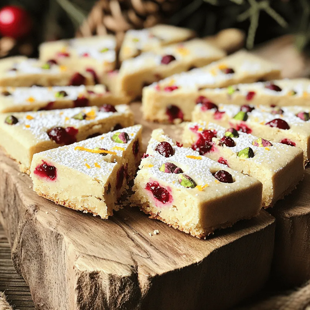To make these tasty cookies, you need a few key ingredients: - 1 cup unsalted butter, softened - 1/2 cup powdered sugar - 1 teaspoon vanilla extract - 2 cups all-purpose flour - 1/4 teaspoon salt - 1/2 cup dried cranberries, chopped - 1/2 cup shelled pistachios, chopped - Zest of 1 orange These ingredients create a rich, buttery base. The cranberries and pistachios add a nice crunch and burst of flavor. The orange zest brightens each bite, making it special. You can enhance your cookies with these extras: - White chocolate chips - Additional nuts White chocolate chips bring sweetness. Extra nuts add texture and flavor. Feel free to mix and match based on what you love. Enjoy experimenting! First, we need to cream the butter and sugar. Take your softened butter and add the powdered sugar to a large mixing bowl. Use a hand mixer or a spatula to blend them until they are light and fluffy. This step is key to making your cookies soft. Next, we add the flavor. Pour in one teaspoon of vanilla extract and the zest of one orange. The zest gives a nice touch. Stir until everything is well mixed. You want to make sure those flavors blend nicely. Now it’s time for the dry stuff. In a separate bowl, mix two cups of all-purpose flour with a pinch of salt (1/4 teaspoon). Gradually add this mixture to the wet ingredients. Mix until just combined, being careful not to overdo it. After that, fold in the fun parts! Add 1/2 cup of chopped dried cranberries and 1/2 cup of shelled pistachios. Gently mix these in so they are evenly spread through the dough. This step adds texture and bursts of flavor in each bite. Now, let’s shape the dough. Divide it into two equal portions. Roll each portion into a log about 1.5 inches in diameter. Wrap these logs in plastic wrap, and place them in the fridge for at least 30 minutes. This chilling time helps the cookies keep their shape when baked. Once chilled, it’s time to slice! Cut the logs into 1/4-inch thick rounds. Place these slices on a baking sheet lined with parchment paper, spacing them about two inches apart. Now, we bake! Preheat your oven to 350°F (175°C). Bake the cookies for 12-15 minutes. Look for the edges to turn a light golden brown. Once done, take them out and let them cool on the baking sheet for five minutes. Then, move them to a wire rack to cool completely. Enjoy your delicious cranberry pistachio shortbread cookies! To get the right texture for your cranberry pistachio shortbread cookies, focus on your butter. Use softened, unsalted butter. It should feel like a pillow when you press it. This helps create a light and airy mix. Measuring your ingredients correctly is key. Always use dry measuring cups for flour. Scoop the flour into the cup and level it off with a knife. This method avoids packing the flour, which can make the cookies tough. Keep a close eye on your baking time. Start checking the cookies at 12 minutes. The edges should turn golden brown. If they look pale, give them another minute. Overbaking can lead to dry cookies. When they’re done, let the cookies cool on the sheet for five minutes. This helps them firm up before you move them. If they break while transferring, it's likely they weren't cooled enough. For special occasions, serve these cookies on a decorative platter. You can stack them or arrange them in a circle. Add a few candied orange peels on the side for a splash of color. To keep your cookies fresh, store them in an airtight container. They can last up to a week. If you want them to last longer, keep them in the fridge. This helps maintain their crunch and flavor. {{image_2}} You can add more flavor to your cranberry pistachio shortbread cookies. One way is to include citrus flavors. Try adding lemon or lime zest for a fresh taste. Just a teaspoon can brighten the cookies and make them pop! You can also experiment with spices. A pinch of cinnamon or nutmeg adds warmth. These spices work well with the sweetness of cranberries and the crunch of pistachios. Mix and match to find your favorite flavor! If you have dietary needs, you can still enjoy these cookies. For a gluten-free option, use a gluten-free flour blend. Many blends work well in shortbread recipes. Just be sure to check that it has a good texture. For a nut-free alternative, skip the pistachios. You can replace them with seeds like sunflower seeds or pumpkin seeds. They add crunch without any nuts. This way, everyone can enjoy a tasty treat! You can change the dried fruits based on the season. Instead of cranberries, use dried cherries or apricots. This gives the cookies a different taste and color. For holiday-inspired variations, consider adding spices or even peppermint extract. These flavors make the cookies festive and fun. You can also drizzle melted white chocolate on top for a sweet finish. Get creative and make these cookies your own! To keep your Cranberry Pistachio Shortbread Cookies fresh, store them in an airtight container. This helps seal in moisture and flavor. You can use a cookie jar with a tight lid or a plastic container. Do not refrigerate the cookies if you plan to eat them soon. Room temperature is best for keeping them soft. However, if you live in a warm area, a cool spot in the fridge can help. You can freeze the cookie dough for later use. To do this, shape the dough into logs and wrap them tightly in plastic wrap. Place the wrapped logs in a freezer bag. This keeps them fresh for up to three months. When you want to bake the cookies, take the dough out of the freezer. Let it thaw in the fridge overnight. Once thawed, slice and bake as you normally would. These delicious cookies stay fresh for about one week at room temperature. Look for signs like a hard texture or a change in smell to know they are no longer good. If they become too hard, they may still be safe but won’t taste as great. Can I make these cookies ahead of time? Yes, you can make these cookies ahead of time. Prepare the dough, shape it into logs, and wrap them in plastic wrap. Store the logs in the fridge for up to a week or freeze them for up to three months. When ready to bake, just slice and bake straight from the freezer. What can I substitute for unsalted butter? You can use salted butter if you adjust the salt in the recipe. Alternatively, coconut oil or margarine works well as substitutes. Keep in mind that these options may alter the flavor slightly. Why are my cookies too crumbly? Crumbly cookies often stem from too much flour or not enough fat. Make sure to measure flour accurately. If your dough feels too dry, add a splash of milk or water to help bind it. How to fix cookies that spread too much? If your cookies spread too much, try chilling the dough longer before baking. Ensure the butter is softened, not melted. You can also add a bit more flour to the dough. How many cookies per serving? This recipe makes about 24 cookies. A serving can be two to three cookies, depending on your appetite! Nutritional breakdown of ingredients Each cookie has around 100 calories, with healthy fats from the pistachios and some fiber from the cranberries. The orange zest adds a refreshing flavor, but also minimal calories. Cranberry pistachio shortbread cookies are easy to make and fun to enjoy. We covered the essential ingredients, step-by-step baking instructions, and helpful tips. You can also personalize your cookies with flavors or diet changes. Storing them correctly keeps them fresh longer. With just a few simple steps, you can create a delicious treat. Whether for a party or a cozy night in, these cookies are sure to please everyone! Enjoy baking and experimenting with your own variations.