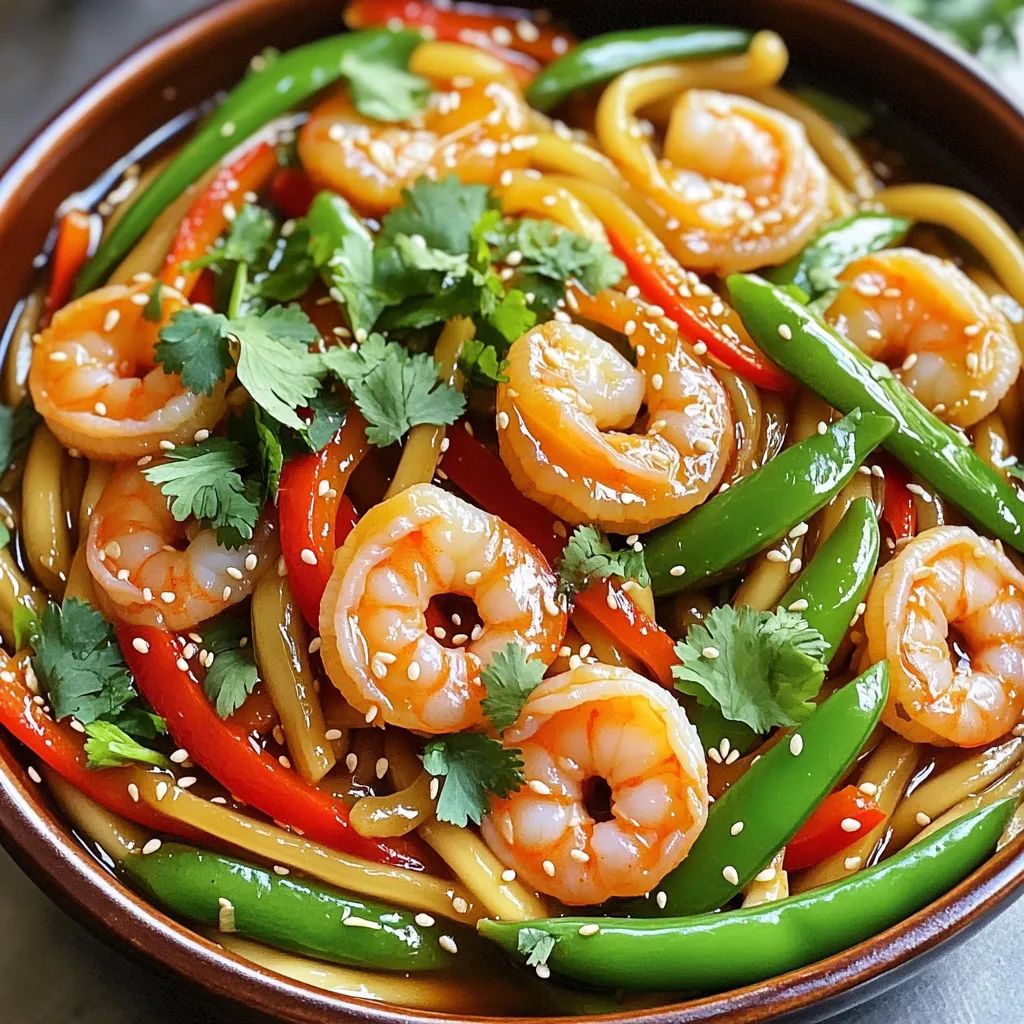 - 8 oz udon noodles (or noodles of your choice) - 1 lb shrimp, peeled and deveined - 2 tablespoons teriyaki sauce - 1 tablespoon soy sauce - 1 tablespoon sesame oil - 2 teaspoons fresh ginger, minced - 2 cloves garlic, minced - 1 cup snap peas - 1 red bell pepper, sliced - 2 green onions, chopped - Sesame seeds for garnish - Fresh cilantro for garnish These key ingredients create a rich and tasty dish. The udon noodles give a nice base. They are chewy and soak up the sauce well. Shrimp adds a sweet flavor and protein. The vegetables bring crunch and color. Snap peas and red bell pepper stand out. They not only look good but also add nutrients. The sauces are essential too. Teriyaki sauce gives a sweet and savory taste. Soy sauce adds saltiness that balances the dish. Don't forget the ginger and garlic! They make the dish smell amazing. Plus, they add depth to the flavor profile. The sesame oil gives a nutty touch that rounds everything out nicely. For garnish, use green onions, sesame seeds, and fresh cilantro. They add a pop of color and fresh taste. Enjoy this easy meal that is sure to impress! First, boil water in a pot. Add 8 oz of udon noodles. Cook them according to the package instructions. This usually takes about 3 to 5 minutes. Be careful not to overcook them. Drain the noodles and set them aside. Timing is key here. Perfectly cooked noodles make a big difference in your dish. Next, grab a large pan or wok. Heat 1 tablespoon of sesame oil over medium-high heat. Once hot, add 2 teaspoons of minced ginger and 2 cloves of minced garlic. Sauté them for about 30 seconds. You want them to become fragrant but not burnt. This step builds a rich base for your dish. Now, add 1 lb of peeled and deveined shrimp to the pan. Cook the shrimp for about 2 to 3 minutes. They should turn pink and opaque. Then toss in 1 cup of snap peas and 1 sliced red bell pepper. Stir them for another 2 to 3 minutes. You want the veggies to stay crisp-tender. It's time to bring everything together. Add the cooked udon noodles into the pan. Pour in 2 tablespoons of teriyaki sauce and 1 tablespoon of soy sauce. Toss everything well. Ensure the noodles are heated through and well-coated in the sauce. This step makes the dish flavorful and tasty. Remove the pan from heat. Garnish your dish with chopped green onions, sesame seeds, and fresh cilantro. This adds color and texture to your meal. Serve it in a large bowl or on individual plates. Enjoy your Minute Teriyaki Shrimp Noodles! - Achieving the perfect texture: To get the right texture for your noodles, cook them just until tender. This usually takes about 3-5 minutes. If you overcook them, they become mushy. After draining, rinse them under cold water to stop the cooking process. - Ensuring shrimp are properly cooked: Cook the shrimp on medium-high heat for about 2-3 minutes. They should turn pink and opaque. If you cook them too long, they can become tough. Always monitor the color change closely. - Ideal presentation styles: For a nice look, serve the noodles in a large bowl. You can also use individual plates. Top the dish with chopped green onions and sesame seeds for a pop of color. Adding fresh cilantro enhances the visual appeal and flavor. - Pairing options with other dishes: This dish pairs well with a fresh salad or steamed vegetables. You could also serve it with lime wedges. The acidity from lime adds a nice zing to the meal. Enjoying it with a light soup can round out your dinner nicely. {{image_2}} You can swap out the udon noodles for other types. Rice noodles work well and cook fast. You might also try egg noodles or even zucchini noodles for a low-carb option. Each type brings its own taste and texture. For the veggies, feel free to mix it up! Broccoli, carrots, or bell peppers add great crunch. You can also use bok choy or snap peas for a fresh touch. Pick what you like or what you have on hand. Want to add some heat? Try red pepper flakes or a dash of hot sauce. These give your dish a spicy kick. If you love flavor, add a bit of chili garlic sauce for more depth. You can also experiment with different sauces. Swap the teriyaki sauce for a sweet chili sauce for a tangy twist. Or, use hoisin sauce for a rich flavor. Mixing in a bit of lime juice can brighten the whole dish. Each change can make your meal new and exciting! To keep your Minute Teriyaki Shrimp Noodles fresh, place them in an airtight container. This helps to avoid moisture loss and keeps flavors intact. You can store them in the fridge for up to three days. If you want to keep them longer, consider freezing them. They can last up to two months in the freezer. When you’re ready to enjoy your leftovers, I recommend reheating them on the stove. Add a splash of water or extra teriyaki sauce to help bring back moisture. Heat on low for about five minutes, stirring gently. This method helps keep the noodles and shrimp tender. Avoid using the microwave if you can; it can make the noodles rubbery. Enjoy your tasty meal again! Making Minute Teriyaki Shrimp Noodles takes about 20 minutes total. Here's the quick breakdown: - Prep Time: 10 minutes to gather and cut your ingredients. - Cooking Time: 10 minutes for boiling noodles and sautéing shrimp. This fast process leaves you with a tasty meal in no time. Yes, you can use frozen shrimp. Just make sure to thaw them first. If you don't, the shrimp may not cook evenly. You can thaw shrimp by placing them in cold water for about 10-15 minutes. This method is quick and easy, making meal prep even faster. If you can’t find udon noodles, don’t worry! Here are some great alternatives: - Rice noodles: They cook quickly and have a nice texture. - Spaghetti: A common option, it works well in a pinch. - Zucchini noodles: For a low-carb choice, try spiralizing zucchini. Feel free to use any noodle you like! To make Minute Teriyaki Shrimp Noodles gluten-free, you can make a few changes: - Use gluten-free soy sauce instead of regular soy sauce. - Opt for rice noodles instead of udon noodles. These swaps keep the dish tasty while meeting gluten-free needs. Enjoy your meal without worry! This blog post covered all you need to know about making tasty Minute Teriyaki Shrimp Noodles. We discussed the key ingredients, like udon noodles, shrimp, and fresh veggies. You learned step-by-step instructions for cooking and combining the dish. Tips helped with texture and presentation. You can play with different noodles and sauces, too. Lastly, we shared storage tips to keep leftovers fresh. With this guide, you can enjoy a delicious meal any time. Happy cooking!