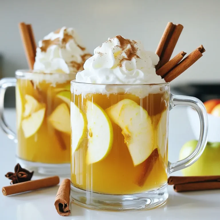 For this warm maple apple bourbon cocktail, you need a few key ingredients: - 2 cups apple cider - 1/4 cup pure maple syrup - 1 teaspoon ground cinnamon - 1/2 teaspoon ground nutmeg - 1/4 teaspoon ground ginger - 1 medium apple, thinly sliced - 1 tablespoon lemon juice - 1 cup water These ingredients work well together. The apple cider gives sweetness and warmth. The maple syrup adds rich flavor. The spices bring warmth, making this drink cozy. Getting the right amounts is key to a great drink. Use a measuring cup for liquids and a set of spoons for spices. - For apple cider, measure exactly 2 cups. - Use 1/4 cup for maple syrup—no more, no less. - For spices, level off the measuring spoons to get the right flavor. If you change the amounts, it may not taste the same. Adding a garnish can make your drink look special. Here are two ideas: - Whipped cream for a creamy top. - Cinnamon sticks for a fun stirrer and added spice. These garnishes are simple but enhance the drink's look and taste. You can use them or skip them, based on your choice. Start by grabbing a medium pot. You will need that for the base of our warm drink. Add 2 cups of apple cider to the pot. Pour in 1/4 cup of pure maple syrup. This gives the drink a sweet touch. Next, add 1 teaspoon of ground cinnamon, 1/2 teaspoon of ground nutmeg, and 1/4 teaspoon of ground ginger. These spices will create a warm, cozy flavor. Now, pour in 1 cup of water. Place the pot over medium heat. Stir the mixture gently as it warms. You want it to reach a gentle simmer, not a boil. Heat it for about 5 minutes, stirring occasionally. This will help blend the flavors well. While the cider mixture heats, prep the apple. Take one medium apple and slice it thinly. Toss these slices in a bowl with 1 tablespoon of lemon juice. This step prevents the apple from browning. Let it sit for about 5 minutes. The lemon juice adds a nice tang to the apples. Once your cider is warmed, it’s time to add the apple slices. Carefully add them to the pot. Heat for an extra 2 to 3 minutes. You want the apples to soften slightly but not turn mushy. After the apples are warm, remove the pot from heat. Let it cool for a minute. Grab some heatproof mugs and ladle the cocktail into them. Be sure to include some apple slices in each mug. Now for the fun part! Top each serving with a dollop of whipped cream. This adds richness and creaminess. Finally, garnish with a cinnamon stick. It gives an extra touch of flavor and looks great. Enjoy your warm maple apple bourbon cocktail! To boost the flavor of your Warm Maple Apple Bourbon Cocktail, try these tips: - Use fresh apple cider. It offers a richer taste than pre-packaged ones. - Opt for pure maple syrup instead of imitation. It adds depth to the drink. - Toast your spices lightly in a dry pan before adding them. This brings out their best notes. - Add a pinch of sea salt. It can enhance the sweetness and balance flavors. Serve your cocktail warm, but not too hot. Aim for a cozy temperature that feels inviting. Use heatproof mugs or glass cups. They keep the drink warm longer. Make sure your glassware is clean and dry before pouring. That way, you avoid any strange tastes. A great presentation makes your cocktail even more enjoyable. Here are some tips: - Add apple slices to each mug before serving. This adds color and charm. - Top with a generous dollop of whipped cream. It looks inviting and tastes great. - Use a cinnamon stick as a garnish. It adds a rustic touch. - Consider a sprinkle of extra cinnamon on top for added flair. It’s simple but effective! {{image_2}} You can easily switch this drink to fit your taste. For a fun twist, keep the warm apple cider base but leave out the bourbon. This creates a cozy, non-alcoholic drink. You still get the sweet maple and warm spices. Kids and non-drinkers will love it too! Feel free to change the fruits and spices based on what's in season. In fall, add pears or cranberries for a fresh touch. In winter, consider using fresh orange slices or pomegranate seeds. You can also swap the cinnamon and nutmeg for pumpkin spice for a festive flavor. Want to make your drink even more special? Try adding a splash of vanilla extract or a hint of clove for depth. If you prefer something stronger, mix in some spiced rum or whiskey instead of bourbon. Each addition can create a new flavor profile, making this drink your own. If you have leftover Warm Maple Apple Bourbon Cocktail, store it in the fridge. Pour the cocktail into a clean glass jar or a food-safe container. Cover it tightly. This keeps the flavors fresh and prevents spills. Consume within three days for best taste. When you want to enjoy your cocktail again, reheat it gently. Pour the mixture into a pot. Heat it on low to medium heat. Stir often to avoid burning. Heat until warm but not boiling. This keeps the spices and flavors intact. Use glass jars or BPA-free plastic containers for storage. These options do not affect the taste. Choose containers with tight-fitting lids. This helps to seal in the flavor and aroma of your cocktail. Avoid metal containers, as they can alter the taste. Yes, you can use other spirits. Try using rum or whiskey instead of bourbon. Rum adds a sweet touch. Whiskey brings a richer flavor. Each spirit gives a unique twist to the drink. To make a larger batch, simply multiply the ingredients. For example, use 8 cups of apple cider and 1 cup of maple syrup for eight servings. Heat the mixture in a big pot. This way, you can serve many friends at once! Pair this cocktail with warm snacks. Try soft pretzels or spiced nuts. Cheese and crackers also work well. For a sweeter option, serve apple slices with caramel dip. These snacks enhance the drink's flavors. We explored how to create a delicious cocktail from fresh apple cider. You learned about the key ingredients and the right measurements for balance. The step-by-step guide showed you how to prepare and infuse flavors. Tips and tricks helped refine serving styles and presentation. You discovered fun variations, storage advice, and answers to common questions. Enjoying this cocktail can be fun and easy. Now, grab your ingredients and start mixing!