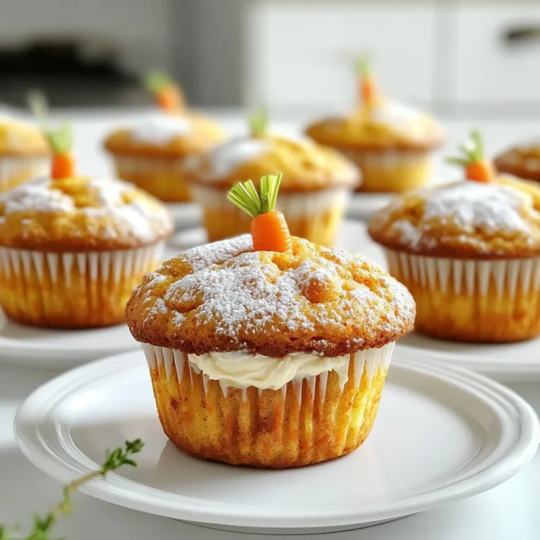 - 1 ½ cups all-purpose flour - 1 teaspoon baking powder - ½ teaspoon baking soda - ½ teaspoon ground cinnamon - ¼ teaspoon ground nutmeg - ¼ teaspoon salt - ½ cup granulated sugar - ½ cup brown sugar, packed - ½ cup vegetable oil - 2 large eggs - 2 cups grated carrots - ½ cup crushed pineapple, drained - ½ cup chopped walnuts (optional) - ½ cup raisins (optional) - 4 oz cream cheese, softened - ¼ cup powdered sugar - 1 teaspoon vanilla extract Each of these ingredients plays a key role in making the muffins tasty. The all-purpose flour gives structure, while the sugars add sweetness. The spices, like cinnamon and nutmeg, bring warmth and flavor. Grated carrots and crushed pineapple add moisture and a fun texture. If you want crunch, toss in walnuts or raisins. For the cream cheese filling, soft cream cheese pairs well with powdered sugar and vanilla. This mixture adds a rich, creamy surprise inside each muffin. You can adjust the sweetness of the filling to suit your taste. Gather these items before you start baking. Having everything ready helps make the process smoother and more enjoyable. - Preheat the oven to 350°F (180°C). - Line the muffin tin with paper liners. - In a bowl, combine 1 ½ cups all-purpose flour, 1 teaspoon baking powder, ½ teaspoon baking soda, ½ teaspoon ground cinnamon, ¼ teaspoon ground nutmeg, and ¼ teaspoon salt. - Whisk these dry ingredients together until they mix well. - In a separate bowl, whisk together ½ cup granulated sugar, ½ cup brown sugar, and ½ cup vegetable oil. - Add 2 large eggs, one at a time, and mix until smooth. - Fold in 2 cups of grated carrots, ½ cup crushed pineapple, ½ cup chopped walnuts, and ½ cup raisins if you choose to use them. - Gently fold in the dry ingredients into the wet mixture until just combined. Do not overmix; this keeps muffins light and fluffy. - In a bowl, beat 4 oz of softened cream cheese, ¼ cup powdered sugar, and 1 teaspoon vanilla extract until smooth and creamy. - Spoon about 1 tablespoon of muffin batter into each lined muffin cup. - Add a teaspoon of the cream cheese filling in the center, then top with another tablespoon of muffin batter. Make sure the filling is covered. - Bake for 18-20 minutes. Check for doneness by inserting a toothpick; it should come out clean, aside from the cream cheese filling. To make sure your muffins turn out well, avoid overmixing the batter. Mix just until the dry and wet ingredients blend. Overmixing can make the muffins tough. When baking, check for doneness using a toothpick. Insert it in the center of a muffin. If it comes out clean, your muffins are ready! For extra flavor, consider adding a pinch of ground ginger or allspice to the batter. These spices can create a warm, cozy taste. Using fresh pineapple can add juiciness. If using canned pineapple, make sure to drain it well. This helps prevent soggy muffins. To make your muffins look special, dust them lightly with powdered sugar. This adds a sweet touch without being too much. You can also garnish with small carrot pieces or mint leaves. This adds color and a fresh look to your muffins. {{image_2}} You can switch out granulated sugar for honey or maple syrup. Honey adds a floral note, while maple syrup gives a rich flavor. Use about ¾ cup of honey or maple syrup for every cup of sugar. Remember to reduce other liquids slightly since these sweeteners are liquid. If you need a gluten-free version, use gluten-free flour. Look for a blend that works well in baking. This will keep the muffins light and fluffy. Just substitute the same amount of gluten-free flour for all-purpose flour. You can enhance your muffins by adding coconut or citrus zest. Shredded coconut gives a chewy texture and a tropical taste. Lemon or orange zest brightens the flavor and adds freshness. You can also incorporate other nuts or dried fruits. Pecans, almonds, or hazelnuts work well. For dried fruits, try cranberries or apricots for extra sweetness. These changes make each muffin unique and delicious. To store your muffins at room temperature, place them in an airtight container. This keeps them fresh for a few days. Make sure the muffins are completely cool before sealing. If you want to keep them moist, add a slice of bread to the container. The bread helps maintain the right texture. For long-term storage, freezing your muffins is a great option. Wrap each muffin in plastic wrap, then place them in a freezer bag. This method keeps them fresh for up to three months. When you want to enjoy a muffin, remove it from the freezer. Thaw it in the fridge overnight, or leave it at room temperature for a few hours. You can also reheat muffins in the oven at 350°F for about 10 minutes for a fresh-baked taste. Carrot cake muffins with cream cheese can last about three days at room temperature. If stored in the fridge, they stay fresh for a week. If frozen, they will remain good for about three months. Always check for signs of spoilage before eating. Look for mold or an off smell. Enjoy your muffins while they are fresh for the best flavor! Yes, you can make these muffins vegan. Use flaxseed meal mixed with water as a substitute for eggs. For each egg, mix 1 tablespoon of flaxseed meal with 3 tablespoons of water. Let it sit for about 5 minutes. For dairy, swap the cream cheese with a vegan cream cheese. Use plant-based milk instead of oil if needed. If you want an alternative to cream cheese, try using Greek yogurt or silken tofu. You can blend silken tofu with a touch of lemon juice for a creamy texture. Dairy-free cream cheese also works well. Just ensure the flavor complements the muffins. To know if your muffins are done, insert a toothpick in the center. If it comes out clean, the muffins are ready. The tops should be lightly golden, and they should spring back when gently pressed. Absolutely! You can add more mix-ins. Consider using shredded coconut, chocolate chips, or sunflower seeds. You can also swap walnuts for pecans or use dried cranberries instead of raisins. Experimenting with mix-ins adds fun flavors and textures. You learned how to make delicious muffins with a creamy filling. We covered the key ingredients, from dry and wet mixes to tasty add-ins. Precise steps ensured you could easily follow along. I shared tips to perfect your muffins and noted smart storage ideas. With these skills, you can delight friends and family. Enjoy experimenting with flavors and creating your own versions. Happy baking!