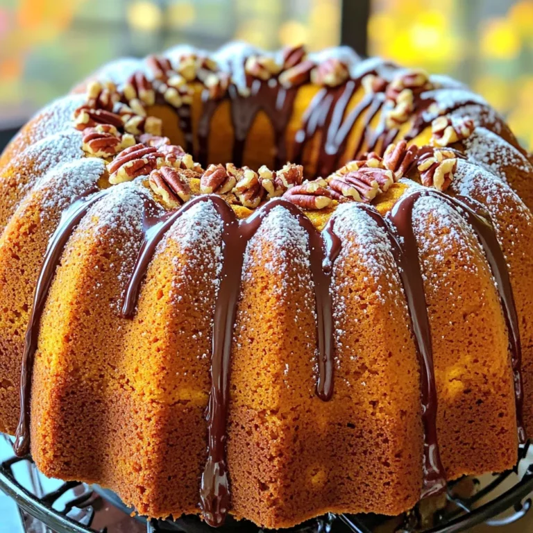 To make a delicious Pumpkin Chocolate Chip Bundt Cake, you need a few key ingredients. These ingredients work together to create a moist and flavorful cake that is perfect for fall. - 2 cups pumpkin puree - 1 cup granulated sugar - 1 cup brown sugar, packed - 1 cup vegetable oil - 4 large eggs - 3 cups all-purpose flour - 2 teaspoons baking soda - 1 teaspoon baking powder - 1 teaspoon salt - 2 teaspoons ground cinnamon - 1 teaspoon ground nutmeg - 1 teaspoon ground ginger - 1 teaspoon vanilla extract - 1 cup semi-sweet chocolate chips - 1/2 cup chopped pecans (optional) Pumpkin puree is the star of this cake. It gives the cake its lovely orange color and rich flavor. Using both granulated and brown sugar helps create a sweet and moist texture. Vegetable oil keeps the cake tender and helps it rise. Eggs are key to binding the ingredients together. They also add moisture and richness. The dry ingredients, like flour, baking soda, and baking powder, give structure to the cake. Spices like cinnamon, nutmeg, and ginger add warmth and aroma. Finally, the chocolate chips bring a sweet surprise in every bite. If you love nuts, feel free to add chopped pecans for extra crunch. These ingredients all work together to create a delightful fall treat that everyone will enjoy. Start by preheating your oven to 350°F (175°C). This step warms the oven evenly and helps the cake rise. Next, grease and flour your Bundt pan generously. I like to use cooking spray and then add flour. This method helps the cake slide out easily. Proper preparation is key. If the pan is not greased well, the cake may stick. In a large mixing bowl, combine 2 cups of pumpkin puree, 1 cup of granulated sugar, 1 cup of brown sugar, and 1 cup of vegetable oil. Mix these ingredients well until smooth. This blend gives the cake its rich flavor and moist texture. Next, add 4 large eggs one at a time. Whisk well after each egg. Stir in 1 teaspoon of vanilla extract. This adds a nice depth of flavor to the batter. In a separate bowl, whisk together 3 cups of all-purpose flour, 2 teaspoons of baking soda, 1 teaspoon of baking powder, 1 teaspoon of salt, and your spices. Use 2 teaspoons of ground cinnamon, 1 teaspoon of ground nutmeg, and 1 teaspoon of ground ginger. These spices give the cake its warm, fall flavor. Gradually add the dry mixture to the wet ingredients. Stir gently until just combined. Be careful not to over-mix, as this can make the cake tough. Pour the batter into your prepared Bundt pan. Smooth the top with a spatula for an even bake. Bake in the preheated oven for 55 to 65 minutes. Check for doneness by inserting a toothpick in the center. If it comes out clean, the cake is ready. Once baked, remove the cake from the oven. Let it cool in the pan for 15 to 20 minutes. Then, transfer it to a wire rack to cool completely. This cooling step helps set the cake's texture. - Avoiding over-mixing: When you mix the batter, do it gently. Over-mixing can make the cake tough. Stir until just combined. This keeps the cake soft and fluffy. - Baking at the right temperature: Set your oven to 350°F (175°C). An accurate temperature helps the cake bake evenly. Use an oven thermometer to check if needed. - Dusting with powdered sugar: Once the cake cools, sprinkle powdered sugar on top. This adds a sweet touch and looks nice. - Using melted chocolate and pecans for an elegant presentation: Drizzle melted chocolate over the cake for a rich flavor. Add chopped pecans on top for crunch. This makes the cake not only tasty but also pretty. - Over-greasing the pan: Use just enough grease to coat the pan. Too much can make the cake greasy and affect the texture. - Not letting the cake cool properly: After baking, let the cake sit for 15-20 minutes. This helps it firm up and makes it easier to remove from the pan. If you take it out too soon, it might break. {{image_2}} To make this cake gluten-free, you can use almond flour or a gluten-free blend. Both options work well and keep the cake moist. If using a gluten-free mix, check the label for xanthan gum. This helps bind the ingredients together. You may need to bake the cake a bit longer, so check for doneness at 65-70 minutes. To create a vegan version, replace the eggs with flax eggs. Mix one tablespoon of ground flaxseed with three tablespoons of water. Let it sit for five minutes to thicken. For the dairy, use almond milk or coconut milk instead of regular milk. Make sure the chocolate chips are dairy-free too. This way, everyone can enjoy a slice! You can give the cake a new twist by adding nuts or dried fruits. Chopped walnuts or pecans add crunch. Dried cranberries or raisins bring a sweet burst. To enhance the flavor, consider adding a pinch of cloves or allspice. They pair well with the warm spices and give the cake a cozy taste. Mixing these elements makes your Bundt cake unique and fun! To keep your leftover Pumpkin Chocolate Chip Bundt Cake fresh, you have two options. You can store it at room temperature or in the fridge. If you choose room temperature, make sure to cover it well. Use plastic wrap or foil to keep it moist. It can last about three days this way. If you want to keep it longer, refrigerating is best. Place the cake in an airtight container. This helps prevent it from drying out. In the fridge, it will stay fresh for about a week. If you have more cake than you can eat, freezing is a great choice. First, let the cake cool completely. Wrap it tightly in plastic wrap. Then, place it in a freezer-safe bag or container. This helps keep out air and moisture. To enjoy the cake later, simply take it out of the freezer. Let it thaw in the fridge overnight for best results. You can also leave it on the counter for a few hours. Just remember, thawing in the fridge keeps the cake nice and moist. Enjoy your delicious treat anytime! Pumpkin Chocolate Chip Bundt Cake stays fresh for about three days at room temperature. Make sure you keep it covered. If you put it in the fridge, it can last up to a week. I recommend wrapping it well to keep it moist. The cold helps slow down any spoilage. Yes, you can use fresh pumpkin! Fresh pumpkin adds a bright flavor. To prepare it, cut the pumpkin, remove the seeds, and roast it. After roasting, scoop out the flesh and mash it. This gives you about the same amount as canned. Fresh pumpkin can be a bit watery, so drain any excess moisture before using it. This will help your cake stay fluffy. You can serve this cake with many tasty drinks. A warm cup of coffee or hot tea pairs well. Try it with a scoop of vanilla ice cream for a sweet treat. Whipped cream on top adds a nice touch too. You could even sprinkle some cinnamon for extra flavor. Enjoy your cake with friends and family for a lovely fall treat! You learned how to make a delicious Pumpkin Chocolate Chip Bundt Cake. We covered ingredients, step-by-step instructions, and helpful tips. Remember to mix carefully and let your cake cool. Don't forget to try variations for different diets and flavors. Proper storage will keep your cake fresh longer. Enjoy this tasty treat and share it with others. Your kitchen will smell amazing, and your taste buds will thank you! Happy baking!