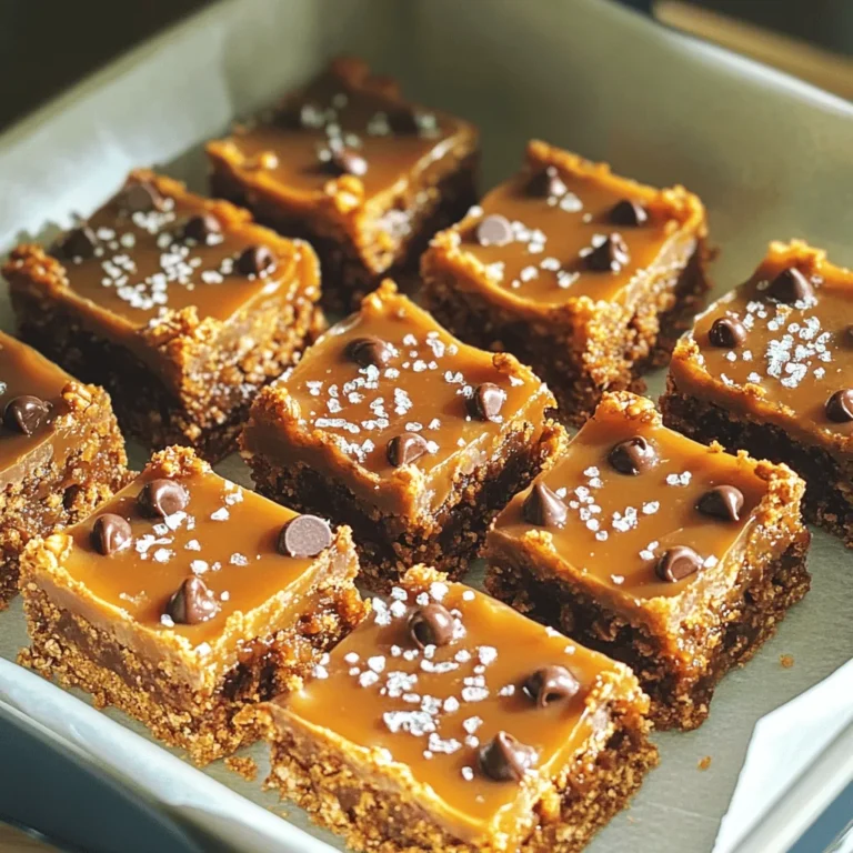 To make these salted caramel pretzel bars, you will need: - 2 cups pretzel crisps - 1 cup unsalted butter, melted - 1 cup brown sugar, packed - 1 cup sweetened condensed milk - 1 cup semi-sweet chocolate chips - 1 teaspoon vanilla extract - 1/2 teaspoon sea salt - Optional: Flaky sea salt for topping You can swap some ingredients for healthier choices: - Use whole grain pretzel crisps for added fiber. - Replace unsalted butter with coconut oil for a dairy-free option. - Try using light brown sugar to reduce sweetness. - Use low-fat sweetened condensed milk for fewer calories. - For a vegan twist, use dairy-free chocolate chips. When choosing ingredients, I trust these brands: - Pretzel Crisps: Snyder's of Hanover for crunch and flavor. - Butter: Kerrygold for rich taste. - Brown Sugar: Domino for consistent quality. - Sweetened Condensed Milk: Eagle Brand for smooth texture. - Chocolate Chips: Ghirardelli for premium chocolate flavor. Using quality ingredients makes a big difference in taste. Enjoy crafting this sweet treat! First, grab an 8x8 inch baking dish. Line it with parchment paper. Leave some paper hanging over the edges. This overhang helps you lift the bars out later. Make sure the paper fits snugly in the corners. This step makes removing the bars easy and clean. Now, let’s make the crust. In a large mixing bowl, add 2 cups of pretzel crisps. Pour in 1 cup of melted unsalted butter. Use a spoon or your hands to mix well. You want every pretzel to be coated in butter. Once mixed, press half of this mixture into the bottom of the lined dish. Make it even and firm. This crust will hold all the tasty layers together. Next, we’ll create the delicious caramel. In a medium saucepan over medium heat, combine 1 cup of packed brown sugar, 1 cup of sweetened condensed milk, and 1/2 teaspoon of sea salt. Stir this mixture constantly. Keep an eye on it until it bubbles and thickens slightly. This takes about 5 minutes. Once it’s ready, remove it from heat. Stir in 1 teaspoon of vanilla extract and 1 cup of semi-sweet chocolate chips. Mix until smooth and creamy. Pour this caramel over the pretzel crust, spreading it evenly. Top it with the remaining pretzel mixture. Press it gently to stick. Now, place the dish in the fridge and let it set for at least 2 hours. This helps the layers bond together. To get the best texture, make sure to pack the pretzel crust well. This helps it hold shape. When you press the mixture into the dish, use the back of a spoon or your hands. It should feel firm but not too hard. The caramel layer should be smooth. Keep stirring until it bubbles to thicken. This step makes it creamy and rich. Using parchment paper is key to prevent sticking. Line the baking dish with it, leaving some hanging over the edges. This makes it easy to lift the bars out later. After chilling, gently pull on the parchment to remove the bars. You can also lightly coat the dish with cooking spray for extra help. These bars are best served chilled. Cut them into squares for easy sharing. For a fun twist, add extra toppings. A sprinkle of flaky sea salt gives a nice crunch. You could also drizzle some melted chocolate on top. Serve with cold milk or coffee for a perfect treat. Enjoy your sweet and salty delight! {{image_2}} You can make these bars even more fun with a chocolate drizzle. Melt some chocolate chips in a bowl. Use a microwave or a double boiler. Once melted, drizzle it over the top of the bars. This adds a nice touch and rich flavor. You can also use white chocolate for a sweet twist. Just melt and drizzle like before. The chocolate will harden as the bars chill. To add some crunch, consider mixing in nuts. Chopped pecans or walnuts work great. Just stir in about half a cup when you mix the pretzels with butter. The nuts give a lovely texture and flavor boost. You can also sprinkle nuts on top with the chocolate drizzle. This makes the bars even more tasty and fun to eat. You can switch up the flavor by using different extracts. Instead of vanilla, try almond or coconut extract. Just use one teaspoon in the caramel mixture. This small change makes a big difference in taste. You can mix up flavors each time you make these bars. It keeps things exciting and new, and you may find a new favorite! To keep your salted caramel pretzel bars fresh, store them in the fridge. Place the bars in an airtight container. They will stay good for about one week. Make sure they are cool before sealing. This helps keep the texture nice and firm. If you want to save some bars for later, freezing works well. Wrap each bar in plastic wrap. Then, place them in a freezer-safe bag. They can last up to three months in the freezer. When you crave a sweet treat, just thaw them overnight in the fridge. Choose the right container for storage. An airtight container is best. Glass or plastic containers work well. Avoid using containers that let air in, as this can make them stale. For extra protection, line the container with parchment paper. This helps prevent sticking and keeps them fresh longer. Yes, you can use regular pretzels. Just crush them into small pieces. The texture will change a bit, but they will still taste great. The crunch and saltiness will shine through. If you like a softer bite, go for pretzel crisps. They mix and bind well. These bars can last up to one week in the fridge. Store them in an airtight container to keep them fresh. Make sure they are fully set before you store them. This helps maintain their texture and flavor. To cut the bars cleanly, use a sharp knife. Warm the knife under hot water for a few seconds. Wipe it dry before cutting. This method helps the knife glide through the layers. You can also use a ruler to measure even slices. This blog highlights the core ingredients needed for delicious bars and shares easy steps for baking. You learn how to create a tasty pretzel crust and a rich caramel mixture. Tips ensure you achieve the right texture and prevent sticking. We also explore fun variations, storage tips, and answer common questions. Now you can enjoy making your own bars with confidence. Experiment with flavors and share them with friends! Enjoy each bite and let your creativity shine.