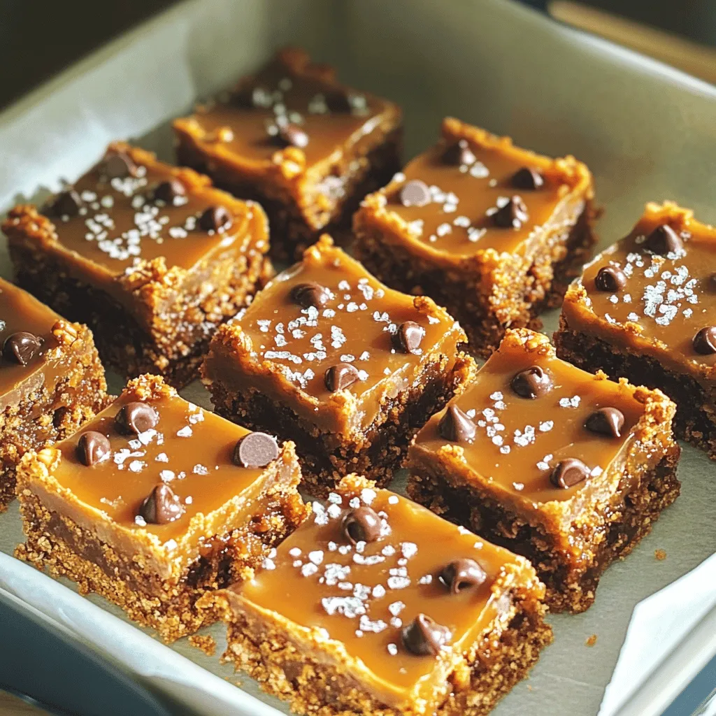 To make these salted caramel pretzel bars, you will need: - 2 cups pretzel crisps - 1 cup unsalted butter, melted - 1 cup brown sugar, packed - 1 cup sweetened condensed milk - 1 cup semi-sweet chocolate chips - 1 teaspoon vanilla extract - 1/2 teaspoon sea salt - Optional: Flaky sea salt for topping You can swap some ingredients for healthier choices: - Use whole grain pretzel crisps for added fiber. - Replace unsalted butter with coconut oil for a dairy-free option. - Try using light brown sugar to reduce sweetness. - Use low-fat sweetened condensed milk for fewer calories. - For a vegan twist, use dairy-free chocolate chips. When choosing ingredients, I trust these brands: - Pretzel Crisps: Snyder's of Hanover for crunch and flavor. - Butter: Kerrygold for rich taste. - Brown Sugar: Domino for consistent quality. - Sweetened Condensed Milk: Eagle Brand for smooth texture. - Chocolate Chips: Ghirardelli for premium chocolate flavor. Using quality ingredients makes a big difference in taste. Enjoy crafting this sweet treat! First, grab an 8x8 inch baking dish. Line it with parchment paper. Leave some paper hanging over the edges. This overhang helps you lift the bars out later. Make sure the paper fits snugly in the corners. This step makes removing the bars easy and clean. Now, let’s make the crust. In a large mixing bowl, add 2 cups of pretzel crisps. Pour in 1 cup of melted unsalted butter. Use a spoon or your hands to mix well. You want every pretzel to be coated in butter. Once mixed, press half of this mixture into the bottom of the lined dish. Make it even and firm. This crust will hold all the tasty layers together. Next, we’ll create the delicious caramel. In a medium saucepan over medium heat, combine 1 cup of packed brown sugar, 1 cup of sweetened condensed milk, and 1/2 teaspoon of sea salt. Stir this mixture constantly. Keep an eye on it until it bubbles and thickens slightly. This takes about 5 minutes. Once it’s ready, remove it from heat. Stir in 1 teaspoon of vanilla extract and 1 cup of semi-sweet chocolate chips. Mix until smooth and creamy. Pour this caramel over the pretzel crust, spreading it evenly. Top it with the remaining pretzel mixture. Press it gently to stick. Now, place the dish in the fridge and let it set for at least 2 hours. This helps the layers bond together. To get the best texture, make sure to pack the pretzel crust well. This helps it hold shape. When you press the mixture into the dish, use the back of a spoon or your hands. It should feel firm but not too hard. The caramel layer should be smooth. Keep stirring until it bubbles to thicken. This step makes it creamy and rich. Using parchment paper is key to prevent sticking. Line the baking dish with it, leaving some hanging over the edges. This makes it easy to lift the bars out later. After chilling, gently pull on the parchment to remove the bars. You can also lightly coat the dish with cooking spray for extra help. These bars are best served chilled. Cut them into squares for easy sharing. For a fun twist, add extra toppings. A sprinkle of flaky sea salt gives a nice crunch. You could also drizzle some melted chocolate on top. Serve with cold milk or coffee for a perfect treat. Enjoy your sweet and salty delight! {{image_2}} You can make these bars even more fun with a chocolate drizzle. Melt some chocolate chips in a bowl. Use a microwave or a double boiler. Once melted, drizzle it over the top of the bars. This adds a nice touch and rich flavor. You can also use white chocolate for a sweet twist. Just melt and drizzle like before. The chocolate will harden as the bars chill. To add some crunch, consider mixing in nuts. Chopped pecans or walnuts work great. Just stir in about half a cup when you mix the pretzels with butter. The nuts give a lovely texture and flavor boost. You can also sprinkle nuts on top with the chocolate drizzle. This makes the bars even more tasty and fun to eat. You can switch up the flavor by using different extracts. Instead of vanilla, try almond or coconut extract. Just use one teaspoon in the caramel mixture. This small change makes a big difference in taste. You can mix up flavors each time you make these bars. It keeps things exciting and new, and you may find a new favorite! To keep your salted caramel pretzel bars fresh, store them in the fridge. Place the bars in an airtight container. They will stay good for about one week. Make sure they are cool before sealing. This helps keep the texture nice and firm. If you want to save some bars for later, freezing works well. Wrap each bar in plastic wrap. Then, place them in a freezer-safe bag. They can last up to three months in the freezer. When you crave a sweet treat, just thaw them overnight in the fridge. Choose the right container for storage. An airtight container is best. Glass or plastic containers work well. Avoid using containers that let air in, as this can make them stale. For extra protection, line the container with parchment paper. This helps prevent sticking and keeps them fresh longer. Yes, you can use regular pretzels. Just crush them into small pieces. The texture will change a bit, but they will still taste great. The crunch and saltiness will shine through. If you like a softer bite, go for pretzel crisps. They mix and bind well. These bars can last up to one week in the fridge. Store them in an airtight container to keep them fresh. Make sure they are fully set before you store them. This helps maintain their texture and flavor. To cut the bars cleanly, use a sharp knife. Warm the knife under hot water for a few seconds. Wipe it dry before cutting. This method helps the knife glide through the layers. You can also use a ruler to measure even slices. This blog highlights the core ingredients needed for delicious bars and shares easy steps for baking. You learn how to create a tasty pretzel crust and a rich caramel mixture. Tips ensure you achieve the right texture and prevent sticking. We also explore fun variations, storage tips, and answer common questions. Now you can enjoy making your own bars with confidence. Experiment with flavors and share them with friends! Enjoy each bite and let your creativity shine.